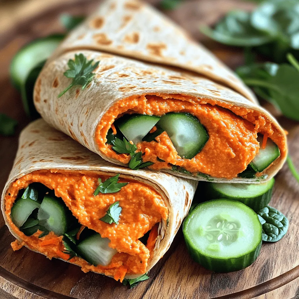 - 1 cup roasted red peppers, drained and chopped - 1 can (15 oz) chickpeas, rinsed and drained - 1/4 cup tahini - 2 tablespoons olive oil - 2 tablespoons lemon juice - 2 cloves garlic, minced - 4 large whole wheat tortilla wraps - 1 cup fresh spinach or mixed greens - 1/2 cucumber, thinly sliced - 1 medium carrot, grated - 1 teaspoon ground cumin - Salt and pepper to taste To make a tasty Roasted Red Pepper Hummus, start with roasted red peppers. They add a sweet and smoky flavor. Chickpeas bring creaminess and protein. Tahini adds richness and depth. Olive oil gives the dip a smooth finish. Lemon juice brightens the taste. Finally, minced garlic adds a nice kick. For the wraps, choose whole wheat tortillas for a healthy touch. Fresh spinach or mixed greens bring crunch. Cucumber slices add freshness, while grated carrot adds sweetness and color. Lastly, season the hummus with ground cumin, salt, and pepper for extra flavor. Adjust the seasonings to your liking. Enjoy this simple yet delicious meal that packs flavor and nutrients! To make the roasted red pepper hummus, start by gathering your ingredients. You will need: - 1 cup roasted red peppers, drained and chopped - 1 can (15 oz) chickpeas, rinsed and drained - 1/4 cup tahini - 2 tablespoons olive oil - 2 tablespoons lemon juice - 2 cloves garlic, minced - 1 teaspoon ground cumin - Salt and pepper to taste Next, place all these ingredients in a food processor. Pulse the mixture until it becomes smooth and creamy. If the hummus is too thick, add a little water to reach your desired consistency. Taste it and adjust with more salt or lemon juice if needed. This step sets the base for a rich, flavorful spread. Now it’s time to assemble your wraps. Lay out the whole wheat tortilla wraps on a clean surface. Each wrap can hold about 1/4 of the hummus you just made. Spread the hummus evenly over each tortilla. After that, add your fillings. I like to put a generous handful of fresh spinach or mixed greens on top. Then, add thin slices of cucumber and some grated carrot. These veggies not only add crunch but also a burst of color. To fold the wraps, start by turning in the sides of the tortilla. Then, roll it tightly from the bottom to the top. This keeps all your delicious fillings inside. Once you roll the wraps, slice each one diagonally for a nice presentation. You can arrange them on a platter. Serve with extra hummus and some vegetable sticks on the side. For a finishing touch, garnish with fresh herbs like parsley or basil. This adds a pop of color and flavor. To make your roasted red pepper hummus even tastier, try adding more spices. A dash of smoked paprika can add depth. You can also mix in fresh herbs like basil or parsley. For a creamier hummus, you can add a bit more tahini or olive oil. If you find it too thick, just add a little water until you reach your desired texture. To keep your wraps from spilling, lay down your fillings in the center. Avoid overfilling. After you spread the hummus, make sure to fold the sides in first. Then roll from the bottom tightly. This method helps keep everything secure and makes your wraps easy to eat. For sides that go well with these wraps, fresh veggie sticks work great. Carrots, bell peppers, and cucumbers are all nice choices. To impress at gatherings, arrange the wraps on a colorful platter. Serve with extra hummus for dipping. A sprinkle of fresh herbs on top adds a nice touch. {{image_2}} When making Roasted Red Pepper Hummus Wraps, you can swap out the veggies and greens. Use bell peppers, zucchini, or even kale for a twist. Each brings a unique taste and texture. You can also try different types of tortillas. Instead of whole wheat, consider spinach, tomato, or even gluten-free wraps. These options can change the flavor and make your wraps more fun. To enhance the flavor of your hummus, think about adding spices or herbs. Paprika, smoked paprika, or even dill can elevate the taste. A pinch of cayenne adds a nice kick, too. For added toppings in your wraps, consider sliced avocado, roasted vegetables, or feta cheese. These toppings can bring creaminess and depth to each bite. If you need to make your wraps gluten-free, choose corn tortillas or gluten-free wraps. This way, everyone can enjoy them without worry. For vegan-friendly options, just ensure your tortilla wraps are dairy-free. The hummus recipe is already vegan, so you'll have a great meal that fits many diets. To keep your roasted red pepper hummus fresh, store it in the fridge. Use an airtight container for best results. The hummus can last up to one week in the refrigerator. If you want to keep it longer, freezing is a great option. - Freezing options for hummus: Place hummus in a freezer-safe container. Leave some space at the top for expansion. You can freeze it for up to three months. When you're ready to eat, thaw it in the fridge overnight. Stir well before serving. Assembled wraps can be tricky. To keep them fresh, wrap them tightly in plastic wrap or foil. Store them in the fridge for up to two days. - Reheating tips without losing texture: To reheat, unwrap the wrap and place it on a skillet. Heat over low heat for about two to three minutes on each side. This keeps the wrap crispy and warm without making it soggy. Hummus and wraps do not last forever. - How long hummus and wraps last: The hummus lasts up to a week in the fridge, while assembled wraps last about two days. - Signs of spoilage: Check for changes in color and smell. If it smells sour or looks off, it's time to toss it. Always trust your senses. To make Roasted Red Pepper Hummus, you need simple ingredients. Here’s what you need: - 1 cup roasted red peppers, drained and chopped - 1 can (15 oz) chickpeas, rinsed and drained - 1/4 cup tahini - 2 tablespoons olive oil - 2 tablespoons lemon juice - 2 cloves garlic, minced - 1 teaspoon ground cumin - Salt and pepper to taste To roast red peppers, follow these steps: 1. Preheat your oven to 450°F (230°C). 2. Cut the peppers in half and remove the seeds. 3. Place them cut side down on a baking sheet. 4. Roast for 20-25 minutes until the skin is blackened. 5. Remove from the oven and cover with a towel for 10 minutes. 6. Peel off the skin and chop the peppers. Yes, you can use canned roasted red peppers. They save time and are easy to find. However, fresh peppers have a different taste. Canned peppers can be softer and saltier. Fresh peppers give you a firmer texture and richer flavor. Choose based on your needs and taste. Roasted Red Pepper Hummus Wraps are healthy and tasty. They are packed with nutrients. Chickpeas provide protein and fiber. Spinach adds vitamins A and C. Red peppers are high in antioxidants. Each serving offers a balanced meal. Here’s a quick nutritional breakdown per serving: - Calories: 250 - Protein: 8g - Fat: 10g - Carbohydrates: 35g - Fiber: 7g - Sugar: 2g These wraps are great for lunch or a light dinner. Enjoy the flavors and health benefits! Roasted red pepper hummus wraps are tasty and easy to make. You learned about key ingredients, step-by-step prep, and helpful tips. You can also explore different flavors and storage options. Try adding your favorite veggies or spices for variety. These wraps are perfect for lunch, snacks, or gatherings. Enjoy your fresh, healthy meal knowing how to keep it safe and delicious. Your kitchen adventure starts now, so roll up those wraps and dig in!