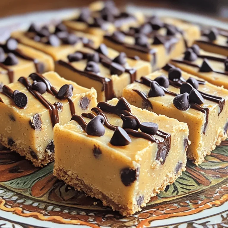 To make No-Bake Cookie Dough Bars, you need simple ingredients. Here’s what you’ll need: - 1 cup almond flour - 1/2 cup coconut flour - 1/4 cup maple syrup - 1/4 cup unsweetened nut butter (like almond or cashew) - 1/2 cup mini chocolate chips - 1 teaspoon vanilla extract - 1/4 teaspoon sea salt These ingredients blend to create a tasty treat. Almond flour gives a nutty taste. Coconut flour adds a slight sweetness. Maple syrup acts as a great natural sweetener. Nut butter binds it all and adds creaminess. Mini chocolate chips are the best part, adding bursts of chocolate in every bite. You can customize your bars with some fun add-ins. Here are a few ideas: - 1/4 cup chopped nuts - 1/4 cup dried fruit Chopped nuts add crunch. Dried fruit brings sweetness and chewy texture. Feel free to mix and match to fit your taste. The options are endless. Each ingredient offers great health benefits. Almond flour is rich in protein and healthy fats. Coconut flour is high in fiber, which helps digestion. Maple syrup contains antioxidants and has a lower glycemic index than regular sugar. Nut butter provides protein and vitamins. Mini chocolate chips add some joy but can be enjoyed in moderation. Overall, these bars give you a sweet treat that’s also good for you. Start by gathering your ingredients. You need almond flour, coconut flour, maple syrup, nut butter, mini chocolate chips, vanilla extract, and sea salt. In a large bowl, mix the almond flour, coconut flour, and sea salt. Stir until there are no clumps. This step ensures a smooth texture. Next, add the maple syrup, nut butter, and vanilla extract. Mix everything together until it forms a dough-like consistency. This dough should feel soft yet firm. Finally, fold in the mini chocolate chips. If you want, add chopped nuts or dried fruit for more flavor. Now, it’s time to shape your bars. Line an 8x8-inch baking dish with parchment paper. Let the edges hang over for easy removal later. This makes it easier to lift the bars out after they set. Next, press the cookie dough mixture into the dish. Spread it evenly and press firmly to create a compact layer. This is key for a good texture. Once it's spread out, place the dish in the refrigerator. Let the bars chill for at least 30 minutes. This helps them firm up and hold their shape. After the bars have chilled, carefully lift them out using the parchment paper. Place them on a cutting board. Use a sharp knife to cut them into squares or rectangles. You can cut them as big or as small as you like. For a pretty presentation, arrange the bars on a decorative plate. Drizzle melted dark chocolate on top for an extra touch. You can also sprinkle a few mini chocolate chips for a fun look. Enjoy your no-bake cookie dough bars as a sweet snack or dessert! To get the right texture for your no-bake cookie dough bars, start with the right flours. Almond flour gives a nice nutty base. Coconut flour adds a bit of chew. Mix them well to avoid clumps. The dough should feel soft but not sticky. If it feels too dry, add a bit more nut butter. If it’s too wet, add more coconut flour. Keep adjusting until you get that perfect dough-like feel. Sweetness is key in these bars. I use maple syrup for a rich flavor. If you want less sweetness, cut back on the syrup. You can also try using stevia or agave syrup. Taste the dough before pressing it into the dish. This way, you can adjust the sweetness to your liking. Remember, you can always add more chocolate chips for extra sweetness! How you present your bars makes a big difference. After cutting them, place the bars on a nice plate. Drizzle melted dark chocolate over the top for a fancy touch. Add a few extra mini chocolate chips on top for fun. You can even sprinkle chopped nuts or dried fruit for color. These simple steps make your no-bake cookie dough bars look as good as they taste! {{image_2}} You can change the flavor of your no-bake cookie dough bars easily. Try adding peanut butter for a rich, nutty taste. Just swap out the nut butter in the recipe with peanut butter. For a tropical twist, use almond butter and add some shredded coconut. You can even create an Almond Joy version by mixing in mini chocolate chips and chopped almonds. The options are endless, and you can mix flavors to find your favorite! If you want to change the sweetness, there are many options. You can use honey or agave syrup instead of maple syrup. These sweeteners can give a different taste to your bars. If you prefer something with fewer calories, try using stevia or monk fruit sweetener. Just remember to adjust the amount based on the sweetener you choose, as they can be sweeter than maple syrup. Making your bars allergy-friendly is simple. If you have nut allergies, replace nut butter with sunflower seed butter. This swap keeps the bars creamy while being safe for those with nut allergies. You can also use gluten-free oats instead of almond and coconut flour if you need a gluten-free option. Just blend the oats into a fine flour. This way, everyone can enjoy these tasty treats! To keep your no-bake cookie dough bars fresh, store them in an airtight container. This helps prevent them from drying out. You can also layer parchment paper between bars to avoid sticking. If you want to keep them cool, store them in the fridge. They taste great chilled. Freezing your cookie dough bars can extend their life. Cut them into squares before freezing for easy access. Wrap each piece tightly in plastic wrap, then place them in a freezer bag. Label the bag with the date. These bars can last up to three months in the freezer. When you want one, just thaw it in the fridge overnight. In the fridge, these bars stay fresh for up to a week. If you freeze them, they stay good for about three months. Always check for any signs of spoilage before eating. If they look or smell odd, it’s best to toss them. Enjoy your delicious treats while they’re fresh! Yes, you can. If you're allergic to nuts or want a different taste, use oat flour or all-purpose flour. Both options work well in this recipe. Just remember, the texture may change slightly. Oat flour can add a nice flavor, while all-purpose flour makes it more traditional. These bars stay fresh for about a week in the fridge. Store them in an airtight container to keep them safe. They taste best when eaten cold, so take them out just before serving. If you want to enjoy them later, you can freeze them too. Absolutely! To make this recipe vegan, use maple syrup and almond butter. Both are plant-based, making the bars suitable for vegan diets. You can also use coconut oil instead of nut butter for a different flavor. Enjoy these tasty treats without any animal products! We explored the fun and easy process of making no-bake cookie dough bars. We covered key ingredients, optional add-ins, and their nutritional benefits. I shared step-by-step instructions, tips for the best texture, and ways to make it your own. You learned about storage tips and answered common questions. Now you can enjoy delicious, customizable treats anytime. Dive in and create your perfect no-bake bars!