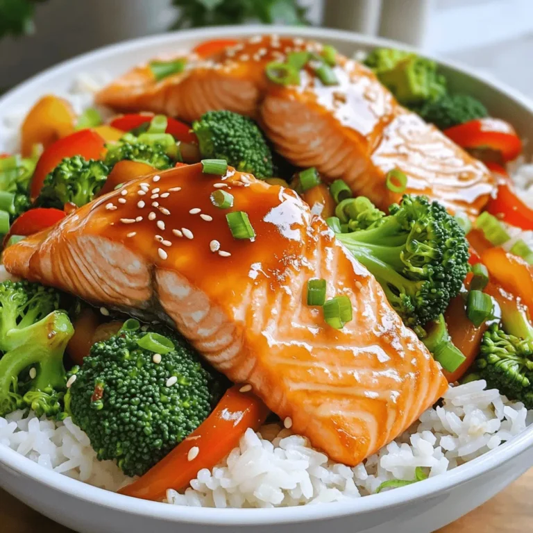 - 2 salmon fillets (6 oz each) - 1/4 cup teriyaki sauce (store-bought or homemade) - 1 cup jasmine rice - 2 cups water - 1 cup broccoli florets - 1/2 red bell pepper, thinly sliced - 1/4 cup green onions, chopped - 1 tablespoon sesame seeds - Salt and pepper to taste For a great teriyaki salmon rice bowl, you need fresh ingredients. The salmon fillets should be high quality. You can use store-bought teriyaki sauce for ease or make your own for a personal touch. Jasmine rice is perfect for a fluffy base. Next, let's talk about the veggies. Broccoli and red bell pepper add color and crunch. Green onions and sesame seeds make great toppings, giving your bowl a nice finish. Don’t forget the salt and pepper; they bring out all the flavors. Gather these ingredients to create a meal that is not just tasty but also fun to make. 1. Start by rinsing the jasmine rice under cold water. This step helps remove extra starch. Keep rinsing until the water runs clear. 2. In a pot, combine the rinsed rice and 2 cups of water. Bring it to a boil. 3. Once boiling, lower the heat, cover the pot, and let it simmer. Cook for about 15 minutes or until the water is absorbed. 4. After cooking, remove the pot from the heat. Let it sit covered for 5 more minutes. This allows the rice to finish cooking. 1. While the rice cooks, season your salmon fillets on both sides with salt and pepper. This simple seasoning brings out the fish's natural flavor. 2. Heat 1 tablespoon of sesame oil in a skillet over medium-high heat. 3. Once the oil is hot, place the salmon skin-side down in the skillet. Sear it for 4-5 minutes. 4. Carefully flip the salmon. Brush teriyaki sauce generously on top. Cook for another 4-5 minutes. The salmon should be cooked through and flake easily with a fork. 1. In the same skillet, add the broccoli florets and red bell pepper slices. 2. Stir-fry the vegetables for about 3-4 minutes. You want them to be tender-crisp, bright, and flavorful. 3. If the broccoli needs more cooking, add a splash of water. This steam helps cook the broccoli faster. 1. Divide the cooked rice into two bowls. This base is the heart of your dish. 2. Top each bowl with a salmon fillet. 3. Add the stir-fried broccoli and bell peppers on top. 4. Drizzle any remaining teriyaki sauce over everything. This adds a sweet and savory finish to each bite. To get perfect salmon, aim for a medium doneness. Cook it until it flakes easily with a fork. This usually takes about 8 to 10 minutes total. If you want to try different cooking methods, grilling is a great choice. It adds a nice smoky flavor. Baking the salmon is also simple. Just preheat the oven to 400°F and bake for 12-15 minutes. Homemade teriyaki sauce boosts flavor. To make it, mix 1/4 cup soy sauce, 2 tablespoons honey, 1 tablespoon rice vinegar, and 1 teaspoon cornstarch. Heat until thickened. You can also add toppings to enhance taste. Try sliced avocado, pickled ginger, or crushed red pepper for a kick. Fresh herbs like cilantro can add freshness, too. For serving, use wide, shallow bowls. This makes the dish look pretty. Start with a base of rice. Then, place the salmon on top. Add the stir-fried veggies next. Drizzle extra teriyaki sauce over everything. Finish with a sprinkle of green onions and sesame seeds. For a pop of color, include a lime wedge on the side. {{image_2}} You can swap salmon for chicken to make chicken teriyaki bowls. Chicken works well with teriyaki sauce. Just season the chicken as you would the salmon. Cook it until it’s golden and juicy. For a plant-based option, use tofu. Tofu absorbs flavors nicely. Press it to remove excess water, then cut it into cubes. Cook it until golden brown, then toss with teriyaki sauce. If you want to switch grains, consider using brown rice or quinoa. Brown rice adds fiber and a nutty taste. Quinoa is protein-rich and cooks quickly. For a low-carb version, try cauliflower rice. Just pulse cauliflower in a food processor until it’s rice-sized. Sauté it lightly in a pan for a quick and healthy base. You can change the veggies in your rice bowl. Try snap peas, carrots, or bok choy. They add color and crunch. Seasonal vegetables are great too. In summer, use zucchini or bell peppers. In fall, consider butternut squash or kale. Mix and match to keep things fresh and exciting! To store leftovers, place the salmon, rice, and veggies in an airtight container. This keeps flavors fresh. Make sure to cool the food to room temperature first. Store it in the fridge for up to three days. After this time, the quality may drop. You can freeze the rice and salmon separately or together. To freeze, allow them to cool completely. Use freezer-safe bags or containers. This helps avoid freezer burn. The assembled bowls can last up to three months in the freezer. For reheating, let the frozen food thaw in the fridge overnight. Then, heat the rice and salmon in the microwave or oven until warm. Add a splash of water to the rice to keep it moist. This ensures a tasty meal even after freezing. To make teriyaki sauce, combine soy sauce, honey, and rice vinegar. Add minced garlic and ginger for flavor. Simmer the mix until it thickens a bit. This simple sauce adds great taste to your salmon. Yes, you can prep ahead! Rinse the rice and chop the veggies the night before. You can also season the salmon in advance. Store them in the fridge until you’re ready to cook. You can serve your bowls with a side of edamame or a fresh salad. Steamed dumplings also pair well. These sides add more texture and flavor to your meal. Salmon is cooked when it flakes easily with a fork. The fish should change from bright pink to a lighter color throughout. Use a meat thermometer; it should reach 145°F (63°C) for safety. Yes, teriyaki salmon rice bowls are healthy! Salmon is rich in omega-3 fatty acids. The veggies add nutrients and fiber. Using jasmine rice offers quick energy. Enjoy this meal guilt-free! This blog post covered how to make teriyaki salmon rice bowls. We explored the key ingredients, cooking steps, and tips for the best results. You can customize flavors and ingredients to fit your taste. Remember to try different proteins and veggies for variety. Store leftovers properly for future meals. This dish is easy, tasty, and healthy. Now, get cooking and enjoy your teriyaki salmon rice bowls!
