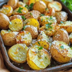 To make Parmesan Herb Roasted Potatoes, gather these simple ingredients: - 2 pounds baby potatoes, halved - 1/4 cup grated Parmesan cheese - 3 tablespoons olive oil - 2 teaspoons garlic powder - 1 teaspoon dried thyme - 1 teaspoon dried rosemary - 1 teaspoon smoked paprika - Salt and pepper to taste - Fresh parsley, chopped (for garnish) Each ingredient plays a key role. The baby potatoes provide a creamy inside and crispy skin. Parmesan cheese adds a salty, nutty flavor that pairs well with herbs. Olive oil helps everything crisp up in the oven. Garlic powder, thyme, rosemary, and smoked paprika bring warmth and depth. Salt and pepper enhance all these flavors. Finally, fresh parsley adds color and freshness when you serve the dish. With these ingredients, you create a tasty side dish that everyone will love! - Set temperature to 425°F (220°C). - Prepare a baking sheet with parchment paper. Preheating the oven helps cook the potatoes evenly. Lining the sheet makes cleanup easy. - Combine 2 pounds of halved baby potatoes and seasonings in a mixing bowl. - Add 3 tablespoons of olive oil, 2 teaspoons of garlic powder, 1 teaspoon of dried thyme, 1 teaspoon of dried rosemary, 1 teaspoon of smoked paprika, and salt and pepper to taste. Toss to coat evenly. Mixing the potatoes with the seasonings ensures every bite is full of flavor. The olive oil helps the spices stick and adds crispiness. - Spread the seasoned potatoes on the baking sheet in a single layer, cut side down. - Roast the potatoes in the preheated oven for about 25 minutes, or until they start to soften. - After 25 minutes, remove them from the oven and sprinkle 1/4 cup of grated Parmesan cheese evenly over the top. - Return the potatoes to the oven for an additional 10-15 minutes, or until they are golden brown and crispy on the edges. This roasting method brings out the best in the potatoes. The cheese adds a tasty topping that melts and crisps up nicely. To get the best crunch, always place the cut side down. This lets the flat surface touch the hot pan. Roasting techniques matter too. Start with high heat. The heat quickly crisps the edges. Check your potatoes halfway through and flip them if needed. For the best results, use baby potatoes. They cook evenly and have a great texture. Red or yellow baby potatoes work well. Size matters too. Keep them similar in size for even cooking. Larger pieces take longer, while smaller ones cook faster. Fresh herbs make a big difference. Try adding some chopped rosemary or thyme. They add a bright taste. You can also mix in spices. Crushed red pepper adds heat, while smoked paprika gives a nice depth. Adjust these to your liking for a unique touch. {{image_2}} You can make these potatoes even tastier by adding fresh minced garlic. Just chop a few cloves and mix them in with your potatoes and seasonings. This adds a nice, rich flavor. You can also try using different herbs. Fresh parsley, basil, or oregano can give your dish a unique twist. Each herb brings its own taste, so feel free to mix and match! If you love cheese, consider adding more! You can use mozzarella for a gooey texture or cheddar for a sharp flavor. Sprinkle some cheese on top just before serving for a fun finish. You can also add crispy bacon bits or green onions as toppings. These extras create a loaded potato experience that is sure to impress! For those who like heat, add crushed red pepper flakes to the seasoning mix. This will give your potatoes a nice kick. You can also try other spicy seasonings like chili powder or cayenne pepper. These spices blend well with the Parmesan and herbs, making every bite exciting. Adjust the spice level to your taste for a perfect fit! To reheat your Parmesan herb roasted potatoes, use the oven. Preheat it to 350°F (175°C). Spread the potatoes on a baking sheet. Heat for about 10-15 minutes. This method keeps them crispy. Avoid using the microwave. It can make them soggy and soft. You can freeze roasted potatoes for later use. Let them cool completely first. Place them in an airtight container or a freezer bag. Remove as much air as possible. When ready to eat, thaw in the fridge overnight. Reheat in the oven for best results. This helps keep their flavor and texture. In the fridge, roasted potatoes last about 3-5 days. Store them in an airtight container. Check for signs of spoilage. If they smell bad or look slimy, throw them away. Freshness is key for great taste! Yes, you can use other cheeses. Some great options include: - Pecorino Romano - Grana Padano - Nutritional yeast (for a vegan option) Each cheese brings a unique flavor. Pecorino is saltier and sharper. Grana Padano is milder and creamier. Nutritional yeast adds a cheesy flavor without dairy. To make this dish vegan, you can substitute: - Use nutritional yeast for cheese. - Swap olive oil with avocado oil or coconut oil. You can also add a splash of lemon juice for brightness. Keep the seasonings the same for full flavor. Yes, you can prep these potatoes ahead. Here’s how: - Cook and cool the potatoes before storing. - Place them in an airtight container in the fridge for up to three days. To reheat: - Use the oven at 350°F (175°C) for about 10–15 minutes. - For extra crispiness, broil for a minute or two at the end. You now have a delicious recipe for Parmesan Herb Roasted Potatoes. We covered the ingredients, step-by-step instructions, and useful tips. You can try variations to change the flavor. Remember, the right type of potato makes a big difference. If you have leftovers, proper storage keeps them tasty. Explore your options and enjoy making this dish your own! Happy cooking!