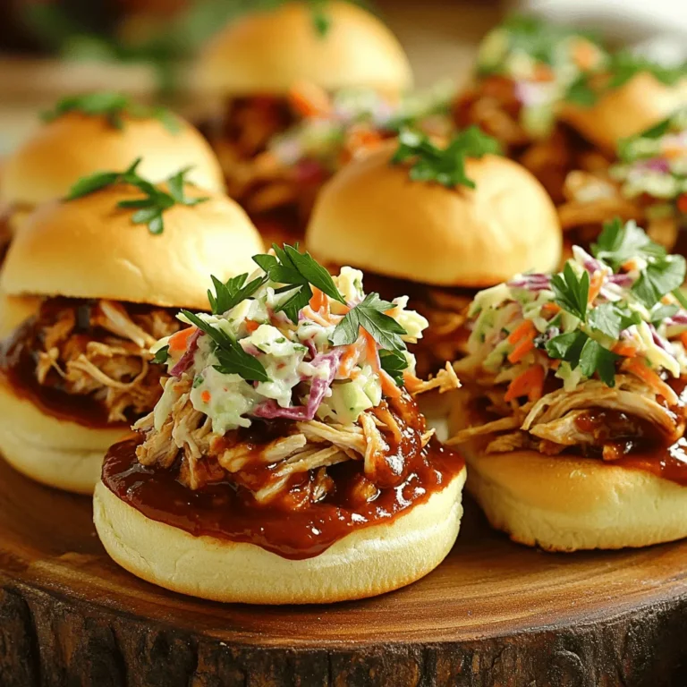 To make tasty slow cooker BBQ pulled chicken sliders, gather these key ingredients: - 2 lbs boneless, skinless chicken breasts - 1 cup BBQ sauce (store-bought or homemade) - 1/2 cup chicken broth - 1 tablespoon apple cider vinegar - 1 tablespoon brown sugar - 1 teaspoon garlic powder - 1 teaspoon onion powder - 1/2 teaspoon smoked paprika - Salt and pepper to taste - Slider buns - Coleslaw (for topping, optional) When selecting your ingredients, quality matters. Here are some tips: - Chicken: Choose fresh, high-quality chicken. Look for firm texture and no discoloration. - BBQ Sauce: If you buy sauce, read labels. Pick a brand with natural ingredients and no high fructose corn syrup. - Spices: Fresh spices always bring out the best flavors. Check for strong aroma and vibrant colors. - Buns: Opt for soft slider buns. Whole grain or brioche adds a nice touch. Sometimes, you may not have every ingredient. Here are some easy swaps: - Chicken: You can use thighs instead of breasts for richer flavor. - BBQ Sauce: Use mustard-based or vinegar-based sauces for a different taste. - Chicken Broth: Vegetable broth works if you need a vegetarian option. - Coleslaw: Try a different topping like pickles or jalapeños for a spicy kick. These ingredient choices make your sliders shine. Enjoy the process of cooking and have fun! Start by gathering your ingredients. You will need: - 2 lbs boneless, skinless chicken breasts - 1 cup BBQ sauce - 1/2 cup chicken broth - 1 tablespoon apple cider vinegar - 1 tablespoon brown sugar - 1 teaspoon garlic powder - 1 teaspoon onion powder - 1/2 teaspoon smoked paprika - Salt and pepper to taste - Slider buns - Coleslaw (for topping, optional) Place the chicken breasts in the slow cooker. In a bowl, mix the BBQ sauce, chicken broth, apple cider vinegar, brown sugar, garlic powder, onion powder, smoked paprika, salt, and pepper. This mix is key to great flavor. Pour it over the chicken, making sure it is well coated. Cover the slow cooker. Cook on low for 6 to 8 hours or on high for 3 to 4 hours. The chicken should become tender. You want it to shred easily with a fork. This slow cooking helps the flavors blend well. When the chicken is ready, remove it from the slow cooker. Use two forks to shred the chicken in a large bowl. This is a fun part! Return the shredded chicken to the slow cooker. Mix it with the remaining sauce. This adds even more flavor. Toast the slider buns lightly. You can use a broiler or toaster. Serve the pulled chicken on the buns. If you like, add coleslaw on top for a crunchy texture. Enjoy your sliders! To make the best pulled chicken, focus on the sauce. Use a BBQ sauce you love. Store-bought is fine, but homemade can be even better. Mix it with chicken broth, apple cider vinegar, brown sugar, garlic powder, onion powder, smoked paprika, salt, and pepper. This blend adds depth. Don’t rush the cooking time. Low and slow cooking allows flavors to mix well. Sometimes the chicken can turn out dry. To avoid this, always check the cooking time. If you overcook the chicken, it can dry out. If the chicken is too wet, try cooking it with the lid off for the last hour. This helps the extra liquid evaporate. Also, ensure you shred the chicken well. Mixing it back into the sauce keeps it moist and tasty. A good slow cooker is key. Look for one with a locking lid. This helps keep moisture in. A meat thermometer is also helpful. It ensures the chicken reaches 165°F. Use two forks for shredding; they make the task easy. Lastly, don’t forget to have a sturdy spatula. It helps mix the chicken with the sauce without making a mess. {{image_2}} You can switch up your BBQ sauce for new flavors. Here are some ideas: - Spicy BBQ Sauce: Add heat with a spicy sauce. It gives a nice kick. - Honey BBQ Sauce: Use honey BBQ for a sweet touch. It pairs well with chicken. - Mustard-Based Sauce: Try a mustard sauce for a tangy twist. It adds a unique flavor. - Homemade BBQ Sauce: Mix ketchup, vinegar, and spices for your own sauce. This makes it special. Each sauce changes the taste of your sliders. Feel free to mix and match until you find your favorite. The buns and toppings can make a big difference. Consider these options: - Whole Wheat Buns: They are healthier and add a nutty flavor. - Gluten-Free Buns: Use these if you need a gluten-free choice. Many brands offer good options. - Lettuce Wraps: For a low-carb version, use large lettuce leaves instead of buns. For toppings, think about adding: - Pickles: They add crunch and tang. - Sliced Jalapeños: These give a spicy crunch. - Avocado: It adds creaminess and richness. - Cheese: Melt some cheddar or pepper jack on top for extra flavor. Mix different buns and toppings to create your perfect slider. To make a full meal, serve your sliders with tasty sides. Here are some great ideas: - Sweet Potato Fries: They add sweetness and crunch. Bake them for a healthy side. - Corn on the Cob: A classic summer side, it pairs well with BBQ. - Potato Salad: This creamy dish complements the sliders nicely. - Baked Beans: They add a hearty touch and work well with BBQ flavors. - Coleslaw: Serve this on the side or on top of the sliders for extra crunch. These sides will round out your meal and keep everyone satisfied. Enjoy your delicious BBQ pulled chicken sliders! After making your pulled chicken, allow it to cool. Place it in an airtight container. Use a container that is the right size; this helps keep moisture in. Keep the chicken in the fridge. It will stay fresh for about 3 to 4 days. If you plan to eat it later, consider freezing it instead. To reheat, take the chicken out of the fridge. Place it in a saucepan over low heat. Add a splash of chicken broth or BBQ sauce to keep it moist. Stir it often until it's warm. You can also use the microwave. Heat it in short bursts to avoid overcooking. If you want to freeze your pulled chicken, do it within two days. Place it in a freezer-safe container. Make sure to label it with the date. It will last up to 3 months in the freezer. To thaw, move it to the fridge the night before. For quicker thawing, place it in a sealed bag and submerge it in cold water. Always reheat it to a safe temperature before eating. Yes, you can use frozen chicken. Just add extra cooking time. If you cook on low, aim for 8-10 hours. If on high, cook for 4-5 hours. Ensure the chicken reaches 165°F for safety. This will yield tender, flavorful pulled chicken. Once cooked, the pulled chicken stays fresh for about 3-4 days in the fridge. Store it in an airtight container. For longer storage, you can freeze the chicken. It lasts about 2-3 months in the freezer. You can pair sliders with many tasty sides. Here are some great options: - Coleslaw for crunch - Potato chips for a salty bite - Baked beans for a hearty side - Corn on the cob for sweetness - Pickles for a tangy contrast These sides will complement the sliders and make your meal even more enjoyable. You learned key ingredients for BBQ pulled chicken, plus tips for choosing them. I shared step-by-step instructions for cooking and shredding. We explored ways to enhance flavor and solve common issues. I also covered delicious variations, storage tips, and answered common questions. To sum up, great BBQ pulled chicken comes from quality ingredients and careful cooking. Try these tips to make your next meal memorable. Happy cooking!
