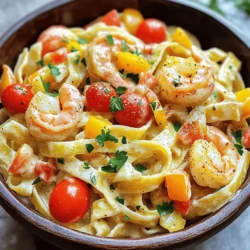 - 8 oz fettuccine or linguine pasta - 1 lb shrimp, peeled and deveined - 2 tablespoons Cajun seasoning - 1 small onion, finely chopped - 3 cloves garlic, minced - 1 cup bell pepper, diced (red or yellow) - 1 cup heavy cream - 1 cup cherry tomatoes, halved - 1/2 cup grated Parmesan cheese - 3 tablespoons olive oil Gather these ingredients to create a flavorful meal. I love using fettuccine or linguine for this dish. They hold the sauce well. The shrimp adds a tender protein that pairs perfectly with the creamy sauce. Cajun seasoning gives it a spicy kick, making each bite exciting. For aromatics, onion, garlic, and bell pepper bring depth to the dish. They create a fragrant base when sautéed. The sweetness of the bell pepper balances the spice from the Cajun seasoning. The sauce is the star. Heavy cream makes it rich and smooth. Cherry tomatoes add a burst of freshness and color. Parmesan cheese enhances the flavor, making it even more delicious. Lastly, olive oil is essential for cooking the aromatics and shrimp. These ingredients come together to create a creamy Cajun shrimp pasta that’s sure to impress. You can easily adjust the spice level to fit your taste. Enjoy the process of cooking and savoring this delightful dish! Start by bringing a large pot of salted water to a boil. Use about 1 tablespoon of salt for a great flavor. Once the water boils, add 8 ounces of fettuccine or linguine pasta. Cook the pasta until al dente, which usually takes about 8-10 minutes. This means it should be firm but not hard. Drain the pasta and set it aside. Remember to save 1/2 cup of that pasta water for later. Take 1 pound of shrimp, which should be peeled and deveined. In a bowl, toss the shrimp with 2 tablespoons of Cajun seasoning. Make sure each shrimp gets coated well. Set them aside to let the flavors soak in. In a large skillet, heat 3 tablespoons of olive oil over medium heat. Add the finely chopped small onion and 1 cup of diced bell pepper. Cook these for about 3-4 minutes until they start to soften. Then, stir in 3 cloves of minced garlic. Sauté for about 30 seconds until you can smell the garlic. Reduce the heat to low and pour in 1 cup of heavy cream. Stir it gently to mix with the veggies. Add in 1 cup of halved cherry tomatoes. Cook this for about 2 minutes until the tomatoes soften just a bit. Now, it’s time to bring everything together! Add the cooked pasta to the skillet. Toss everything together until the pasta is well coated with the creamy sauce. If the sauce looks too thick, use that reserved pasta water to loosen it up a bit. Stir in 1/2 cup of grated Parmesan cheese and sprinkle with salt and pepper to taste. Divide the creamy Cajun shrimp pasta among plates. For a lovely touch, garnish each plate with chopped fresh parsley. This adds color and a fresh taste that brightens the dish. Enjoy your flavorful dinner delight! To make a great cream sauce, you need to adjust the thickness. If your sauce is too thick, add a bit of the reserved pasta water. This helps loosen it up. If it's too thin, let it cook a bit longer to reduce. To enhance flavors, try adding more spices. A pinch of cayenne or paprika can add warmth. Fresh herbs, like thyme or basil, also boost the taste. Cook shrimp just right for the best texture. They only need about 2-3 minutes of cooking. When they turn pink, they are done. Overcooking makes shrimp rubbery and tough. Keep an eye on them as they cook. They should be firm and juicy. You can switch up the pasta for this dish. Fettuccine and linguine work well, but penne or even spaghetti can be good choices. If you need a gluten-free option, try rice pasta or zucchini noodles. These alternatives can still hold the creamy sauce well. {{image_2}} You can give your creamy Cajun shrimp pasta a spicy twist. Add more Cajun seasoning to boost the heat. This gives the dish a bold flavor. You can also incorporate hot sauce. A few drops will enhance the spice level. Try different hot sauces for unique flavors. You can make this pasta even healthier with veggies. Adding spinach or zucchini works great. These veggies add color and nutrients. Other veggies to try include mushrooms or asparagus. They bring great texture and flavor to the dish. Feel free to mix and match based on your taste! If you want to switch up the protein, replace shrimp with chicken. Cook the chicken until golden and fully cooked. Vegetarian options also work well. You can use chickpeas or tofu for a meat-free meal. Both options soak up the creamy sauce nicely. To keep your creamy Cajun shrimp pasta fresh, store it in an airtight container. Refrigerate it right after it cools down. This helps keep the flavors intact. The shelf life is about 3 to 4 days in the fridge. Make sure to check for any signs of spoilage before eating. To reheat, you can use the microwave or a skillet. If using a microwave, heat in 30-second intervals. Stir in between to heat evenly. For a skillet, add a splash of water or cream to help keep the sauce smooth. Be careful not to overcook the shrimp; they can become rubbery. Heat just until warm to enjoy the best texture. You can freeze creamy Cajun shrimp pasta for later meals. Portion it into small containers. Leave some space in each container for expansion. When ready to eat, defrost it in the fridge overnight. Then reheat it gently on the stove or microwave. This keeps the flavors and texture nice. Yes, you can make this dish ahead. Store the pasta and sauce separately. This keeps the pasta from getting soggy. When ready to eat, just reheat and combine. Use a pan on low heat to warm it up. Add a little water if it’s too thick. This dish tastes great even after a day in the fridge. If you want a lighter version, use half-and-half instead of heavy cream. You can also try coconut milk for a dairy-free option. For a tangy flavor, use Greek yogurt. Just mix it in slowly to avoid lumps. These alternatives still give you a creamy texture. Making Cajun seasoning is easy. Mix these spices together: - 1 tablespoon paprika - 1 teaspoon cayenne pepper - 1 teaspoon garlic powder - 1 teaspoon onion powder - 1 teaspoon dried oregano - 1 teaspoon dried thyme - Salt and pepper to taste Store this mix in a jar. Use it for other dishes too! Yes, frozen shrimp work well. Just thaw them before cooking. You can do this in cold water for about 15 minutes. Pat them dry before adding seasoning. Frozen shrimp can have extra water, so check for that. Drain well to keep your pasta sauce creamy. This Cajun shrimp pasta dish offers a blend of great flavors and easy steps. You learned about the key ingredients and how to cook them perfectly. Use pasta, shrimp, and a creamy sauce to create a wonderful meal. Don’t shy away from variations; try different proteins and spices to make it your own. Remember to store leftovers properly to enjoy again. Embrace cooking with confidence, and make this dish a favorite in your kitchen. Enjoy every delicious bite!