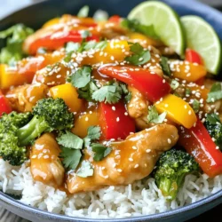 - 1 pound chicken breasts, thinly sliced - 2 tablespoons vegetable oil - 1 red bell pepper, sliced - 1 yellow bell pepper, sliced - 1 cup broccoli florets - 2 cloves garlic, minced - 1 inch ginger, grated - 1/2 cup fresh orange juice - Zest of 1 orange - 3 tablespoons soy sauce - 2 tablespoons honey - 1 tablespoon cornstarch mixed with 2 tablespoons water - Salt and pepper to taste - Cooked jasmine rice or noodles for serving - Garnish with sesame seeds and fresh cilantro - Serve with lime wedges on the side When I make Orange Glazed Chicken Stir Fry, I love using fresh ingredients. They add bright flavors. The chicken should be sliced thin. This helps it cook fast. Bell peppers bring color and crunch to the dish. Broccoli adds a nice touch of green. I always use fresh orange juice. The zest gives even more orange flavor. Soy sauce adds a salty note, while honey balances it with sweetness. The cornstarch helps thicken the sauce. This gives it a nice glaze that sticks to the chicken and veggies. For serving, I suggest jasmine rice or noodles. They soak up the sauce well. A sprinkle of sesame seeds adds texture. Fresh cilantro brightens the dish. Lime wedges offer a zesty finish. Cooking Chicken Start by heating 2 tablespoons of vegetable oil in a large skillet or wok over medium-high heat. Next, add 1 pound of thinly sliced chicken breasts. Season the chicken with salt and pepper. Stir fry the chicken for about 5-7 minutes. You want it to turn golden brown and cook all the way through. Once done, remove the chicken from the pan and set it aside. Sautéing Aromatics In the same pan, add 2 cloves of minced garlic and 1 inch of grated ginger. Sauté them for about 30 seconds. This will make your kitchen smell great and add deep flavor to your dish. Stir Frying Vegetables Now, add 1 sliced red bell pepper, 1 sliced yellow bell pepper, and 1 cup of broccoli florets to the pan. Stir fry these vegetables for about 3-4 minutes. You want them to be tender but still a bit crisp. This keeps the colors bright and the crunch alive. Combining Ingredients While the veggies cook, mix together 1/2 cup of fresh orange juice, the zest of 1 orange, 3 tablespoons of soy sauce, and 2 tablespoons of honey in a small bowl. Pour this mixture over the sautéed vegetables. Next, stir in the cornstarch slurry, which is made from 1 tablespoon of cornstarch mixed with 2 tablespoons of water. Cook for another 2-3 minutes until the sauce thickens. Finally, return the cooked chicken to the pan. Toss everything together so the chicken is coated with the orange glaze. Cook for an extra 2 minutes to heat through. Serve hot over jasmine rice or noodles. Perfect Chicken Texture To get the best chicken texture, use thinly sliced breasts. This helps them cook evenly. Heat your skillet or wok well before adding the chicken. A hot pan seals in juices and gives a nice brown color. Cook the chicken for about 5-7 minutes. It should be golden brown and fully cooked. Achieving Optimal Glaze The glaze is key to this dish. Use fresh orange juice and zest for the best flavor. Mix the orange juice, soy sauce, and honey in a bowl. Pour this mixture over the veggies and stir. The cornstarch slurry thickens the sauce. Cook for 2-3 minutes until it coats everything well. Vegetable Cooking Times Cooking times matter for the veggies. Cut them into similar sizes for even cooking. Start with garlic and ginger for flavor. Then add bell peppers and broccoli. Stir fry for 3-4 minutes. They should be tender but still crisp. Garnishing Suggestions Garnishing makes your dish pop! Try sesame seeds for crunch and fresh cilantro for color. Lime wedges on the side add a zesty kick. These simple touches make your meal look and taste better. Adding Heat If you like heat, add red pepper flakes or sliced chili peppers. Mix them in with the garlic and ginger to infuse flavor. Start with a small amount and taste as you go. This way, you can adjust to your heat preference. {{image_2}} Substituting Chicken You can swap chicken for other proteins. Try using turkey or beef. Thinly slice these meats like chicken. Cook them just like you would with chicken. They will soak up the orange glaze well. Adding Tofu or Shrimp Tofu is a great option for a plant-based meal. Use firm tofu for the best texture. Cut it into cubes and fry until golden. Shrimp cook quickly and add a nice touch. Add shrimp towards the end to avoid overcooking. Different Vegetables to Use You can change the veggies in the stir fry. Snap peas, carrots, and green beans work great. Use whatever you have at home. Just cut them into similar sizes for even cooking. Seasonal Variations Seasonal veggies can add new flavors. In the spring, try asparagus and snow peas. In the summer, bell peppers and zucchini shine. Use squash in the fall for a hearty option. Each season brings a new twist! After you enjoy your orange glazed chicken stir fry, it's easy to store leftovers. First, let the dish cool down. Then, place it in an airtight container. You can keep it in the fridge for up to three days. Make sure to label the container with the date. This helps you remember when you made it. To reheat the stir fry, you have a few options. You can use the microwave, which is quick. Just heat it for one to two minutes, stirring halfway. If you prefer, you can also reheat it on the stove. Heat a pan over medium heat, add a splash of water, and stir the stir fry until hot. If you want to keep your orange glazed chicken stir fry longer, freezing is a great option. Start by letting it cool completely. Then, place it in a freezer-safe container or a heavy-duty freezer bag. Make sure to press out as much air as possible to prevent freezer burn. You can freeze it for up to three months. When you're ready to eat it, take the stir fry out of the freezer. The best way to thaw it is in the fridge overnight. If you're in a hurry, you can thaw it in the microwave using the defrost setting. After thawing, reheat it on the stove or in the microwave until hot. Enjoy your tasty meal! How to make orange glazed chicken stir fry from scratch? To make this dish, start by heating oil in a pan. Add thinly sliced chicken. Cook until golden brown. Next, add garlic and ginger to the pan. Sauté until fragrant. Then, mix in sliced bell peppers and broccoli. Stir fry until tender-crisp. In a bowl, combine orange juice, zest, soy sauce, and honey. Pour this over the veggies. Add cornstarch mixed with water to thicken the sauce. Finally, toss in the chicken to coat. Serve over jasmine rice or noodles. Can I use bottled orange juice? Yes, you can use bottled orange juice instead of fresh juice. However, fresh juice gives a brighter taste. If you choose bottled juice, select a high-quality brand. Look for juice without added sugars or preservatives. This choice will help keep the flavor fresh. What side dishes pair well with this stir fry? Orange glazed chicken stir fry goes well with jasmine rice or noodles. You could also serve it with a side salad. A light cucumber or avocado salad works well. Steamed or roasted vegetables are great too. They add color and nutrition to your meal. How to make this recipe gluten-free? To make this dish gluten-free, swap soy sauce for tamari. Tamari is a gluten-free soy sauce alternative. Check labels to ensure no gluten-containing ingredients are present. You can also use coconut aminos as a soy-free option. This will keep your stir fry tasty and safe for those with gluten sensitivities. In this article, we explored the essential ingredients for an orange-glazed chicken stir fry. I shared step-by-step instructions for perfecting your dish. You learned tips for cooking chicken to the right texture and enhancing flavors. I also provided options for different proteins and vegetables. Finally, we discussed storage guidelines for leftovers. With these insights, you can create a delicious stir fry that impresses every time. Now, enjoy your cooking and make it your own!