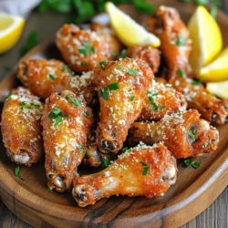 - 2 pounds chicken wings - 2 tablespoons olive oil - 1 teaspoon garlic powder - 1 teaspoon onion powder - 1 teaspoon smoked paprika - ½ teaspoon black pepper - 1 teaspoon salt - ½ cup grated Parmesan cheese - Fresh parsley, chopped (for garnish) - Optional: Fresh lemon wedges (for serving) To make crispy garlic Parmesan chicken wings, gather these ingredients. Start with 2 pounds of chicken wings. This is the star of our dish. Next, get 2 tablespoons of olive oil. It helps the spices stick and adds flavor. You will need seasoning spices. Grab 1 teaspoon of garlic powder, 1 teaspoon of onion powder, and 1 teaspoon of smoked paprika. These spices bring warmth and depth. Add ½ teaspoon of black pepper and 1 teaspoon of salt for taste. Do not forget the cheese! You will need ½ cup of grated Parmesan cheese. This adds a delicious, cheesy crust. For a fresh touch, have some chopped parsley. It looks great and tastes fresh. Lastly, if you like a bright flavor, grab some lemon wedges. They are optional but make a nice addition. Now you are ready to create tasty wings in your air fryer! First, you need to prepare the chicken wings. Pat them dry with paper towels. This step is key for making the wings crispy. If they are wet, they won't get that perfect crunch. Next, mix the seasoning. In a large bowl, combine 2 tablespoons of olive oil, 1 teaspoon of garlic powder, 1 teaspoon of onion powder, 1 teaspoon of smoked paprika, ½ teaspoon of black pepper, and 1 teaspoon of salt. Then, add the chicken wings to the bowl. Toss them well until they are evenly coated in the seasoning mixture. This will give your wings that tasty flavor. Now, it's time to preheat the air fryer. Set it to 400°F (200°C). Preheating takes about 5 minutes. This step helps the wings cook evenly and get crispy. Now, place the wings in the air fryer basket. Make sure they are in a single layer. This helps with even cooking. Air fry them for 25-30 minutes. Halfway through, shake the basket. This ensures all the wings cook well and stay crispy. During the last 5 minutes, sprinkle ½ cup of grated Parmesan cheese over the wings. This adds a delicious cheesy crust to your wings. When the timer goes off, check the wings. They should be crispy and golden brown. If you want them extra crispy, you can air fry them for an additional 3-5 minutes. Always keep an eye on them to avoid burning. Enjoy your perfect crispy garlic Parmesan chicken wings! To get the best crispy chicken wings, start by drying them well. Moisture makes wings soggy. Use paper towels to pat them dry. This step is key for that perfect crunch. When using your air fryer, arrange the wings in a single layer. This allows hot air to circulate around them. Shake the basket halfway through cooking for even crispiness. Flavor is key in cooking. You can mix many spices for great taste. I love garlic powder, onion powder, smoked paprika, black pepper, and salt. Try different spices like cayenne for heat or cumin for warmth. For cheese, Parmesan is classic. But you can also use Pecorino Romano or even cheddar. Each cheese adds its unique flavor, so feel free to experiment! Garnish your wings with fresh parsley. It adds color and freshness. Serve with lemon wedges on the side. The citrus contrasts nicely with the savory wings. Don’t forget about dipping sauces! Ranch and blue cheese are favorites. You can also try a spicy buffalo sauce for extra kick. These sides make your meal even more delightful. {{image_2}} You can easily change the flavor of your crispy garlic Parmesan chicken wings. Here are two fun ideas: - Spicy version: Add hot sauce to the seasoning mix. This will give your wings a nice kick. You can adjust the amount based on your taste. - Herb-infused variations: Try adding fresh herbs like rosemary or thyme. You can also use dried herbs for added flavor. Experimenting with herbs can create a unique twist. If you don’t have an air fryer, there are other ways to cook these wings: - Baking in the oven: Preheat your oven to 425°F (220°C). Spread the wings on a baking sheet lined with parchment paper. Bake them for about 40-45 minutes. Flip the wings halfway through for even crispiness. - Grilling: Preheat your grill to medium-high heat. Place the wings on the grill and cook for about 20-25 minutes, turning often. This will give them a nice smoky flavor. These methods will still give you tasty and crispy chicken wings. To keep your chicken wings fresh, store them in an airtight container. This will help the wings stay moist. Place the container in the refrigerator. They should last about 3 to 4 days. If you want to store them longer, consider freezing them. Wrap each wing in plastic wrap and place them in a freezer-safe bag. This way, they can last up to 3 months. When it's time to enjoy those leftover wings, reheating them well is key. The air fryer is my favorite method. Set it to 375°F (190°C). Place the wings in the basket and heat for about 8 to 10 minutes. This keeps them crispy. You can also use an oven. Preheat it to 350°F (175°C) and bake the wings for about 15 to 20 minutes. This method works too, but may not be as crispy. Always check if they are hot all the way through before serving. Enjoy your wings just like they were fresh! Cook chicken wings in the air fryer for 25-30 minutes at 400°F (200°C). The time may vary with the size of the wings. Smaller wings may need about 25 minutes, while larger wings may need closer to 30 minutes. Always shake the basket halfway through cooking for even crispiness. Yes, you can use frozen chicken wings. Just add a few extra minutes to the cooking time. It’s best to cook them at 400°F (200°C) for about 30-35 minutes. Make sure to check for doneness and ensure they reach a safe internal temperature of 165°F (74°C). Pair garlic parmesan wings with a fresh side salad or crispy veggies. You can also serve them with tasty dips, like ranch or blue cheese. Fresh lemon wedges add a nice touch and brighten the dish. Enjoy these wings with your favorite drink for a perfect meal! In this article, we covered how to make crispy air-fried chicken wings with garlic and Parmesan. You learned the essential ingredients, step-by-step instructions, and tips for maximum crispiness. Don't forget to try different seasoning blends or cooking methods. Feel free to experiment with flavors or serve them with your favorite dips. Enjoy your tasty wings, whether for a game day or a cozy dinner. Follow these steps, and you'll create a dish that everyone loves.