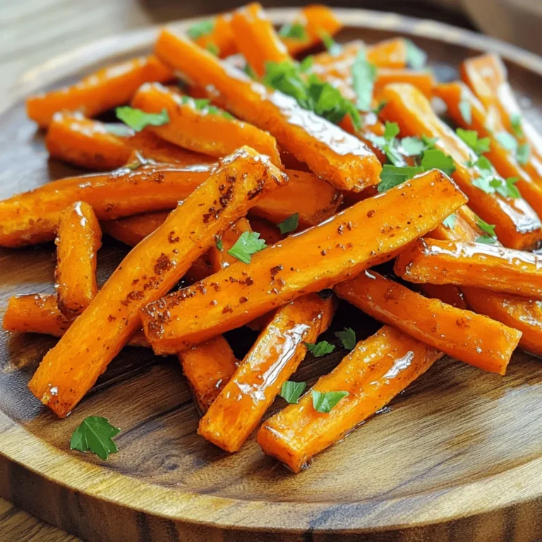 - 4 large carrots, peeled and cut into thin fries - 2 tablespoons olive oil - 3 tablespoons pure maple syrup - 1 teaspoon smoked paprika - 1/2 teaspoon garlic powder - Salt and pepper to taste - Fresh parsley, chopped (for garnish) To make maple glazed carrot fries, you need simple, fresh ingredients. Start with four large carrots. Peel them and cut them into thin fries. Thin fries cook more evenly and get crispier. Next, grab two tablespoons of olive oil. This oil helps the fries get a nice golden color. You will also need three tablespoons of pure maple syrup. This adds a touch of sweetness that pairs perfectly with carrots. Then, take one teaspoon of smoked paprika for a hint of smokiness. It gives the fries a lovely depth of flavor. Add half a teaspoon of garlic powder for an extra layer of taste. Lastly, don’t forget salt and pepper to bring all the flavors together. Fresh parsley is great for garnish. It adds a bright pop of color and freshness to your dish. First, preheat your oven to 425°F (220°C). This step ensures your fries cook evenly. Next, line a baking sheet with parchment paper. This makes cleanup a breeze and keeps the fries from sticking. Now, take four large carrots. Peel them and cut them into thin fries. Place them in a large bowl. Drizzle two tablespoons of olive oil over the carrot fries. Toss them gently to coat each fry well. Next, add three tablespoons of pure maple syrup. This will give a sweet touch. Then, sprinkle in one teaspoon of smoked paprika and half a teaspoon of garlic powder. Don’t forget to add salt and pepper to taste. Toss everything again until the fries are fully coated. Spread the carrot fries out on the lined baking sheet. Make sure they are in a single layer with space in between. This helps them roast properly. Bake them in the preheated oven for 20-25 minutes. Flip the fries halfway through to get them crispy on all sides. When they are done, the edges should be slightly caramelized, and the fries should be tender. Remove the baking sheet from the oven. Let the fries cool for a minute. Enjoy these tasty maple glazed carrot fries warm! For the best texture, space your carrot fries well on the baking sheet. Leave some space between each fry. This helps them cook evenly. If they touch, they might steam instead of roast. Check for doneness by looking for a golden-brown color on the edges. You want them tender but not mushy. If they look too soft, give them a few extra minutes. Flipping them halfway through baking helps ensure they cook evenly. To make these fries your own, adjust the seasonings. You can add more smoked paprika or garlic powder if you like a stronger flavor. If you prefer a bit of heat, try adding cayenne pepper or chili powder. You can also swap out the olive oil for another oil, like avocado or coconut oil. Each oil adds a unique taste, so feel free to experiment. For spices, consider adding cumin or chili flakes for a twist. {{image_2}} You can switch things up by using sweet potatoes or parsnips instead of carrots. Sweet potatoes add a creamy texture and a natural sweetness that pairs well with maple. They also roast beautifully, giving you crispy edges. Parsnips have a unique flavor too. They bring a slightly nutty taste, making the dish more complex. Feel free to mix in other root vegetables like beets or turnips. Each adds a new taste and color to your plate. Just remember to cut them into fries, so they cook evenly. For a fun twist, try adding balsamic glaze to your carrot fries. Drizzle it on just before serving for a tangy kick that balances the sweetness of maple. If you're a fan of bacon, consider adding maple bacon bits. The salty, smoky flavor of bacon complements the sweet maple glaze perfectly. Just sprinkle them on top after baking for an extra layer of flavor. Enjoy experimenting with these variations to create your perfect maple glazed carrot fries! To keep your maple glazed carrot fries fresh, place them in an airtight container. This method helps maintain their taste and texture. Store them in the fridge for up to three days. When you want to enjoy them again, use the oven to reheat. Preheat your oven to 350°F (175°C). Spread the fries on a baking sheet and heat for about 10 minutes. This way, they stay crispy and delicious. You can freeze carrot fries, either before or after baking. If you freeze them raw, toss the cut fries in oil and seasonings first. Then, spread them on a baking sheet to freeze for a few hours. Once frozen, transfer them to a zip-top bag. They can last up to three months in the freezer. When you're ready to cook, bake them directly from frozen. If you choose to freeze them after baking, let them cool first. Place the fries in a container or bag, making sure to remove as much air as possible. Reheat these baked fries in the oven at 350°F (175°C) for about 15 minutes to restore their crunch. Yes, you can use baby carrots. Just cut them into thin sticks. This will help them cook evenly. They may not be as crispy as larger carrots, but they will still taste great. Baby carrots offer a sweet flavor that pairs well with the maple glaze. To make your fries crispier, follow these tips: - Cut the carrots into thinner pieces. Thin fries cook faster and get crispier. - Make sure to space them out on the baking sheet. This allows hot air to circulate around each fry. - Bake them for an extra few minutes. Just keep an eye on them to avoid burning. - For an even crispier texture, try using a wire rack on top of the baking sheet. Maple glazed carrot fries pair well with many dishes. Here are some ideas: - Serve them alongside grilled chicken or fish for a balanced meal. - They also work great as a side to burgers or sandwiches. - For a fun twist, add them to a salad for extra crunch and sweetness. - Enjoy them as a tasty snack with your favorite dip, like ranch or hummus. This blog presented a simple recipe for maple glazed carrot fries. We covered necessary ingredients, step-by-step instructions, and tips for great texture and flavor. I also shared storage methods and variations for you to try. You can enjoy this recipe in many ways by switching ingredients or adjusting seasonings. Have fun with your cooking, and remember, sharing these fries with friends makes it even better! Happy cooking!