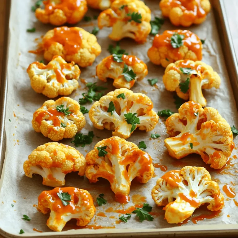 - 1 large head of cauliflower, cut into bite-sized florets - 1 cup all-purpose flour - 1 cup water - 1 teaspoon garlic powder - 1 teaspoon onion powder - ½ teaspoon smoked paprika - Salt and pepper to taste - 1 cup buffalo sauce (store-bought or homemade) - 2 tablespoons olive oil - Fresh parsley for garnish To make crispy buffalo cauliflower wings, you need a few key items. The main star is the cauliflower. A large head works best. Cut it into small florets that are easy to eat. Next, you need the batter ingredients. This includes one cup of all-purpose flour and one cup of water. Add one teaspoon each of garlic powder and onion powder. A half teaspoon of smoked paprika brings a nice kick. Don't forget salt and pepper to taste! For the buffalo sauce, you can use store-bought or make your own. You will need one cup of sauce. Lastly, grab two tablespoons of olive oil to mix with the sauce. Fresh parsley adds color and flavor as a garnish. These ingredients blend well to create a tasty treat. Make sure you have everything ready before you start cooking. Enjoy your time in the kitchen! Preheating the Oven Start by preheating your oven to 450°F (232°C). This step is key for crispy wings. Line a baking sheet with parchment paper. This helps with easy cleanup. Making the Batter In a large mixing bowl, combine 1 cup of all-purpose flour, 1 teaspoon of garlic powder, 1 teaspoon of onion powder, and ½ teaspoon of smoked paprika. Add salt and pepper to taste. Gradually whisk in 1 cup of water until the batter is smooth. It should be thick but not lumpy. Coating the Cauliflower Take your large head of cauliflower and cut it into bite-sized florets. Dip each floret into the batter. Make sure each piece gets a good coating. Shake off any extra batter. Place the coated florets on your prepared baking sheet. First Baking Phase Now, bake the cauliflower wings in the oven for about 25 minutes. Flip them halfway through to ensure they cook evenly. You want them golden brown and crispy. Making the Buffalo Sauce While the wings bake, mix 1 cup of buffalo sauce with 2 tablespoons of olive oil in a small bowl. This adds flavor and helps the sauce stick to the wings. Second Baking Phase After the first baking phase, take the wings out. Toss them in the buffalo sauce mixture until they are well coated. Return them to the baking sheet and bake for another 10 minutes. This will make them even crispier. Garnishing Once the wings are done, let them cool for a few minutes. Then, garnish with freshly chopped parsley. This adds a nice color and fresh flavor. Serving Suggestions Serve your crispy buffalo cauliflower wings hot. They pair well with celery sticks and a side of ranch or blue cheese dip. Enjoy your tasty creation! Selection of Cauliflower Pick a large head of cauliflower. Make sure it is fresh and firm. Look for bright white florets with no brown spots. This will give you the best crunch and taste. Perfecting the Batter Mix one cup of all-purpose flour with spices. Use garlic powder, onion powder, smoked paprika, salt, and pepper. Gradually whisk in one cup of water. This will create a smooth batter. Make sure it clings well to the cauliflower. Baking Techniques Preheat your oven to 450°F (232°C). Bake the coated cauliflower for 25 minutes. Flip them halfway for even cooking. For extra crispiness, bake them again after tossing in buffalo sauce. This step makes a big difference! Overcoating Cauliflower Do not dip the cauliflower in too much batter. A light coat is all you need. Shake off any excess batter before baking. This helps them crisp up better. Underbaking Tips Make sure you bake the wings long enough. If they are pale, they won’t be crispy. If needed, give them a few extra minutes in the oven. This will ensure they turn golden brown and delicious. {{image_2}} If you want to change up the flavor, try making homemade buffalo sauce. Just mix melted butter with hot sauce. You can adjust the heat by adding more or less hot sauce. This way, you can find the perfect spice level for you. You can also explore other flavors. Consider teriyaki sauce or garlic parmesan. You could even try BBQ sauce for a sweet twist. Each sauce brings a new taste to your crispy buffalo cauliflower wings. Feel free to experiment! You can make crispy buffalo cauliflower wings in different ways. The air fryer is a great option. It cooks them quickly and keeps them crispy. Set your air fryer to 400°F (204°C). Cook for about 15-18 minutes, shaking the basket halfway through. If you prefer deep frying, that works too! Heat oil in a large pot to 350°F (175°C). Fry the coated cauliflower for about 5-7 minutes. Make sure they are golden brown. Drain them on paper towels and toss in sauce. Both methods give you tasty results. To store leftover crispy buffalo cauliflower wings, follow these tips: - Best Practices for Refrigeration: Place your cooled wings in an airtight container. They stay fresh in the fridge for up to three days. Make sure to separate layers with parchment paper to prevent sticking. This keeps them crispy. - Freezing Instructions: If you want to freeze them, let the wings cool completely first. Then, arrange them in a single layer on a baking sheet. Freeze until solid. After that, transfer them to a freezer-safe bag. They can stay in the freezer for up to three months. Reheating your crispy buffalo cauliflower wings correctly is key to keeping them tasty. - Oven Method: Preheat your oven to 400°F (204°C). Place the wings on a baking sheet lined with parchment paper. Bake for about 10-15 minutes, or until they are hot and crispy again. This method helps maintain the crunch. - Microwave Method: If you're short on time, use the microwave. Place a few wings on a microwave-safe plate. Cover with a damp paper towel to avoid drying out. Heat for about 30 seconds, checking often. This is quicker but may not keep them as crispy. To make crispy buffalo cauliflower wings gluten-free, swap the all-purpose flour for gluten-free flour. You can use almond flour or chickpea flour as great options. These flours provide a similar texture without gluten. Ensure your buffalo sauce is also gluten-free. Many store-bought sauces are safe, but always check the label. Yes, you can use frozen cauliflower. Just remember to thaw and dry the florets before coating. Frozen cauliflower may not get as crispy as fresh, but it still tastes great. Bake them for a few extra minutes to help them crisp up more. These wings pair well with a variety of sides. Here are a few tasty options: - Celery sticks with ranch dressing - Carrot sticks for a crunchy bite - A fresh garden salad for lightness - Rice or quinoa for a filling meal - Extra buffalo sauce on the side for dipping Feel free to mix and match your sides to create your perfect meal! You learned how to create crispy buffalo cauliflower wings that are sure to impress. We covered essential ingredients, step-by-step instructions, and tips for perfecting your dish. Remember, selecting the right cauliflower and mastering the batter are key. Don't forget to explore different sauces and cooking methods for fun twists. Store leftovers properly and use our reheating tips to enjoy them later. With these insights, you can make a delicious snack that everyone will love. Get cooking and enjoy the tasty rewards!