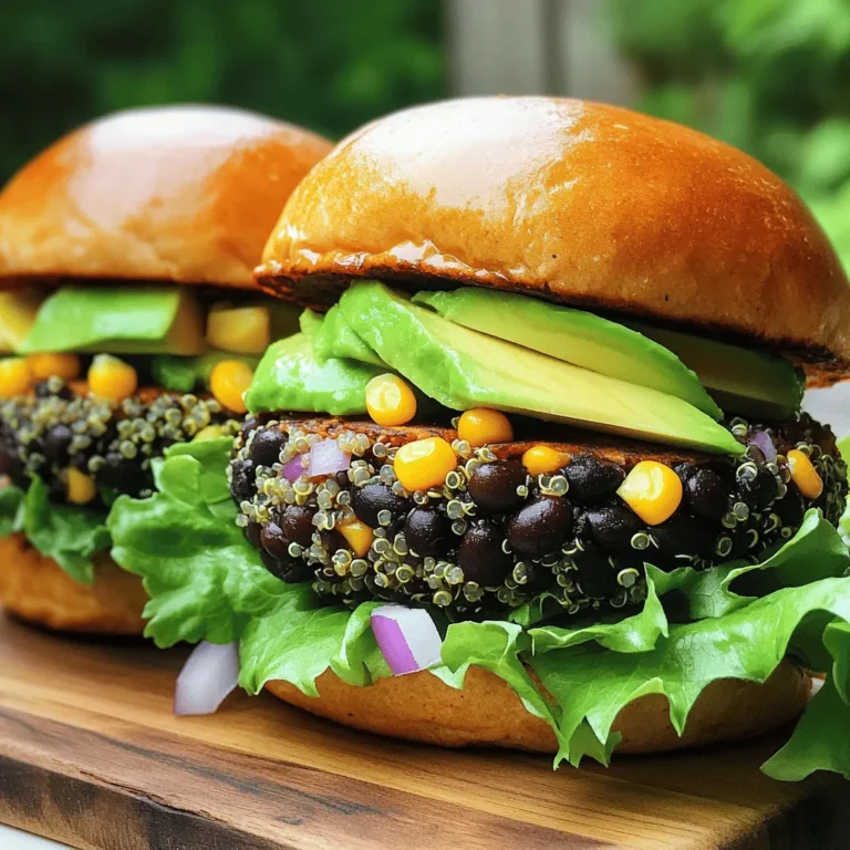 To make savory black bean quinoa burgers, gather these key ingredients: - 1 cup cooked quinoa - 1 can (15 oz) black beans, drained and rinsed - 1/2 cup breadcrumbs (preferably whole wheat) - 1/2 cup corn kernels (fresh or frozen) - 1/4 cup red onion, finely chopped - 2 garlic cloves, minced - 1 teaspoon cumin - 1 teaspoon smoked paprika - 1/2 teaspoon chili powder - 1 large egg (or flax egg for a vegan option) - Salt and pepper to taste - Olive oil for cooking - Quinoa: High in protein and fiber, quinoa is a complete grain. - Black Beans: Packed with protein, these beans also provide fiber and iron. - Breadcrumbs: They help bind the mixture, adding a nice texture. - Corn: Adds sweetness and crunch, plus vitamins A and C. - Egg: Helps the patties hold together; it provides protein. These ingredients not only combine to create a tasty burger but also offer a range of nutrients that make this dish a healthy choice. You can elevate your black bean quinoa burgers with these delicious toppings: - Avocado slices - Fresh lettuce - Sliced tomato - Your favorite sauce, like salsa or yogurt If you're looking for alternatives, consider these options: - For a vegan choice, skip the egg and use a flax egg. - Use a gluten-free bun or lettuce wrap for a gluten-free meal. - Try sliced pickles for a tangy twist. Feel free to mix and match toppings to suit your taste and dietary needs! To start, you’ll need to mash the black beans. Use a fork or potato masher. Aim for a mostly smooth texture but leave some chunks for bite. Next, add the cooked quinoa to the bowl. Make sure it’s cool before you mix. Then, toss in the breadcrumbs, corn, chopped red onion, and minced garlic. For seasoning, sprinkle in the cumin, smoked paprika, chili powder, salt, and pepper. Finally, crack in the egg or add a flax egg for a vegan option. Mix everything together using a sturdy spoon or your hands. If the mix feels too wet, add more breadcrumbs. This will help it hold shape. Now, it’s time to shape the patties. Divide the mixture into four equal portions. Roll each portion into a ball and then flatten it gently to form a patty. Make sure each patty is about ¾ inch thick. This thickness helps them cook evenly. To ensure a good texture, press the patties firmly but not too hard. This keeps them from falling apart while cooking. You can cook the burgers in a skillet or bake them. For the skillet method, heat olive oil over medium heat. Once hot, carefully place the patties in the skillet. Cook each side for about 5-6 minutes. Look for a crispy, golden-brown crust. If you prefer baking, preheat your oven to 375°F (190°C). Place the patties on a lined baking sheet. Bake for 20-25 minutes, flipping halfway through. This helps them cook evenly. Once cooked, let the burgers rest on a paper towel. This step absorbs any excess oil. Now they’re ready to serve! To boost the taste of your black bean quinoa burgers, try these tips: - Spices: Use cumin, smoked paprika, and chili powder. They add warmth and depth. - Fresh Herbs: Add cilantro or parsley for a bright note. - Cooking Techniques: Sauté onions and garlic before mixing. This helps release their flavors. When making quinoa burgers, be aware of these common pitfalls: - Too Wet Mixture: If your mixture is too wet, add more breadcrumbs. This helps the patties hold shape. - Too Crumbly: If it’s crumbly, add a splash of water or an extra egg. This binds the mixture better. You can prep your black bean quinoa burger ingredients in advance: - Prep Ingredients: Cook your quinoa ahead of time. Chop onions and garlic the night before. - Storing Leftovers: Keep leftover mixture in an airtight container. You can store it in the fridge for up to 3 days. Shape patties and freeze them for up to a month. This way, you can enjoy a quick meal later! {{image_2}} You can easily adjust this recipe. For a vegan option, swap the egg for a flax egg. To make a flax egg, mix one tablespoon of ground flaxseed with three tablespoons of water. Let it sit for a few minutes until it thickens. If you need a gluten-free burger, use almond flour instead of breadcrumbs. Almond flour gives a nice nutty flavor and works well in this mix. To boost the taste, consider adding cheese or sautéed mushrooms. A sprinkle of feta or mozzarella brings creaminess. Sautéed mushrooms add a rich, earthy flavor. You can also try regional twists. For a spicy kick, add jalapeños or cayenne pepper. For a Mediterranean flair, mix in sun-dried tomatoes and oregano. Pair these burgers with sides like sweet potato fries or a fresh salad. You can also serve them with homemade sauces like avocado crema or zesty salsa. For a fun twist, try serving the burgers in a salad. Place the patty on a bed of greens, add chopped veggies, and drizzle with your favorite dressing. This makes for a bright and filling meal! To keep your cooked black bean quinoa burgers fresh, first, let them cool completely. Wrap each patty in plastic wrap or place them in an airtight container. You can refrigerate them for up to four days. If you want to keep them longer, freeze the patties. Place them in a freezer-safe bag, and they can last for up to three months. When you’re ready to eat the leftovers, reheat them on a skillet over medium heat. Cook for about three to four minutes on each side. This keeps the outside crispy while warming the inside. You can also use the oven. Bake them at 350°F for about 10-15 minutes until heated through. If you have leftover uncooked burger mixture, store it in a sealed container. Keep it in the fridge and use it within two days for the best taste and texture. If you store it longer, it may lose its flavor. To maintain freshness, make sure the container is airtight. You can also portion the mixture into patties and freeze them before cooking. This way, you can cook them fresh whenever you want. Cooked black bean quinoa burgers last about four days in the fridge. In the freezer, they can stay good for about three months. Uncooked mixture stays fresh for two days in the fridge. To ensure safety, always check for any off smells or changes in texture before cooking or eating. Proper storage keeps your burgers tasty and safe! Yes, you can freeze Black Bean Quinoa Burgers. To freeze them, follow these steps: - Let the cooked burgers cool completely. - Place them in a single layer on a baking sheet. - Freeze for about 1-2 hours until firm. - Transfer the burgers to a freezer-safe bag or container. - Label with the date and type. To reheat, remove from the freezer and thaw in the fridge overnight. Heat in a skillet over medium heat for about 5-7 minutes on each side, or until warm. You can also bake them at 375°F for 15-20 minutes. Absolutely! These Black Bean Quinoa Burgers are great for meal prep. Here are some tips: - Make a large batch during the weekend. - Store uncooked patties in the fridge for up to 3 days. - Cooked burgers can stay in the fridge for up to 4 days. - Use airtight containers to keep them fresh. You can assemble your meals by pairing the burgers with various sides. This saves time and keeps your meals exciting all week. If you want to switch things up, try these substitutes for black beans: - Pinto beans for a creamier texture. - Chickpeas for a nutty flavor. - Lentils, which add a hearty bite. Each option brings its unique taste and texture to the burger. Feel free to experiment and find your favorite! Black Bean Quinoa Burgers offer a tasty, healthy option for meals. You gathered key ingredients and learned how to prepare, form, and cook delicious patties. We covered tips for flavor, common mistakes, and how to store your creations. These burgers are versatile, so feel free to modify them to suit your taste. By planning ahead and using simple techniques, you can enjoy nutritious burgers anytime. Embrace these healthy recipes and enjoy the process of cooking!