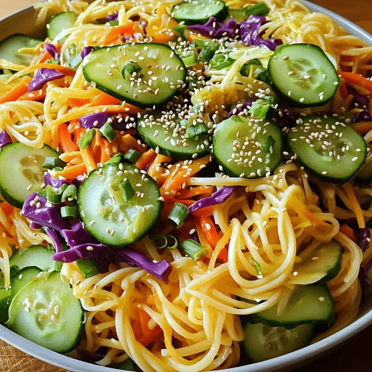 - 8 ounces rice noodles - 1 cup cucumber, julienned - 1 cup bell pepper, thinly sliced - 1 cup carrots, grated - 1 cup purple cabbage, thinly sliced - 3 tablespoons sesame oil - 2 tablespoons soy sauce (or tamari for gluten-free) - 1 tablespoon fresh ginger, grated - 1 tablespoon honey or agave syrup - 1 tablespoon rice vinegar - 1 teaspoon chili paste (optional) - 1/4 cup green onions, chopped - 1/4 cup sesame seeds, toasted To create a Sesame Ginger Noodle Salad, you need fresh and colorful ingredients. Start with rice noodles as the base. They soak up the dressing well and add a nice texture. Next, add crunchy vegetables. I love using cucumber, bell pepper, carrots, and purple cabbage for color and crunch. For the dressing, use sesame oil for a nutty flavor. Soy sauce gives it saltiness, and fresh ginger adds zing. Honey or agave brings sweetness, while rice vinegar adds a tangy note. If you enjoy spice, add chili paste for that kick. Toppings like green onions and toasted sesame seeds add great flavor and crunch. They also make the salad look pretty. Each ingredient plays a role in making this salad fresh and tasty. - Cook the rice noodles according to package instructions. - Drain and rinse with cold water. - Combine cucumbers, bell pepper, carrots, purple cabbage, and green onions in a bowl. - Whisk together sesame oil, soy sauce, grated ginger, honey (or agave), rice vinegar, and chili paste until well combined. - Add cooled noodles to the vegetables. - Pour dressing over and toss to coat. - Gently fold in toasted sesame seeds and save some for garnish. - Let sit for 10 minutes to meld flavors. - Serve chilled or at room temperature. This method gives you a fresh and tasty noodle salad. Follow each step closely. Enjoy the bright colors and rich flavors! Serve your Sesame Ginger Noodle Salad in a large bowl or on individual plates. This way, everyone can enjoy their portion. A colorful presentation makes it eye-catching. Garnish with extra sesame seeds and chopped green onions for added flair. Feel free to customize your salad. You can swap in your favorite veggies like snap peas or radishes. Try adding avocado for creaminess or bean sprouts for crunch. If you prefer a different dressing, mix up the flavors by trying peanut sauce or a citrus vinaigrette. To boost the flavor, consider marinating the veggies in the dressing for 30 minutes. This step allows them to soak in all the tasty goodness. If you like heat, add more chili paste to the dressing. Adjust it to your spice level. Enjoy experimenting and make the salad your own! {{image_2}} You can easily boost this salad with protein. Here are some tasty options: - Grilled Chicken: Slice it thin and mix it in. - Shrimp: Cook and chill before adding for a fresh taste. - Tofu: Use firm tofu, pan-fry it, and then cube it. These proteins add flavor and make your meal more filling. If you need gluten-free options, don’t worry! Here’s what you can do: - Rice Noodles: They are already gluten-free, making them a great choice. - Tamari: Use this instead of soy sauce for your dressing. - Gluten-Free Dressings: Make sure to check labels when buying. These swaps keep your salad safe and delicious. Make your salad fresh with seasonal veggies. Here are some ideas: - Spring: Add snap peas and asparagus for crunch. - Summer: Toss in cherry tomatoes for a burst of flavor. - Fall: Use roasted sweet potatoes for warmth. - Winter: Try kale or Brussels sprouts for a hearty bite. These seasonal touches will keep your salad exciting all year round! To keep your Sesame Ginger Noodle Salad fresh, store leftovers in an airtight container. Place it in the fridge right after serving. This helps keep the flavors and crunch intact. It’s best to eat the salad within three days. If you wait too long, the veggies can become soggy. You can freeze this salad, but it’s not ideal. The ingredients may lose their texture after freezing. If you still want to freeze it, do so without the dressing. Store the salad in a freezer-safe bag. When ready to eat, let it thaw in the fridge overnight. I recommend serving this salad chilled. The flavors shine when it’s cold. If you prefer it warm, you can gently reheat the noodles. Just be careful, as the veggies should stay fresh and crunchy. Enjoy it at room temperature or cold for the best taste! To make this salad shine, focus on fresh ingredients. Use firm, crisp vegetables like cucumbers and bell peppers. Cut them into thin pieces for a nice crunch. Cook the rice noodles just until tender. Rinse them well to stop the cooking. This keeps them from getting mushy. Don’t skip the dressing! Whisk sesame oil, soy sauce, and ginger well. Taste it before adding to the salad. Adjust sweetness with honey or agave if needed. Finally, let the salad sit for a few minutes. This helps the flavors mix together nicely. Yes, you can prep this salad ahead of time. Make the dressing and chop the veggies the day before. Store the dressing in a separate container. This keeps the salad fresh and crunchy. Mix everything together just before serving. If you have leftovers, keep them in the fridge. They will stay good for about two days. You can try several alternatives if you don’t have rice noodles. Gluten-free options include zucchini noodles or quinoa. You can also use regular pasta like spaghetti. Just cook it until al dente. Rinse it under cold water like you would the rice noodles. Yes, this Sesame Ginger Noodle Salad is vegan! The main ingredients are vegetables and rice noodles. For the dressing, use agave syrup instead of honey. This keeps the recipe plant-based and tasty. The salad lasts about two days in the fridge. After that, the veggies may get soft. Always store it in an airtight container. This helps keep the flavors fresh longer. By using fresh ingredients and simple methods, you can create a tasty sesame ginger noodle salad. We covered essential ingredients like rice noodles and colorful vegetables. I shared easy steps for cooking and mixing, plus tips for serving and customizing. Remember, you can add proteins or adjust flavors to fit your taste. Enjoy this dish chilled or at room temperature. It’s perfect for meal prep and keeps well in the fridge. Try this recipe to enjoy a healthy and fun meal!