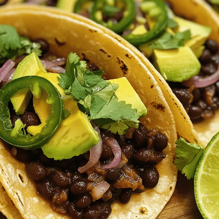 To make Spicy Black Bean Tacos, gather these simple items: - 2 cans black beans, rinsed and drained - 1 tablespoon olive oil - 1 small red onion, finely chopped - 2 cloves garlic, minced - 1 jalapeño, finely chopped (seeds removed for less heat) - 1 teaspoon ground cumin - 1 teaspoon smoked paprika - 1/2 teaspoon cayenne pepper (adjust to taste) - Salt and pepper to taste - 8 small corn tortillas - 1 avocado, sliced - 1 cup fresh cilantro, chopped - Lime wedges for serving These tacos are not only tasty but also nutritious. Each serving contains: - Calories: About 300 - Protein: 12 grams - Carbohydrates: 45 grams - Fiber: 10 grams - Fat: 10 grams You can easily swap some ingredients for others. If you want a milder taste, use a green bell pepper instead of jalapeño. For more protein, add grilled chicken or crumbled tofu. You can also use flour tortillas if you prefer. Sprinkle some cheese or add a dollop of sour cream for extra richness. Start by gathering all your ingredients. You need: - 2 cans black beans, rinsed and drained - 1 tablespoon olive oil - 1 small red onion, finely chopped - 2 cloves garlic, minced - 1 jalapeño, finely chopped (seeds removed for less heat) - 1 teaspoon ground cumin - 1 teaspoon smoked paprika - 1/2 teaspoon cayenne pepper (adjust to taste) - Salt and pepper to taste - 8 small corn tortillas - 1 avocado, sliced - 1 cup fresh cilantro, chopped - Lime wedges for serving Heat a skillet over medium heat. Add olive oil and let it warm up. Next, add the chopped red onion. Sauté for about 3-4 minutes until it looks clear. Then, stir in minced garlic and chopped jalapeño. Cook for 1-2 minutes until you smell the good aroma. Now, add the black beans. Sprinkle in the ground cumin, smoked paprika, cayenne pepper, salt, and pepper. Use a fork to mash some of the black beans while stirring. Cook this mixture for 5-7 minutes until everything gets hot. While the beans cook, grab a separate skillet. Heat the corn tortillas over low heat. Cook each side for about 30 seconds. This makes them warm and soft. Now it’s time to build your tacos! Take a warm tortilla and spoon in the spicy black bean mixture. Top it off with sliced avocado and a handful of fresh cilantro. Don’t forget to serve lime wedges on the side. A squeeze of lime adds a fresh taste that brightens the tacos. Enjoy your flavorful meal! To start, rinse and drain the black beans. This step removes excess salt and improves taste. In a skillet, heat olive oil over medium heat. Add chopped red onion and cook until soft and clear. This process takes about 3-4 minutes. Next, add minced garlic and chopped jalapeño. Cook these for 1-2 minutes until they smell great. Then, mix in the black beans with spices like cumin and paprika. Mash some beans with a fork. This adds texture. Cook everything together for 5-7 minutes until warm. To make your tacos even tastier, consider adding more spices. You can adjust the cayenne pepper based on your heat level. For something special, try adding a pinch of oregano or coriander. These spices bring out the rich flavor of the beans and add depth. Don’t be afraid to taste and tweak as you go. A little salt and pepper can go a long way, so add them to suit your taste. When you serve these tacos, keep it simple yet bright. Use small corn tortillas for a perfect bite. Top each taco with fresh avocado slices and chopped cilantro. The creamy avocado balances the spice well. Lime wedges are a must! Squeeze fresh lime juice over the tacos just before eating. This adds a zesty kick that makes each bite pop. Enjoy your flavorful creation with friends or family for a fun meal! {{image_2}} These tacos shine as a vegan meal. The black beans provide protein and flavor. You can add more veggies for crunch. Try corn, bell peppers, or zucchini. These options keep the dish tasty and healthy. Toppings can change your taco game. You might add sliced radishes for a crunch. Fresh salsa gives a burst of flavor, while shredded lettuce adds volume. Don’t forget dairy-free sour cream for creaminess. Lime wedges are perfect for that zesty finish. Adjusting heat is easy. If you want milder tacos, skip the jalapeño. You can replace it with a sweet pepper. For more heat, add extra cayenne pepper. Always taste as you go. You control the spice! You can store leftover bean mixture in an airtight container. Let it cool first. Place it in the fridge for up to three days. Make sure to label it, so you remember what it is. When you’re ready to eat, just pull it out and enjoy! To freeze the bean mixture, use freezer-safe bags. Divide it into small portions. Remove as much air as you can before sealing. You can freeze it for up to three months. When you want to use it, thaw it in the fridge overnight. Reheating is simple. You can use a skillet or microwave. For the skillet, heat over medium-low. Stir the mixture until hot, about 5 minutes. If using the microwave, place it in a bowl. Heat for 1-2 minutes, stirring halfway through. Enjoy your quick meal! The best toppings for Spicy Black Bean Tacos include: - Sliced avocado - Fresh cilantro - Diced tomatoes - Chopped red onion - Crumbled feta or cotija cheese - Sour cream or Greek yogurt - Lime wedges You can mix and match toppings to fit your taste. I love avocado and cilantro. They add creaminess and freshness. Tomatoes bring a nice burst of flavor too! To make these tacos gluten-free, use corn tortillas. They are naturally gluten-free. Always check the label to ensure no gluten is present. You can also add toppings like salsa or guacamole that are gluten-free. Yes, you can use dried black beans instead of canned. Just soak them overnight. Then cook them until soft. This adds time but can boost flavor. Use about one cup of dried beans for this recipe. Adjust cooking time for the beans to be tender. In this post, we covered how to make tasty spicy black bean tacos. We discussed ingredients, cooking steps, and helpful tips. You learned about fun variations and how to store leftovers. These tacos are easy to modify for your needs. Use extra spices or different toppings to change flavors. Whether you want a spicy kick or a mild bite, these tacos can fit any taste. Enjoy your cooking adventure!