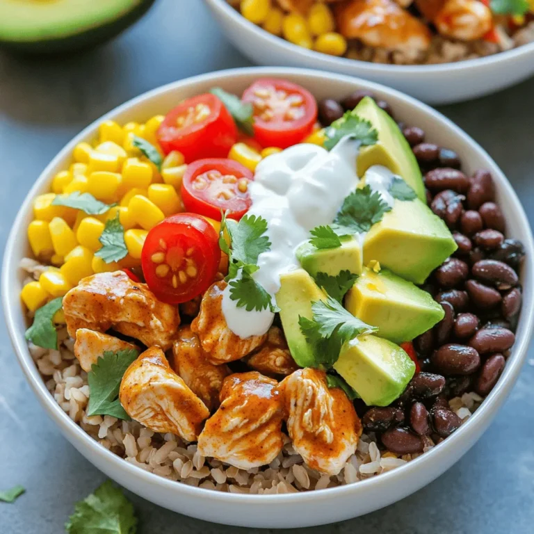 To make a tasty Chipotle Chicken Burrito Bowl, you need these main ingredients: - 1 pound chicken breast, diced - 2 tablespoons chipotle sauce - 1 teaspoon cumin - 1 teaspoon garlic powder - 1 cup brown rice - 2 cups chicken broth (or water) - 1 can black beans, drained and rinsed - 1 cup corn (fresh or frozen) - 1 red bell pepper, diced - 1 avocado, diced - 1 cup cherry tomatoes, halved - ½ cup cilantro, chopped - 1 lime, juiced - Salt and pepper to taste - Olive oil for cooking These ingredients create a bright, spicy flavor. The chicken and chipotle sauce give great taste. The fresh veggies add crunch and color. You can add these toppings for extra flavor: - Shredded cheese - Sour cream - Jalapeños These options let you customize your bowl. You can make it as rich or light as you prefer. Before you start cooking, check for these pantry staples: - Olive oil - Salt - Pepper Having these staples on hand makes it easy to cook. They help enhance the flavors of your meal. Start by gathering your chicken breast. Dice it into bite-sized pieces. In a bowl, mix the diced chicken with chipotle sauce, cumin, garlic powder, salt, and pepper. Make sure the chicken is well coated with the spice mix. Cover the bowl and let it marinate in the fridge for at least 30 minutes. This step adds great flavor to the chicken. Next, it’s time to cook the rice. In a saucepan, heat chicken broth until it boils. If you don't have broth, water works too. Add 1 cup of brown rice to the boiling broth. Cover the pot and reduce the heat to low. Let it simmer for about 30 to 35 minutes. The rice is done when it’s tender and the liquid is absorbed. Fluff it with a fork before serving. Now, heat a tablespoon of olive oil in a large skillet over medium-high heat. Add your marinated chicken to the skillet. Cook the chicken until it turns golden brown, about 7 to 10 minutes. Stir it every few minutes for even cooking. Once the chicken is done, remove it from the skillet. In the same skillet, add a bit more olive oil if needed. Toss in diced red bell pepper. Sauté it for about 3 to 4 minutes until it becomes slightly tender. If you’re adding corn, stir it in along with the bell pepper. Now comes the fun part: assembling your burrito bowls! Start with a base of brown rice in each serving bowl. On top of the rice, add a generous scoop of sautéed chicken, black beans, and the sautéed bell pepper and corn mix. Next, sprinkle in halved cherry tomatoes and diced avocado. For the finishing touch, drizzle fresh lime juice over everything. Top it off with chopped cilantro and any optional toppings you like, such as shredded cheese, sour cream, or jalapeños. Enjoy your colorful and tasty burrito bowl! Marinating chicken adds great flavor. Start with fresh chicken breast for the best taste. Use a bowl to mix the chicken, chipotle sauce, cumin, garlic powder, salt, and pepper. Make sure every piece is coated. Cover the bowl and chill it for at least 30 minutes. For even more flavor, marinate it overnight. This allows the spices to soak in better. Cooking brown rice can be tricky. Use chicken broth instead of water for extra flavor. In a saucepan, bring the broth to a boil. Once boiling, add the rice and cover the pan. Lower the heat and let it simmer for 30-35 minutes. Check the rice to ensure all the liquid is absorbed. After cooking, fluff the rice with a fork to keep it light and fluffy. Your bowl should reflect your taste. Start with the rice as a base. Then, layer in the marinated chicken, black beans, and veggies. Feel free to swap out ingredients. You can add more spices or switch the bell pepper for another vegetable. Try adding cheese or sour cream for richness. Top it off with fresh lime juice and cilantro for a burst of flavor. This makes your bowl unique and delicious! {{image_2}} You can easily make a vegetarian or vegan burrito bowl. Instead of chicken, use grilled vegetables. Zucchini, mushrooms, and bell peppers work well. For protein, try black beans or chickpeas. You can add extra flavor with chipotle sauce. Use vegetable broth to cook the rice for added taste. Top with avocado and fresh salsa for a burst of flavor. If you want to switch up the protein, try shrimp or tofu. Shrimp cooks fast and adds a nice taste. Tofu is a great choice for a plant-based option. Press and cube the tofu, then marinate it like chicken. For even more variety, use ground turkey or beef; just adjust the cooking time. While brown rice is tasty, you can explore other grains. Quinoa adds a nutty flavor and is packed with protein. Cauliflower rice is a low-carb option that’s great for lighter meals. You can also try farro or barley for a chewy texture. Each grain gives a different taste and feel to your burrito bowl. You can store leftovers in an airtight container. Let your burrito bowls cool down first. They can last in the fridge for up to three days. Make sure to keep each ingredient separate if possible. This helps keep the flavors fresh and the textures nice. To reheat, use the microwave or a skillet. If using the microwave, place your bowl in for about one to two minutes. Stir halfway through to heat evenly. If you prefer the skillet, add a little olive oil over medium heat. Heat for about five minutes while stirring. This method keeps the chicken juicy. You can freeze your burrito bowl for later meals. Just place the cooled ingredients in a freezer-safe container. Separately freeze the rice, chicken, and veggies for the best results. They can last about three months in the freezer. When ready to eat, thaw overnight in the fridge. Reheat as mentioned above for a quick and tasty meal. You can use white rice or quinoa instead of brown rice. Both are tasty. If you want a low-carb option, try cauliflower rice. It cooks fast and is light. Just remember to season it well for flavor. Yes, you can make these bowls ahead! Cook the chicken, rice, and veggies first. Store them in separate containers in the fridge. When you’re ready to eat, just warm everything up. It saves time and makes meal prep easy. To spice it up, add more chipotle sauce or diced jalapeños. You can also use spicy salsa or hot sauce. For an extra kick, sprinkle crushed red pepper flakes on top. Adjust the heat to match your taste! You now know how to make Chipotle Chicken Burrito Bowls at home. We explored key ingredients, step-by-step cooking, and tips for success. We also discussed variations and storage methods. Customize your bowl with fun toppings. Make it your own! Remember, cooking should be enjoyable. I encourage you to try these steps and share your tasty results. Enjoy your flavorful journey with these burrito bowls!