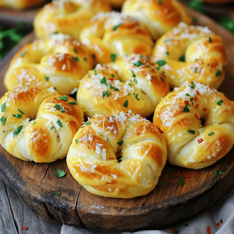 To make buttery garlic knots, you will need: - 1 package (1 lb) pizza dough (homemade or store-bought) - 1/2 cup unsalted butter, melted - 4 cloves garlic, minced - 1 teaspoon dried oregano - 1 teaspoon dried parsley - Salt and pepper to taste These ingredients come together to create the rich, buttery flavor of the knots. The pizza dough serves as the base, while the butter and garlic give it a delicious aroma and taste. The herbs add depth, making each bite a treat. You can also enhance your garlic knots by adding: - 1/2 teaspoon red pepper flakes (optional) - Freshly grated Parmesan cheese for topping - Fresh parsley, chopped for garnish Red pepper flakes add a spicy kick if you enjoy heat. Grated Parmesan gives a cheesy finish, and fresh parsley adds a pop of color and flavor. You will need a few simple tools to make these garlic knots: - Baking sheet - Parchment paper - Rolling pin - Knife or pizza cutter - Mixing bowl These tools make the process easy and fun. A baking sheet lined with parchment paper helps with easy cleanup, while a rolling pin and knife help shape the dough into perfect strips. Start by preheating your oven to 375°F (190°C). While that heats, grab your pizza dough. You can use homemade or store-bought. On a lightly floured surface, roll the dough out. Make a rectangle that is about 1/4 inch thick. Next, cut the dough into strips. Each strip should be about 1 inch wide and 6 inches long. Now, take each strip and tie it into a knot. Place the knots on a baking sheet lined with parchment paper. Leave space between each knot to allow them to rise and bake evenly. In a small bowl, combine melted unsalted butter, minced garlic, and dried herbs. Add in 1 teaspoon of dried oregano, 1 teaspoon of dried parsley, and 1/2 teaspoon of red pepper flakes if you like some heat. Season this mixture with salt and pepper to taste. Mix until everything is well combined. This garlic butter will give your knots that delicious flavor. Brush the garlic butter mixture generously over each knot. Make sure every knot gets a good coat. Now, bake them in the preheated oven for 15 to 20 minutes. Keep an eye on them until they turn golden brown. Once baked, take them out and sprinkle freshly grated Parmesan cheese over the top while they are still hot. This adds a nice touch. Finally, garnish with fresh chopped parsley for a pop of color. Serve these warm and enjoy the buttery goodness! To get the best texture for your garlic knots, start with room temperature dough. This makes it easy to roll and shape. When you tie the knots, aim for a tight twist. This helps them hold their shape while baking. Bake them until they are golden brown. This step gives a nice crunch on the outside while keeping the inside soft. To keep your buttery garlic knots fresh, let them cool first. Place them in an airtight container. They can stay at room temperature for a day. For longer storage, put them in the fridge. They last up to three days there. If you want to keep them longer, freeze the knots. Wrap them tightly in plastic wrap and put them in a freezer bag. They can last up to three months in the freezer. Serve your garlic knots warm for the best flavor. You can drizzle leftover garlic butter on top for extra taste. Sprinkle more Parmesan cheese for a cheesy kick. Pair the knots with marinara sauce for dipping. This adds a nice tang and complements the garlic flavor. For a fresh touch, add a sprinkle of chopped parsley before serving. Enjoy with friends or family for a fun snack! {{image_2}} You can change up the flavors in your buttery garlic knots. Try adding different herbs like basil or thyme. You can also mix in some cheese into the dough for a cheesy bite. Instead of red pepper flakes, use Italian seasoning or even a touch of lemon zest for a fresh kick. To make these knots vegan, swap the butter with a plant-based alternative. Use a vegan pizza dough too. For gluten-free knots, look for gluten-free pizza dough at the store. Many brands offer great options that still taste yummy. Dipping sauces add fun to your garlic knots! A classic marinara sauce pairs well. You might also enjoy a creamy ranch or a spicy aioli. For a twist, try a balsamic glaze or a simple garlic butter dip. These sauces can enhance the flavor and make your snack even more exciting! You can store unbaked garlic knots in the fridge. Place them on a baking sheet. Cover them with plastic wrap. This keeps them fresh for up to 24 hours. If you need more time, freeze them instead. Wrap each knot in plastic wrap and place them in a freezer bag. They can stay in the freezer for up to three months. When you're ready to bake, just let them thaw in the fridge overnight. Store leftover garlic knots in an airtight container. They will stay fresh for about 2 days at room temperature. If you want them to last longer, place them in the fridge. They can last for about a week this way. Before storing, let them cool completely. This prevents moisture buildup, which can make them soggy. To enjoy garlic knots again, reheating is key. Preheat your oven to 350°F (175°C). Place the knots on a baking sheet. Cover them with foil to keep them from getting too dry. Heat for about 10 minutes. If you want extra flavor, brush them with a bit of melted butter before reheating. This will bring back their buttery goodness! Yes, you can use store-bought dough. It saves time and effort. Many brands make great pizza dough. Just follow the same steps for shaping and baking. You will still get tasty garlic knots. Garlic knots stay fresh for about two days at room temperature. Keep them in an airtight container. If you want them to last longer, store them in the fridge for up to a week. Just remember to reheat them before serving. They taste best warm. Garlic knots pair well with many dishes. Try serving them with marinara sauce for dipping. You can also enjoy them with salads or soups. They make a great side for pizza, pasta, or any Italian meal. You’ve learned how to make buttery garlic knots, from key ingredients to baking steps. I shared tips for perfect texture and suggested fun variations, including vegan options. Proper storage and reheating will keep your knots fresh longer. Enjoy these knots with sauces or pair them with a meal. Now it's time to make your own delicious garlic knots!