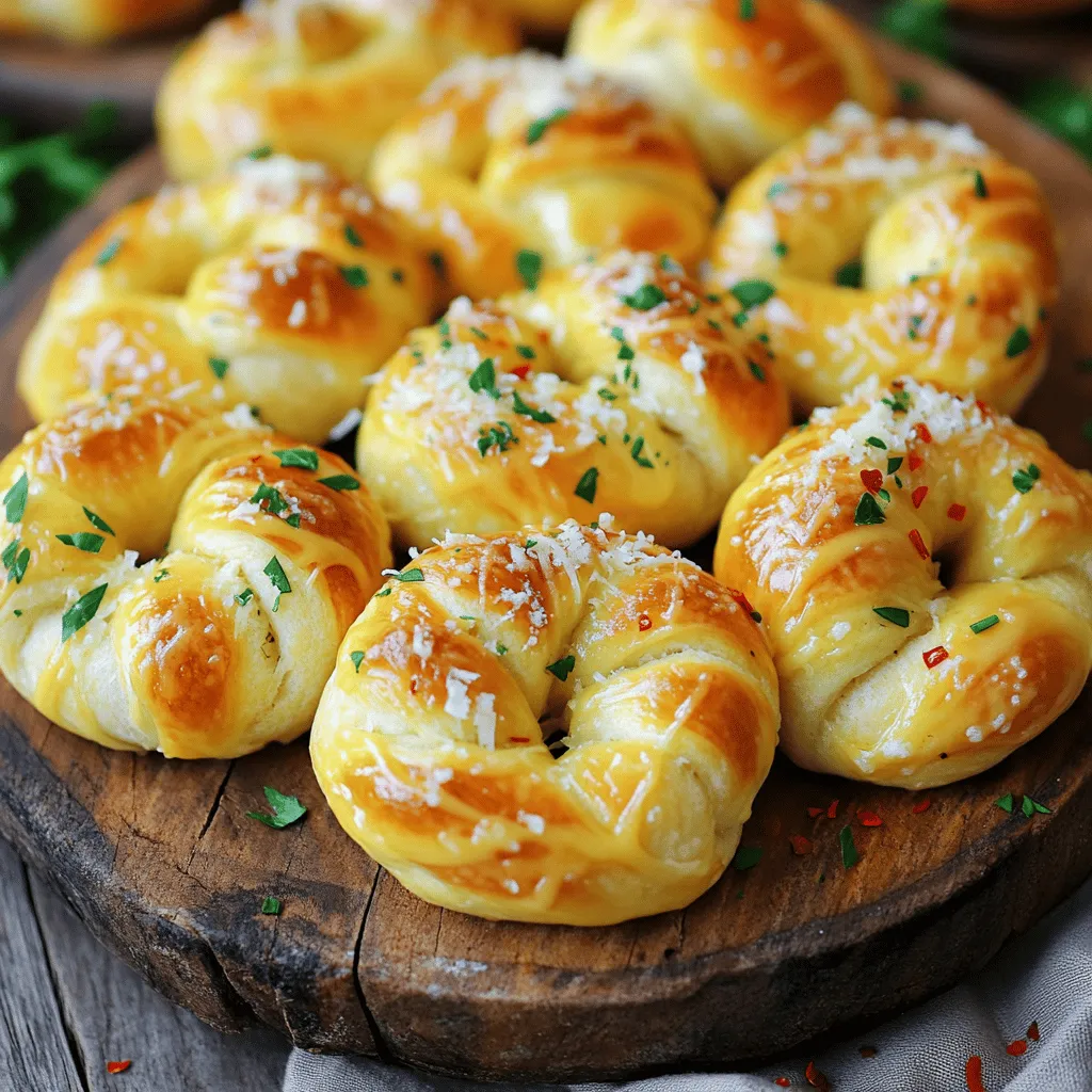 To make buttery garlic knots, you will need: - 1 package (1 lb) pizza dough (homemade or store-bought) - 1/2 cup unsalted butter, melted - 4 cloves garlic, minced - 1 teaspoon dried oregano - 1 teaspoon dried parsley - Salt and pepper to taste These ingredients come together to create the rich, buttery flavor of the knots. The pizza dough serves as the base, while the butter and garlic give it a delicious aroma and taste. The herbs add depth, making each bite a treat. You can also enhance your garlic knots by adding: - 1/2 teaspoon red pepper flakes (optional) - Freshly grated Parmesan cheese for topping - Fresh parsley, chopped for garnish Red pepper flakes add a spicy kick if you enjoy heat. Grated Parmesan gives a cheesy finish, and fresh parsley adds a pop of color and flavor. You will need a few simple tools to make these garlic knots: - Baking sheet - Parchment paper - Rolling pin - Knife or pizza cutter - Mixing bowl These tools make the process easy and fun. A baking sheet lined with parchment paper helps with easy cleanup, while a rolling pin and knife help shape the dough into perfect strips. Start by preheating your oven to 375°F (190°C). While that heats, grab your pizza dough. You can use homemade or store-bought. On a lightly floured surface, roll the dough out. Make a rectangle that is about 1/4 inch thick. Next, cut the dough into strips. Each strip should be about 1 inch wide and 6 inches long. Now, take each strip and tie it into a knot. Place the knots on a baking sheet lined with parchment paper. Leave space between each knot to allow them to rise and bake evenly. In a small bowl, combine melted unsalted butter, minced garlic, and dried herbs. Add in 1 teaspoon of dried oregano, 1 teaspoon of dried parsley, and 1/2 teaspoon of red pepper flakes if you like some heat. Season this mixture with salt and pepper to taste. Mix until everything is well combined. This garlic butter will give your knots that delicious flavor. Brush the garlic butter mixture generously over each knot. Make sure every knot gets a good coat. Now, bake them in the preheated oven for 15 to 20 minutes. Keep an eye on them until they turn golden brown. Once baked, take them out and sprinkle freshly grated Parmesan cheese over the top while they are still hot. This adds a nice touch. Finally, garnish with fresh chopped parsley for a pop of color. Serve these warm and enjoy the buttery goodness! To get the best texture for your garlic knots, start with room temperature dough. This makes it easy to roll and shape. When you tie the knots, aim for a tight twist. This helps them hold their shape while baking. Bake them until they are golden brown. This step gives a nice crunch on the outside while keeping the inside soft. To keep your buttery garlic knots fresh, let them cool first. Place them in an airtight container. They can stay at room temperature for a day. For longer storage, put them in the fridge. They last up to three days there. If you want to keep them longer, freeze the knots. Wrap them tightly in plastic wrap and put them in a freezer bag. They can last up to three months in the freezer. Serve your garlic knots warm for the best flavor. You can drizzle leftover garlic butter on top for extra taste. Sprinkle more Parmesan cheese for a cheesy kick. Pair the knots with marinara sauce for dipping. This adds a nice tang and complements the garlic flavor. For a fresh touch, add a sprinkle of chopped parsley before serving. Enjoy with friends or family for a fun snack! {{image_2}} You can change up the flavors in your buttery garlic knots. Try adding different herbs like basil or thyme. You can also mix in some cheese into the dough for a cheesy bite. Instead of red pepper flakes, use Italian seasoning or even a touch of lemon zest for a fresh kick. To make these knots vegan, swap the butter with a plant-based alternative. Use a vegan pizza dough too. For gluten-free knots, look for gluten-free pizza dough at the store. Many brands offer great options that still taste yummy. Dipping sauces add fun to your garlic knots! A classic marinara sauce pairs well. You might also enjoy a creamy ranch or a spicy aioli. For a twist, try a balsamic glaze or a simple garlic butter dip. These sauces can enhance the flavor and make your snack even more exciting! You can store unbaked garlic knots in the fridge. Place them on a baking sheet. Cover them with plastic wrap. This keeps them fresh for up to 24 hours. If you need more time, freeze them instead. Wrap each knot in plastic wrap and place them in a freezer bag. They can stay in the freezer for up to three months. When you're ready to bake, just let them thaw in the fridge overnight. Store leftover garlic knots in an airtight container. They will stay fresh for about 2 days at room temperature. If you want them to last longer, place them in the fridge. They can last for about a week this way. Before storing, let them cool completely. This prevents moisture buildup, which can make them soggy. To enjoy garlic knots again, reheating is key. Preheat your oven to 350°F (175°C). Place the knots on a baking sheet. Cover them with foil to keep them from getting too dry. Heat for about 10 minutes. If you want extra flavor, brush them with a bit of melted butter before reheating. This will bring back their buttery goodness! Yes, you can use store-bought dough. It saves time and effort. Many brands make great pizza dough. Just follow the same steps for shaping and baking. You will still get tasty garlic knots. Garlic knots stay fresh for about two days at room temperature. Keep them in an airtight container. If you want them to last longer, store them in the fridge for up to a week. Just remember to reheat them before serving. They taste best warm. Garlic knots pair well with many dishes. Try serving them with marinara sauce for dipping. You can also enjoy them with salads or soups. They make a great side for pizza, pasta, or any Italian meal. You’ve learned how to make buttery garlic knots, from key ingredients to baking steps. I shared tips for perfect texture and suggested fun variations, including vegan options. Proper storage and reheating will keep your knots fresh longer. Enjoy these knots with sauces or pair them with a meal. Now it's time to make your own delicious garlic knots!