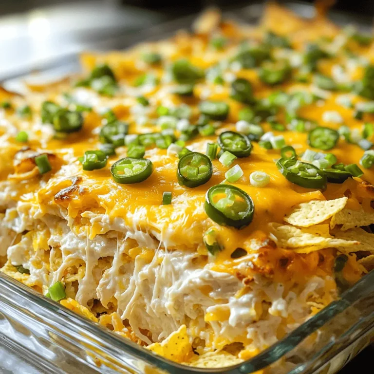To make Jalapeño Popper Chicken Casserole, gather these ingredients: - 2 cups cooked chicken, shredded - 1 cup cream cheese, softened - 1 cup cheddar cheese, shredded - 1 cup mozzarella cheese, shredded - 1 cup jalapeños, diced (fresh or pickled) - 1/2 cup sour cream - 1 cup crushed tortilla chips - 1 teaspoon garlic powder - 1 teaspoon onion powder - 1/2 teaspoon smoked paprika - Salt and pepper to taste - Chopped green onions for garnish If you need alternatives, here are some good swaps: - Use Greek yogurt instead of sour cream for a tangy twist. - Swap the shredded chicken with turkey or even tofu for a veggie option. - If you don’t have mozzarella, try using a different melting cheese like gouda. - Use fresh jalapeños for a spicier kick or go for pickled for a milder taste. Choosing the right ingredients makes a big difference. Here’s what to look for: - Chicken: Use fresh, high-quality chicken for the best flavor. - Cheese: Pick cheeses that melt well. Look for blocks of cheese rather than pre-shredded. - Jalapeños: Fresh jalapeños should be firm and bright. Avoid any that feel soft or look wrinkled. - Cream Cheese: Ensure your cream cheese is soft enough to mix easily. Leave it out for a bit before use. Using fresh, quality ingredients will make your casserole taste amazing! 1. First, preheat your oven to 350°F (175°C). This step warms up the oven for baking. 2. Grab a large mixing bowl. Add the softened cream cheese and sour cream. 3. Next, sprinkle in the garlic powder, onion powder, smoked paprika, salt, and pepper. 4. Mix everything until smooth and creamy. This makes a great base for your casserole. 5. Now, add the shredded chicken and diced jalapeños. Stir well to combine. 6. Toss in half of the cheddar and mozzarella cheese. Keep the rest for later. 7. Grease a 9x13 inch casserole dish. Spread the chicken mixture evenly in the dish. 8. Crush some tortilla chips and sprinkle them over the chicken. This adds a nice crunch. 9. Finally, top the dish with the remaining cheddar and mozzarella cheese. 1. Place the casserole in the preheated oven. Set a timer for 25 minutes. 2. After 25 minutes, check to see if the cheese is bubbly and golden. 3. If it looks good, take it out and let it cool for a few minutes. 4. Garnish with chopped green onions before serving. This adds a fresh touch. - Look for bubbling cheese. This means the casserole is hot and ready. - A golden top shows it is well-cooked. - Use a knife to poke the center. If it’s hot, it’s done. - Let it cool a bit. This makes serving easier and safer. To get the best texture, mix your cream cheese well. It should be smooth and creamy. This helps the casserole blend nicely. Make sure your chicken is shredded into small pieces. This makes every bite full of flavor. Use fresh jalapeños for a crisp bite. When baking, let it cool slightly before serving. This helps the layers set up and stay together. One mistake is not mixing the cream cheese well. If it's lumpy, it will not blend nicely with the chicken. Another error is using too many jalapeños. They can make the dish too spicy for some. Also, don’t skip the crushed tortilla chips. They give the casserole a nice crunch. Lastly, avoid overbaking. Keep an eye on it to prevent drying out the cheese. Serve your casserole hot for the best taste. Add some chopped green onions on top for color. A dollop of sour cream on the side is great too. For drinks, a light beer or lemonade pairs well. If you want sides, a fresh salad or veggies work nicely. You can even serve it with extra tortilla chips for dipping! {{image_2}} You can make a lighter version of this dish. Use Greek yogurt instead of sour cream. It cuts fat but keeps that creamy texture. Try using lean chicken or even turkey. You can swap the cheddar and mozzarella for low-fat cheese, too. This way, you keep the taste while trimming calories. To kick up the heat, add more jalapeños. You can use fresh ones for a fiery taste. If you like a smoky flavor, toss in some chipotle peppers. You can also drizzle hot sauce on top before serving. This adds spice and a fun kick. For a vegetarian twist, swap chicken for black beans or chickpeas. This gives protein and flavor. You can use gluten-free tortilla chips if you need a gluten-free dish. Just check the labels to ensure they're safe. The recipe stays yummy while meeting your needs. Store any leftover casserole in an airtight container. Let it cool first. Place it in the fridge. It will last for about 3 to 4 days. If you want to keep it longer, consider freezing it. To reheat, take the casserole out of the fridge. Preheat your oven to 350°F (175°C). Cover the dish with foil to prevent drying. Bake for about 20 minutes or until it's hot. You can also use the microwave. Heat in short bursts, stirring in between. For freezing, use a freezer-safe container. Wrap the casserole tightly with plastic wrap and then foil. Label it with the date. It can last up to 3 months in the freezer. When ready to eat, thaw it in the fridge overnight before reheating. To add more heat to your casserole, use fresh jalapeños. Dice them finely and mix them into the chicken and cheese blend. You can also add sliced jalapeños on top before baking. If you love heat, try using pepper jack cheese instead of cheddar or mozzarella. For an extra kick, sprinkle in some cayenne pepper or hot sauce. Yes, using rotisserie chicken is a great time-saver. The chicken is already cooked and full of flavor. Just shred it and mix it into your casserole. This makes prep quick and easy. You can also use leftover chicken from a previous meal. It’s a perfect way to reduce waste and save time. This dish pairs well with a simple side salad. A fresh green salad with a light vinaigrette balances the richness of the casserole. You can also serve it with tortilla chips and salsa for a fun crunch. If you want a heartier meal, consider adding some rice or quinoa on the side. This blog post covered the key ingredients and how to choose them wisely. I shared step-by-step instructions to guide your baking. You learned tips to avoid mistakes and how to achieve the best texture. We also explored tasty variations and smart storage options. Remember, each detail helps make your dish enjoyable. Experiment and have fun with your cooking! With these tools, you can impress friends and family with your skills. Happy cooking!