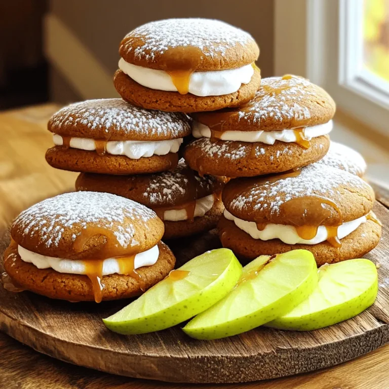 To make these tasty caramel apple cider whoopie pies, you will need: - 2 cups all-purpose flour - 1 teaspoon baking soda - 1 teaspoon baking powder - 1 teaspoon ground cinnamon - 1/2 teaspoon ground nutmeg - 1/4 teaspoon salt - 1/2 cup unsalted butter, softened - 1 cup brown sugar, packed - 1/2 cup granulated sugar - 2 large eggs - 1 cup apple cider (fresh is best) - 1 teaspoon vanilla extract - 1 cup finely chopped apples (Granny Smith works well) - 1 cup caramel sauce (store-bought or homemade) - 1 cup marshmallow fluff If you need to make changes, here are some tips: - Use whole wheat flour instead of all-purpose flour for a heartier taste. - Substitute coconut oil for butter if you want a dairy-free option. - You can swap brown sugar with coconut sugar for a different flavor. - If you don’t have apple cider, apple juice can work in a pinch. - For gluten-free pies, a gluten-free flour blend is a great choice. Using the right ingredients can make a big difference: - When choosing apples, Granny Smith apples are my top pick for their tartness and crunch. - For caramel sauce, I recommend brands like Ghirardelli or Trader Joe’s. They have rich flavors. - If making your own caramel, use a mix of brown sugar and heavy cream for a great taste. - Opt for high-quality vanilla extract for the best flavor in your pies. - Always choose fresh ingredients for the best results, especially in the apple cider. These tips help ensure your caramel apple cider whoopie pies are a hit. Enjoy baking! Start by preheating your oven to 350°F (175°C). This helps the cookies bake evenly. Next, line two baking sheets with parchment paper. This prevents the whoopie pies from sticking. You want a smooth transfer after baking. In a medium bowl, whisk together these dry ingredients: - 2 cups all-purpose flour - 1 teaspoon baking soda - 1 teaspoon baking powder - 1 teaspoon ground cinnamon - 1/2 teaspoon ground nutmeg - 1/4 teaspoon salt Set this bowl aside. In a larger bowl, cream together: - 1/2 cup unsalted butter, softened - 1 cup brown sugar, packed - 1/2 cup granulated sugar Mix until it is light and fluffy. Add in 2 large eggs, one at a time. Mix well after each egg. Then stir in: - 1 cup apple cider - 1 teaspoon vanilla extract Now, gradually mix in the dry ingredients until just combined. Fold in 1 cup finely chopped apples. Granny Smith apples work great for this recipe. Drop heaping tablespoons of the batter onto your prepared baking sheets. Leave about 2 inches between each dollop. Bake for 12-15 minutes. Look for slightly golden edges. Use a toothpick to check; if it comes out clean, they are done. Let the cookies cool completely on a wire rack. Once cool, spread a generous layer of marshmallow fluff on one cookie’s flat side. Drizzle caramel sauce on top. Place another cookie on top to make a sandwich. Repeat this for all cookies, and get ready to enjoy! Baking can be tricky. Here are some common mistakes to watch for: - Overmixing the batter: This can make your whoopie pies tough. Mix until just blended. - Incorrect oven temperature: Always preheat your oven. Use an oven thermometer for accuracy. - Not measuring ingredients: Use measuring cups and spoons for the best results. Too much flour can ruin the texture. - Skipping the cooling step: Let the cookies cool completely. This helps them set and makes assembly easier. To get fluffy whoopie pies, follow these steps: - Cream the butter and sugars well: Mix until the mixture is light and airy. This adds volume. - Use room temperature eggs: They mix in better and help with the rise. - Don’t skip the leavening agents: Baking soda and baking powder help the pies puff up. Ensure they are fresh for the best results. - Fold in the apples gently: This keeps the batter light and fluffy. Make your whoopie pies look amazing with these tips: - Dust with powdered sugar: Just a light sprinkle adds a nice touch. - Serve on a rustic wooden platter: This enhances the autumn vibe. - Garnish with apple slices: Fresh slices add color and a bit of crunch. - Pair with warm apple cider: This drink complements the flavors perfectly. {{image_2}} You can add fun flavors to your whoopie pies. Try adding some extra spices like ginger or cloves. A little pumpkin spice also works well. If you want a touch of chocolate, mix in some cocoa powder. You can even fold in mini chocolate chips for a sweet twist. These changes can make each bite even more exciting. Want to make these whoopie pies gluten-free? Use a gluten-free flour blend instead of all-purpose flour. For a vegan option, replace the butter with coconut oil and use flax eggs. You can make flax eggs by mixing one tablespoon of ground flaxseed with three tablespoons of water. Let it sit for a few minutes to thicken. These swaps keep the flavor without losing the fun. While marshmallow fluff is a classic, you can try other fillings too. Cream cheese frosting adds a tangy twist. You can also use whipped cream for a lighter filling. If you love caramel, a thicker layer of caramel sauce works well too. For a fruity touch, consider apple butter or even peanut butter spread. These fillings change the taste and make your whoopie pies unique. To keep your Caramel Apple Cider Whoopie Pies fresh, use an airtight container. I recommend placing parchment paper between the layers. This avoids sticking and keeps them soft. Store them at room temperature for the best taste. If your kitchen is warm, the fridge can help, but it may dry them out a bit. You can freeze these whoopie pies for later enjoyment. Wrap each pie in plastic wrap. Then place them in a freezer-safe bag. This method prevents freezer burn. You can keep them frozen for up to three months. When ready to eat, thaw them overnight in the fridge. Enjoy them cold or let them warm up to room temperature. At room temperature, these whoopie pies stay fresh for about 3 days. If you store them in the fridge, they last about a week. They may dry out slightly in the fridge, so try to enjoy them quickly. If you want them soft and fresh, eat them within a few days. Yes, you can make these whoopie pies ahead of time. Bake the cookies and let them cool completely. Store the cooled cookies in an airtight container for up to three days. You can also freeze them for longer storage. Just remember to add the filling right before serving. This keeps the cookies fresh and soft. I love serving whoopie pies at room temperature. This allows the flavors to shine. You can also dust them lightly with powdered sugar for a nice touch. Serve them on a rustic wooden platter with fresh apple slices. It makes for a great presentation. Absolutely! You can use any crisp apple you like. Some great options are Honeycrisp, Fuji, or even Braeburn apples. Each type will give a slightly different flavor and texture. Just make sure to chop them finely for the best results in your whoopie pies. This post covered how to make whoopie pies from start to finish. We discussed the right ingredients, including brands and tips for substitutions. I shared step-by-step instructions, common mistakes to avoid, and ways to perfect the texture. You learned about flavor twists, dietary adjustments, and storage tips to keep them fresh. Whoopie pies can be fun to tailor to your taste. Now, put these tips into action. Enjoy the process and the delicious results!