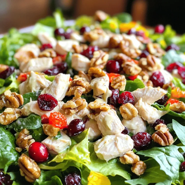 To make cranberry pecan chicken salad, gather these fresh ingredients: - 2 cups cooked chicken, diced - 1 cup walnuts, toasted and roughly chopped - 1/2 cup dried cranberries - 1/2 cup celery, finely chopped - 1/4 cup red onion, finely chopped - 1/2 cup Greek yogurt - 2 tablespoons Dijon mustard - 1 tablespoon honey - Salt and pepper to taste - 4 cups mixed greens (arugula, spinach, and romaine) This salad is not just tasty; it is also good for you. Each serving has about: - Calories: 350 - Protein: 30g - Carbohydrates: 20g - Fat: 15g - Fiber: 3g This dish offers a nice balance of protein and healthy fats, making it a great meal option. You can customize this salad to suit your taste. Here are some easy swaps: - Use pecans instead of walnuts for a different nut flavor. - Swap Greek yogurt for mayonnaise if you prefer a creamier texture. - Try fresh cranberries if they are in season. - Replace celery with cucumber for a crunchier bite. - Use mustard of your choice if Dijon is not available. These substitutions maintain the salad's fresh taste while giving you a chance to explore different flavors. Start by gathering all your ingredients. You need 2 cups of diced cooked chicken. I like using leftover rotisserie chicken for this recipe. Next, take 1 cup of walnuts. Make sure they are toasted and roughly chopped. Then, grab 1/2 cup of dried cranberries, 1/2 cup of finely chopped celery, and 1/4 cup of finely chopped red onion. In a large bowl, combine the diced chicken, walnuts, cranberries, celery, and red onion. Mix them gently but well. This step helps to blend the flavors. In a separate bowl, whisk together 1/2 cup of Greek yogurt, 2 tablespoons of Dijon mustard, and 1 tablespoon of honey. Add salt and pepper to taste. Whisk until the dressing is smooth and creamy. This dressing adds a zesty kick to your salad. Now, pour the dressing over the chicken mixture. Use a spatula to gently fold the ingredients together. Make sure every piece is coated with the dressing. Taste it and adjust the seasoning if needed. For serving, place a handful of mixed greens on each plate. Top it with a generous scoop of the chicken salad. You can even garnish with extra cranberries and walnuts for a beautiful finish. Enjoy this fresh and flavorful dish! To make your cranberry pecan chicken salad pop, focus on fresh ingredients. Use ripe, juicy chicken for the best taste. Toast your walnuts before adding them. This step brings out their rich flavor. You can also add a splash of lemon juice for brightness. Fresh herbs like parsley or dill add a nice touch too. They give your salad a fresh burst. If you like a kick, try adding a pinch of cayenne pepper. Serve this salad on a bed of mixed greens. The crunch of arugula, spinach, and romaine makes every bite exciting. You can also serve it in a wrap or on a sandwich. For a heartier meal, pair it with crusty bread or a light soup. To impress guests, garnish with extra cranberries and walnuts. This small touch makes your dish look stunning. Making this salad in advance is easy. Store the salad and dressing separately to keep it fresh. Mix them just before serving. You can also cook the chicken ahead of time. Make sure to cool it before storage. This salad keeps well in the fridge for 2-3 days. Use airtight containers to keep it fresh longer. Enjoy your meal prep and feel like a chef! {{image_2}} You can make your cranberry pecan chicken salad even better by adding fun extras. Try some diced apples for crunch and sweetness. You can also add shredded carrots for color and texture. If you love cheese, sprinkle some feta or goat cheese on top. Fresh herbs like parsley or cilantro add a bright flavor too. Experimenting with these extras can make your salad unique and delicious. If you want to switch things up, try different dressings. Instead of Greek yogurt, you could use a simple olive oil and vinegar mix. A creamy ranch or blue cheese dressing works well too. If you want a tangy twist, a balsamic vinaigrette is a great choice. Each dressing brings its own flavor to the salad, so feel free to explore what you like best. You can make this salad vegetarian or even vegan. Use chickpeas or tofu instead of chicken for protein. Swap Greek yogurt for a plant-based yogurt or a tahini dressing. You can also skip the honey and use maple syrup or agave nectar for sweetness. These changes keep the salad tasty while fitting different diets. You can keep cranberry pecan chicken salad at room temperature for about two hours. After that, harmful bacteria may grow. If it's a hot day, reduce that time to just one hour. Store leftover cranberry pecan chicken salad in an airtight container. It will stay fresh in the fridge for up to three days. Make sure to cover it tightly to keep it from drying out. Freezing this salad is not the best option. The texture can change once thawed. If you must freeze it, place it in a freezer-safe container. It can last for up to one month. When ready to eat, thaw it overnight in the fridge. Then stir well before serving. You can store cranberry pecan chicken salad in the fridge for three to four days. Keep it in an airtight container to maintain freshness. If you want to enjoy it later, check for any changes in smell or texture before eating. Yes, you can use canned chicken for this recipe. Drain the chicken well before adding it to the salad. Canned chicken can save time, but it may not have the same flavor as fresh cooked chicken. Try to season it well to enhance the taste. Cranberry pecan chicken salad pairs well with many sides. Here are some great options: - Whole grain bread or rolls - Fresh fruit salad - A light soup, like tomato or vegetable - Crispy potato chips or crackers These sides add balance and make a complete meal. Enjoy! This post covered all the key parts of making cranberry pecan chicken salad. We explored the ingredients, how to prepare it, and tips to get the best flavor. I shared variations for extra taste and made sure to include storage tips. Remember, you can easily customize this salad to fit your tastes. Whether you try new dressings or add extra veggies, the options are endless. Enjoy making this salad and sharing it with friends and family!