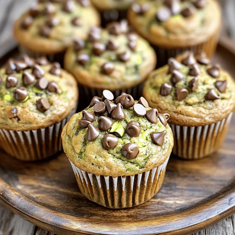 - 1 cup grated zucchini (about 1 medium zucchini) - 1 cup all-purpose flour - 1 cup whole wheat flour - 1 teaspoon baking soda - 1/2 teaspoon baking powder - 1/2 teaspoon salt - 1 teaspoon ground cinnamon - 1/2 cup granulated sugar - 1/2 cup brown sugar, packed - 1/2 cup unsweetened applesauce - 2 large eggs - 1 teaspoon vanilla extract - 1/2 cup semi-sweet chocolate chips - Optional: 1/4 cup chopped walnuts or pecans When making your muffins, it’s important to measure correctly. Here are some key tips: - Use a dry measuring cup for flour and sugar. - For the zucchini, pack it lightly into the measuring cup after grating. - Eggs should be large and at room temperature for best results. You can add a twist with some optional ingredients: - Chopped walnuts or pecans add crunch and flavor. - You might also try adding a pinch of nutmeg for extra warmth. - For a richer flavor, consider using dark chocolate chips instead of semi-sweet. These ingredients come together to create a moist and tasty muffin. The zucchini adds moisture, while the chocolate chips bring sweetness. Enjoy making these delicious treats! First, set your oven to 350°F (175°C). This helps the muffins bake evenly. Next, grab a muffin tin. You can use paper liners or grease the tin with cooking spray. This step keeps the muffins from sticking. In a large bowl, add the grated zucchini, applesauce, granulated sugar, brown sugar, eggs, and vanilla extract. Mix these ingredients well. Use a whisk or a wooden spoon. You want everything combined and smooth. In another bowl, whisk together the all-purpose flour, whole wheat flour, baking soda, baking powder, salt, and ground cinnamon. This mix brings in flavor and helps the muffins rise. Make sure there are no lumps in the dry mix. Slowly add the dry mixture to the wet mixture. Stir gently until just combined. It's okay if some lumps remain. Overmixing can make your muffins tough. We want them soft and fluffy. Now, fold in the semi-sweet chocolate chips. If you like nuts, add the chopped walnuts or pecans here. Gently mix until the chips and nuts are spread throughout the batter. This adds great flavor and texture. Divide the batter evenly into the prepared muffin tin. Fill each cup about two-thirds full. Bake the muffins in the preheated oven for 18-20 minutes. Check if they are done by inserting a toothpick in the center. If it comes out clean, they are ready. Let the muffins cool in the tin for five minutes before moving them to a wire rack. Enjoy your tasty treats! To make your muffins shine, use fresh zucchini. Grate the zucchini right before you mix it in. This keeps it moist and tasty. Use a mix of all-purpose and whole wheat flour for a nice balance. Whole wheat adds fiber and a nutty flavor. Don’t forget the spices! A touch of cinnamon brings warmth to each bite. If you like, add a bit of nutmeg for extra flavor. One common mistake is overmixing the batter. This leads to tough muffins, which are not fun to eat. Mix just until the flour disappears. Also, check your oven temperature. An oven that is too hot can burn the muffins. Use an oven thermometer if you’re unsure. Lastly, don’t skip the cooling step. Letting them cool on a wire rack helps keep them fluffy. These muffins are great fresh from the oven. For a fun twist, serve them with a smear of cream cheese. You can also add a scoop of vanilla ice cream on the side. For a breakfast treat, pair them with coffee or tea. Arrange the muffins on a colorful plate, and sprinkle some extra chocolate chips on top for a nice look. Enjoy sharing them with friends or family! {{image_2}} To make gluten-free chocolate chip zucchini muffins, use gluten-free flour. You can find many types, but a blend works best. Replace the all-purpose flour and whole wheat flour with a gluten-free mix. Be sure to check the label for a good rise. Add a bit of xanthan gum if your blend doesn't include it. This helps with texture and keeps your muffins fluffy. For a vegan twist, swap the eggs for flaxseed meal. Mix one tablespoon of flaxseed meal with three tablespoons of water. Let it sit for five minutes to thicken. You can also replace the applesauce with a mashed banana or a plant-based yogurt. Use non-dairy milk instead of regular milk in your recipe. This keeps the muffins moist and delicious. You can give your muffins a fun twist with different flavors. Try adding a teaspoon of vanilla or almond extract for extra depth. You can also throw in spices like nutmeg or ginger for a warm touch. If you love nuts, add walnuts or pecans for crunch. For a more decadent treat, mix in peanut butter chips or white chocolate chips. Each addition can change the taste and make your muffins unique! To keep your muffins fresh, store them in an airtight container. Place parchment paper between layers to avoid sticking. They stay good for about 3 days at room temperature. If you want them to last longer, refrigerate them for up to a week. Freezing is a great option for Chocolate Chip Zucchini Muffins. First, let them cool completely. Then, wrap each muffin in plastic wrap. Place the wrapped muffins in a freezer bag or container. They can last for about 3 months in the freezer. Just remember to label the bag with the date! Reheating muffins is easy. For a quick fix, use the microwave. Heat one muffin for about 15-20 seconds. If you prefer a crispier texture, use the oven. Preheat it to 350°F (175°C) and warm the muffins for 5-10 minutes. Enjoy them warm for the best flavor! You can make these muffins healthier by reducing sugar. Use 1/3 cup granulated sugar instead of 1/2 cup. You can also swap out half the all-purpose flour for almond flour. This adds nutrients and healthy fats. Consider adding more grated zucchini for extra fiber. You can even add flaxseed or chia seeds for omega-3s. Yes, you can use mashed ripe banana instead of applesauce. This will add a nice flavor and moisture. Greek yogurt is another great option. It gives a creamy texture and adds protein. Both options work well in this recipe. For a vegan version, use flax eggs. Mix one tablespoon of ground flaxseed with three tablespoons of water. Let it sit for five minutes until it thickens. Chia seeds work the same way. You can also use unsweetened yogurt or silken tofu as a binder. These muffins last about 3 days at room temperature. Store them in an airtight container. They can last up to a week in the fridge. For longer storage, freeze them. Wrap each muffin in plastic wrap and place them in a freezer bag. They last up to three months in the freezer. Yes, you can use dark chocolate chips or milk chocolate chips. Each type of chocolate gives a different taste. You can even use white chocolate for a sweeter touch. For a fun twist, try using chocolate chunks or chocolate-covered nuts. You learned how to make tasty chocolate chip zucchini muffins. We covered the key ingredients, their measurements, and optional items that enhance flavor. The step-by-step guide simplifies mixing and baking. I shared valuable tips to improve your muffins and avoid common mistakes. Plus, I offered gluten-free and vegan variations to suit different needs. By using the right storage methods, you can enjoy leftovers without loss of taste. These muffins are versatile and can fit your preferences. Now, it's time to bake and enjoy!