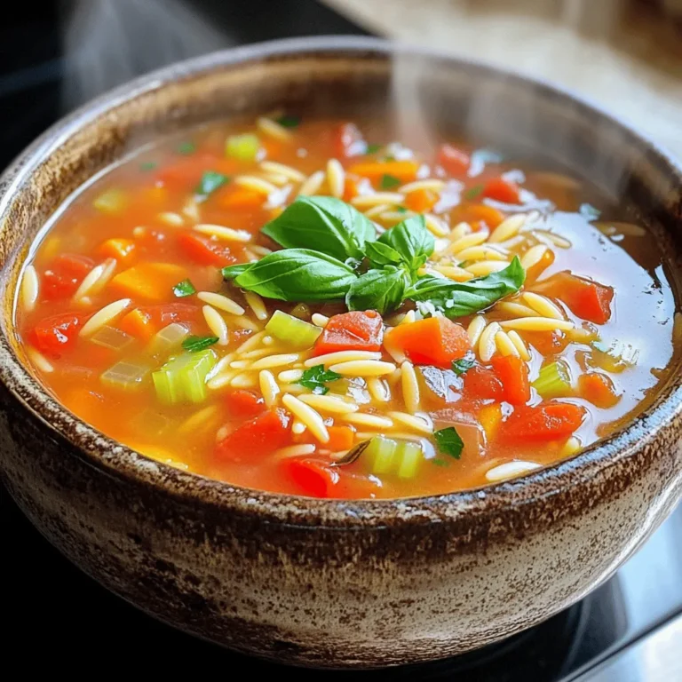 To make a delicious Tomato Basil Orzo Soup, gather these key ingredients: - 1 cup orzo pasta - 1 can (14 oz) diced tomatoes (with juice) - 4 cups vegetable broth - 1 medium onion, chopped - 3 cloves garlic, minced - 1 cup carrots, diced - 1 cup celery, diced - 1 tablespoon olive oil - 1 teaspoon dried basil - 1 teaspoon dried oregano - Salt and pepper to taste - Fresh basil leaves for garnish - Grated Parmesan cheese for serving (optional) If you run out of fresh veggies, use frozen ones instead. They work great in soups. For the onion, shallots can stand in. They add a sweet flavor. If you don’t have fresh garlic, garlic powder is a solid choice. Use about 1/4 teaspoon for each clove. You can also swap fresh basil with 1/3 teaspoon of dried basil. It still gives you a nice taste. Want to take your soup up a notch? Try adding a splash of balsamic vinegar. It adds depth and a touch of sweetness. A pinch of red pepper flakes can spice things up if you enjoy heat. For a richer flavor, stir in a tablespoon of tomato paste while cooking. You can also toss in cooked chicken or beans for extra protein. Each of these additions will give your soup a unique twist while keeping it simple and tasty. To make Tomato Basil Orzo Soup, gather your ingredients first. You need orzo pasta, diced tomatoes, vegetable broth, onion, garlic, carrots, celery, olive oil, dried basil, dried oregano, salt, and pepper. Fresh basil and Parmesan cheese are great for serving. This soup is simple and quick to prepare. 1. Heat the Olive Oil: In a large pot, add the olive oil. Turn the heat to medium. 2. Sauté the Onion: Add the chopped onion. Cook for 3-4 minutes until it turns clear. 3. Add Vegetables: Stir in the minced garlic, diced carrots, and celery. Cook for another 5 minutes. This softens the veggies. 4. Combine Ingredients: Pour in the diced tomatoes with juice and vegetable broth. Add dried basil and oregano. Bring the pot to a boil. 5. Cook the Orzo: Once boiling, lower the heat. Add the orzo pasta. Cook for 8-10 minutes, stirring often. 6. Season the Soup: Taste the soup. Add salt and pepper as needed. 7. Final Touches: Remove from heat. Let it sit for a few minutes to thicken. To cook orzo just right, keep an eye on the time. Al dente orzo should be firm but not crunchy. Stir often to prevent sticking. If it cooks too long, it can turn mushy. If you want to make this soup ahead, cook the orzo separately. Combine it later when serving. This keeps the orzo from getting too soft. Enjoy the warm, comforting flavors! To make your soup taste great, use fresh ingredients. Fresh onions and garlic add depth. Sauté them well to release their natural flavors. I love using vegetable broth for a rich base. It gives the soup a hearty taste. Adding dried herbs like basil and oregano boosts the flavor. For a kick, try a pinch of red pepper flakes. Taste the soup as you cook. Adjust salt and pepper to your liking. This simple step makes a big difference. If your soup is thin, there are easy ways to thicken it. One method is to let it sit off the heat. This allows the orzo to absorb more liquid. You can also mash some of the vegetables. Use a fork or potato masher to blend them in. If you want a creamier soup, stir in a splash of heavy cream or coconut milk. Another option is to mix in a cornstarch slurry. Just combine cornstarch with water and stir it in. Cook for a few more minutes to see the change. To save time, prep your veggies in advance. Chop onions, carrots, and celery a day before. Store them in the fridge for quick use. Use canned diced tomatoes to skip the peeling and chopping. You can also cook orzo separately. Add it to each bowl when serving. This keeps it from soaking up too much broth. Lastly, clean as you cook to keep your space tidy. A clear workspace helps you focus on making delicious soup! {{image_2}} You can make this soup vegetarian or vegan easily. Just skip the cheese on top. Use vegetable broth, which is already in the recipe. You can add more veggies like spinach or zucchini for extra flavor. Both will cook well in the soup. They add color and nutrients too. This makes the soup tasty and healthy for everyone. Want to add protein? You can use cooked chicken or beans. If you like chicken, add shredded cooked chicken to the soup. This makes it heartier. If you prefer beans, try chickpeas or white beans. They add protein and fiber. Just mix them in when you add the orzo. This keeps it simple and gives you a filling meal. Using seasonal ingredients can change the soup’s flavor. In summer, try fresh tomatoes instead of canned. They taste better and add freshness. In fall, use butternut squash for a sweet twist. You can also add kale or Swiss chard for winter warmth. Each season brings new tastes to explore, making the soup fun and diverse. After making your soup, cool it down quickly. I recommend placing the pot in an ice bath. Stir the soup to help it cool faster. Once it’s at room temperature, transfer it to airtight containers. Store it in the fridge for up to four days. This keeps the soup fresh and tasty. If you want to save some for later, freezing is a great option. Use freezer-safe containers or bags. Make sure to leave some space at the top. Soup expands when it freezes. Label the containers with the date. This helps you track how long it’s been stored. Your soup can last about three months in the freezer. To reheat, I suggest using a pot on the stove. Pour the frozen or refrigerated soup into the pot. Heat it slowly over medium heat. Stir it often to ensure even heating. If the soup is too thick, add a splash of broth or water. For microwave reheating, use a microwave-safe bowl. Heat in short bursts, stirring in between. Enjoy it hot for the best flavor! You can serve this soup with a salad or crusty bread. A fresh green salad will balance the flavors. Garlic bread or a baguette will soak up the soup's rich broth. You can also add a sprinkle of cheese on top for extra flavor. Tomato basil orzo soup lasts about three to four days in the fridge. Make sure to store it in an airtight container. If you see any change in color or smell, it’s best to throw it out. Yes, you can use other types of pasta. Small shapes like ditalini or shells work well. Just adjust the cooking time based on the pasta you choose. Always check the package for the best cooking time. This soup is quite healthy! It has plenty of vegetables and uses vegetable broth. Orzo is a wholesome pasta choice. You can also add beans or lean protein for a nutrition boost. Plus, it’s low in fat if you skip the cheese. In this article, we covered everything you need to make a tasty Tomato Basil Orzo Soup. We discussed key ingredients, useful substitutions, and fun flavor additions. The step-by-step instructions help you create the perfect dish, while tips and tricks ensure the best taste and texture. You can explore different variations to suit your needs or seasons. Finally, we shared details on how to store and reheat leftovers safely. Enjoy every bowl, and don’t be afraid to customize! Your soup experience can be both delicious and unique.
