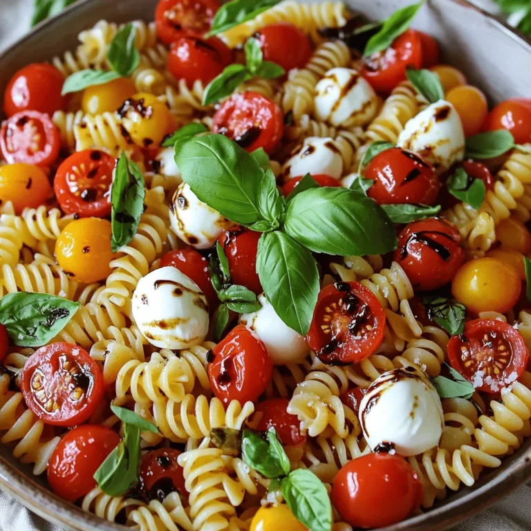 - 8 oz (about 225g) fusilli pasta - 1 cup cherry tomatoes, halved - 1 cup fresh mozzarella balls (bocconcini), halved - 1/2 cup fresh basil leaves, torn - 2 tablespoons balsamic glaze - 3 tablespoons extra-virgin olive oil - Salt and pepper to taste - 1/4 teaspoon garlic powder - Optional: Pinch of red pepper flakes for heat When I make Caprese Pasta Salad, I love using fresh ingredients. The fusilli pasta gives a nice twist. The cherry tomatoes add a burst of flavor. Fresh mozzarella adds creaminess. Basil brings a lovely aroma. If you need a gluten-free option, use gluten-free pasta. You can find many good brands that taste great. For a vegan twist, try using vegan mozzarella. It melts well and keeps the dish tasty. Each serving has around 350 calories. You get about 15g of protein, 20g of fat, and 30g of carbs. This salad is light but filling, perfect for lunch or dinner. I enjoy mixing my pasta with seasonal veggies too. It adds color and nutrition. You can experiment with what you have on hand! To make the best Caprese Pasta Salad, start with the pasta. Use fusilli. It holds sauce well. Boil a big pot of salted water. Add the pasta and cook until al dente. This means it should be firm but not hard. Follow the package instructions for timing. After cooking, drain the pasta. Rinse it under cold water. This stops the cooking and cools the pasta down. Next, it’s time to mix everything. In a large bowl, add the cooled pasta. Then, add halved cherry tomatoes, mozzarella balls, and torn basil leaves. Make sure they are fresh. Drizzle extra-virgin olive oil and balsamic glaze over the top. This adds flavor and shine. Sprinkle salt, pepper, garlic powder, and red pepper flakes if you like heat. Mix gently. Use a folding motion. This helps keep the pasta and veggies intact. Now, let’s add the final touches. Toss everything together well. Make sure all ingredients are coated with the dressing. This brings all the flavors together. Let the salad sit for 15 minutes. This helps the flavors meld. When ready, serve the salad chilled or at room temperature. Enjoy the fresh taste! You can easily swap ingredients for new flavors. Try using rotini or penne pasta instead of fusilli. For a twist, add arugula or spinach for extra greens. Use heirloom tomatoes for richer taste. If you want a kick, try adding olives or capers. For dressing, you can mix balsamic glaze with lemon juice for brightness. A hint of pesto can add depth. You could even try a yogurt-based dressing for creaminess. Caprese pasta salad pairs well with grilled meats like chicken or steak. It also complements fresh bread or garlic knots. This dish shines at summer picnics and barbecues. It's great for potlucks or family gatherings, too. To prepare in advance, cook the pasta and store it separately. Mix other ingredients and keep them in the fridge. Combine them just before serving for best taste. For storage, use an airtight container. The salad stays fresh for up to three days. Check for freshness by smelling and visually inspecting it before serving. {{image_2}} You can switch up the cheese in your Caprese Pasta Salad for new tastes. One choice is burrata. Burrata is creamier than mozzarella. It adds a rich texture to the salad. If you want a bolder flavor, try feta or goat cheese. Feta gives a tangy taste, while goat cheese adds a bit of earthiness. Both options work well with the fresh ingredients. Want to make your salad heartier? You can add protein! Grilled chicken or shrimp are great options. Both are tasty and fill you up. If you're looking for plant-based choices, try chickpeas or tofu. They soak in the flavors and add a nice bite. Simply toss them in with your pasta for a complete meal. Seasonal vegetables can make your salad shine. In summer, add fresh zucchini or bell peppers. In fall, roasted butternut squash brings warmth. You can also adjust flavors for the holidays. For Easter, sprinkle in some fresh herbs like dill. In winter, try adding some nuts for crunch. These changes keep your Caprese Pasta Salad exciting all year round! To keep your Caprese Pasta Salad fresh, store it in the fridge. Use an airtight container. This will help maintain its taste and texture. If you have a glass container, that works great too. Caprese Pasta Salad lasts about 3 to 5 days in the fridge. You’ll know it’s time to toss it if you see mold or smell something off. The tomatoes may lose their firmness, and the cheese can get slimy. If you prefer your salad warm, gently heat it on the stove. Add a splash of olive oil to bring back moisture. Serve it cold for a refreshing bite, especially on hot days. Enjoy it at room temperature too! Caprese Pasta Salad combines pasta, fresh tomatoes, mozzarella, and basil. This dish comes from Italy and reflects its vibrant flavors. It showcases fresh ingredients, making it a favorite in summer. The bright colors symbolize the Italian flag, adding a cultural touch. Yes, you can prepare Caprese Pasta Salad a day before. Store it in the fridge after making it. This allows the flavors to blend well. Just remember to toss it gently before serving. If it seems dry, add a little olive oil. Caprese Pasta Salad pairs well with grilled meats or seafood. You can also serve it with garlic bread or a light soup. For a vegetarian option, try it with roasted vegetables. This salad works great for picnics or backyard gatherings too. To boost flavor, add fresh herbs like oregano or thyme. A sprinkle of fresh lemon juice brightens the dish. You can also try adding olives or sun-dried tomatoes for a twist. A pinch of crushed red pepper flakes adds a nice kick. Caprese Pasta Salad is healthy and packed with nutrients. The tomatoes offer vitamins, while mozzarella provides protein and calcium. Fresh basil has antioxidants and anti-inflammatory properties. Using whole-grain pasta adds fiber, making it a balanced meal choice. This blog post covered how to make a tasty Caprese Pasta Salad. We reviewed the fresh ingredients, cooking steps, and fun variations. You learned how to customize the dish to suit your taste. I shared tips on storage and serving ideas, too. Caprese Pasta Salad is easy to make and great for many occasions. With fresh flavors and simple steps, it’s a dish that anyone can enjoy. Try it out and make it your own!