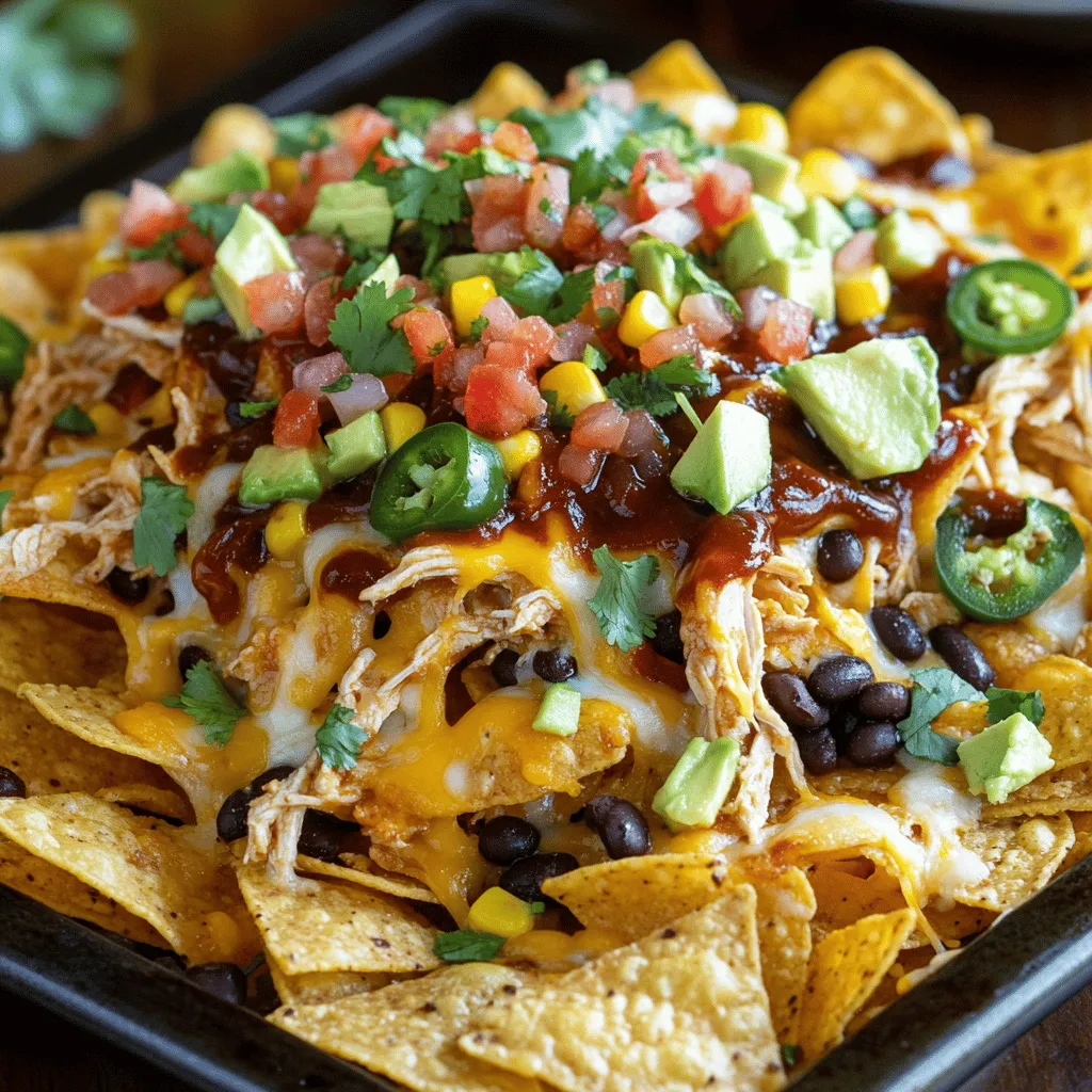 To make your Sheet Pan BBQ Chicken Nachos, gather these fresh ingredients: - 2 cups cooked chicken, shredded - 1 cup BBQ sauce (your favorite brand) - 1 bag tortilla chips (about 12-14 oz) - 2 cups shredded cheddar cheese - 1 cup black beans, drained and rinsed - 1 cup corn (canned or frozen) - 1 cup pico de gallo - ½ cup red onion, diced - ½ cup sliced jalapeños (fresh or pickled) - ¼ cup fresh cilantro, chopped - 1 avocado, diced - Sour cream, for serving (optional) These ingredients come together to create a dish that is both fun and flavorful. The shredded chicken is the star, soaking up the BBQ sauce for a tasty punch. Tortilla chips form the base, providing crunch. The cheddar cheese melts beautifully, making everything stick together. Black beans and corn add nutrition and texture. The fresh toppings like pico de gallo and cilantro bring brightness. You can choose sour cream for a creamy finish. Now that you have your ingredients, you're ready to create this crowd-pleasing dish! Start by preheating your oven to 400°F (200°C). This step is key. A hot oven will melt the cheese perfectly. In a large bowl, mix 2 cups of shredded chicken with 1 cup of your favorite BBQ sauce. Stir well until the chicken is fully coated. This mix will give your nachos a tasty BBQ flavor. Grab a large baking sheet. Spread out 1 bag of tortilla chips in an even layer. Make sure to cover the pan well. This will be the base for all your tasty toppings. Evenly distribute the BBQ chicken over the chips. Next, sprinkle 1 cup of black beans and 1 cup of corn on top. Finish with 2 cups of shredded cheddar cheese. Add diced red onion and sliced jalapeños for extra flavor. Place the baking sheet in your preheated oven. Bake for about 10-15 minutes. Keep an eye on it. The cheese should melt and get bubbly. Once out of the oven, add fresh cilantro, diced avocado, and pico de gallo on top. These toppings will add freshness and crunch. Serve your nachos right away. Enjoy with a dollop of sour cream if you like! Choosing the Right BBQ Sauce Picking the right BBQ sauce is key. Each sauce has its own taste. Some are sweet, while others are spicy. I like to use a sauce that has a nice balance of both. Look for a sauce that you enjoy. This way, your nachos will shine with flavor. Flavor Enhancements with Additional Ingredients You can make your nachos even better with extra toppings. Try adding a bit of lime juice for a fresh kick. Slicing fresh jalapeños gives a nice heat. You can also mix in some spices like cumin or smoked paprika. Each addition brightens the taste and makes it special. Layering Techniques for Optimal Melt How you layer your ingredients matters a lot. Start with a base of tortilla chips. Then, sprinkle the BBQ chicken evenly over the chips. Follow this with the black beans and corn. Top everything with a thick layer of cheese. This helps ensure that every chip gets some melty goodness. Serving Suggestions for Visual Appeal Serve your nachos hot right from the oven. Add a sprinkle of fresh cilantro and diced avocado on top. This not only looks great but adds fresh flavor. You can also serve it with sour cream on the side. This makes it easy for everyone to add their own touch. {{image_2}} You can change up the protein in your nachos for fun. - Using Pulled Pork or Beef: If you love pulled pork, try it here. The rich flavor pairs well with BBQ sauce. Just add the same amount of pulled pork as chicken. You can also use shredded beef if you prefer. Both add a nice twist to the dish. - Vegetarian Options: Substituting with Jackfruit: For a tasty vegetarian choice, use jackfruit. It’s a great meat substitute with a soft texture. Cook it with BBQ sauce until it’s tender. Then, shred it like chicken and layer it on your nachos. This keeps the dish flavorful and fun. Want to spice things up? Here are some fun flavor ideas. - Spicy BBQ Chicken Nachos: If you like heat, add more jalapeños. You can use fresh or pickled ones. For extra spice, mix in some hot sauce with your BBQ sauce. This gives your nachos a nice kick that spicy food lovers will enjoy. - Southwest Flavors: Adding Avocado Crema or Chipotle Sauce: For a southwest flair, try avocado crema. Just blend ripe avocados with sour cream and lime juice. Drizzle it over your nachos for a creamy touch. You can also use chipotle sauce for a smoky flavor. Both options add a unique twist to your nachos. To keep your nachos fresh, follow these steps: - Best Practices for Refrigeration: Let the nachos cool down first. This helps prevent sogginess. Place them in the fridge within two hours of cooking. Store them in a cool place to keep the flavors intact. - Recommended Containers: Use airtight containers. A glass container works great, but plastic ones are fine too. If you stack the nachos, separate layers with wax paper. This keeps them from sticking together. You can reheat your nachos using two methods: - Oven vs. Microwave Methods: The oven is best for crispiness. Preheat it to 350°F (175°C). Spread the nachos on a baking sheet and heat for about 10 minutes. The microwave is quicker but may make them soggy. Heat in short bursts, checking often. - Tips to Maintain Crispiness: To keep nachos crispy, avoid covering them while reheating. If using the microwave, place a paper towel over the nachos. This absorbs moisture and helps maintain texture. Yes, you can prepare some parts in advance. Mix the shredded chicken with BBQ sauce and store it in the fridge. You can also chop the veggies ahead. Just layer everything and bake when you are ready to eat. If you want a different base, try using pita chips or baked potato chips. You could even use homemade tortilla strips for a fresher taste. Just ensure they can hold the toppings well. To make it family-friendly, use milder toppings. Skip the jalapeños or serve them on the side. You can also add more veggies like bell peppers or olives for extra color and flavor. Yes, this recipe works great for meal prep. You can store the chicken and toppings separately. When ready to eat, layer and bake for a quick meal. Just be sure to keep the chips separate until baking. BBQ chicken nachos go well with fresh salads, like a simple green salad. You can also serve them with slaw or guacamole. These sides add freshness and balance to the rich flavors of the nachos. You now know how to make tasty BBQ chicken nachos. We covered key ingredients and steps, plus tips for great flavor and texture. Remember to layer your nachos well for the best melt and presentation. Also, try variations with different proteins or flavors. Store your leftovers properly to keep them fresh. Enjoy crafting your nachos and sharing them with friends and family. These tips will help you create a dish that everyone loves!
