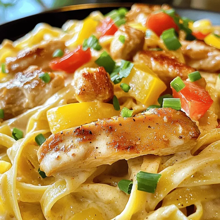 - 2 chicken breasts, boneless and skinless - 2 teaspoons Cajun seasoning - Salt and pepper to taste - 2 tablespoons olive oil - 3 cloves garlic, minced - 1 medium onion, diced - 1 bell pepper (any color), diced - 8 oz fettuccine pasta - 1 cup heavy cream - 1 cup chicken broth - 1 cup shredded parmesan cheese - 1 cup diced tomatoes (fresh or canned) - 2 green onions, sliced (for garnish) - Fresh parsley, chopped (for garnish) When I make Creamy Cajun Chicken Pasta, I focus on fresh and flavorful ingredients. Fresh chicken breasts add juiciness and taste. Cajun seasoning brings warmth and a kick. I like to use salt and pepper to enhance the dish. Olive oil is key for cooking and adds a rich flavor. Garlic, onion, and bell pepper create a tasty base. The garlic adds a nice aroma, while the onion and pepper give sweetness. Fettuccine pasta is perfect for holding the creamy sauce. Heavy cream makes the sauce rich and smooth. Chicken broth adds depth to the sauce. Shredded parmesan cheese makes it extra creamy and cheesy. Diced tomatoes add freshness and color. I finish with green onions and parsley for a pop of flavor and a beautiful look. Using fresh ingredients often gives better taste. Fresh chicken breasts are tender and juicy. Fresh tomatoes add brightness. However, canned tomatoes are convenient and still taste great. You can mix fresh and canned for easy prep and tasty results. If you want to switch things up, there are many options. You can use turkey or shrimp instead of chicken. If you need a lighter dish, try half and half instead of heavy cream. For a dairy-free option, use coconut milk. You can swap fettuccine for penne or any pasta you like. Start by bringing a large pot of salted water to a boil. Add 8 oz of fettuccine pasta to the pot. Cook the pasta until it is al dente, following the package instructions. This usually takes about 8-10 minutes. Once it’s done, drain the pasta and set it aside. Make sure not to rinse it, as you want the starch to help the sauce stick. While the pasta cooks, take 2 boneless, skinless chicken breasts. Pat them dry and season both sides with 2 teaspoons of Cajun seasoning, salt, and pepper. Heat 2 tablespoons of olive oil in a large skillet over medium-high heat. Once hot, add the chicken breasts. Cook them for 5-7 minutes on each side. The chicken should be golden brown and cooked through. Remove it from the skillet and let it rest for a few minutes. Slice the chicken into strips. In the same skillet, add 3 cloves of minced garlic, 1 medium diced onion, and 1 diced bell pepper. Sauté these for about 3-4 minutes until the veggies are soft. Next, pour in 1 cup of chicken broth and 1 cup of heavy cream. Stir well and bring this mixture to a gentle simmer. This will create a rich base for your sauce. Now it's time to add flavor. Stir in 1 cup of shredded parmesan cheese into the sauce. Mix it until it melts and combines well. Then, toss in 1 cup of diced tomatoes—fresh or canned. Finally, add the drained fettuccine pasta to the sauce. Make sure to stir everything together until the pasta is well coated. Incorporate the sliced chicken back into the skillet. Mix well and let everything heat through for another 2-3 minutes. Taste your dish and adjust the seasoning with more Cajun seasoning, salt, or pepper if needed. This is your chance to make it just right for your taste! Serve hot, garnished with sliced green onions and chopped parsley. To cook chicken well, start with even thickness. Pound the chicken breasts if they are uneven. This helps them cook evenly. Heat olive oil in your skillet. Cook the chicken for 5-7 minutes on each side. You want a golden brown color and no pink inside. Use a meat thermometer for best results. Aim for 165°F (75°C) inside. Allow the chicken to rest before slicing. This keeps it juicy. For a creamy sauce, use heavy cream. It blends smoothly with the chicken broth. Stir well as you heat the mixture. Add parmesan cheese slowly. This helps it melt evenly. If the sauce is too thick, add more chicken broth. If it is too thin, let it simmer longer. This thickens the sauce perfectly. Cajun seasoning can be spicy. Start with a small amount. You can always add more later. Taste your sauce before serving. If it needs more kick, sprinkle more Cajun seasoning. For a milder taste, reduce the amount. Fresh bell peppers also help balance the heat. Avoid overcooking the chicken. This leads to dryness. Also, do not rush the sauce. Let it simmer to develop flavor. Skipping the resting time for chicken can also ruin the dish. Always let it rest before slicing. Lastly, remember to taste your sauce. Adjust seasoning as needed for the best flavor. {{image_2}} You can easily make a vegetarian version of this dish. Replace the chicken with hearty vegetables. I love using mushrooms, zucchini, and bell peppers. They soak up the creamy sauce well. You can also add chickpeas for protein. Just sauté the veggies until soft, then follow the same steps to make the sauce. This way, you keep the Cajun flavor that shines through. If you prefer seafood, shrimp or crawfish work great. Shrimp cooks quickly, so add it to the skillet after the garlic and onions. Cook until pink, about 2-3 minutes. You can swap the chicken broth with seafood broth for more flavor. Crawfish adds a unique taste, too. Toss it in just before adding the cream for a rich meal. While fettuccine is a classic choice, you can use other pasta types. Penne, linguine, or even spaghetti are great options. Just remember to adjust cooking times as needed. Whole wheat or gluten-free pasta can also work if you want a healthier or gluten-free dish. The creamy sauce will complement any shape you choose. After enjoying your creamy Cajun chicken pasta, let it cool. Transfer the pasta to an airtight container. Store it in the fridge. It will stay fresh for about 3 to 4 days. Make sure to seal it tightly. This keeps the flavors locked in and helps avoid spoilage. To reheat, place the pasta in a skillet. Add a splash of chicken broth or cream to help it along. Heat it over low to medium heat. Stir often until heated through. You can also use the microwave. Place the pasta in a microwave-safe bowl. Cover it loosely and heat in short bursts, stirring in between. This method keeps it creamy and tasty. If you want to freeze your creamy Cajun chicken pasta, follow these steps. First, let the pasta cool completely. Then, place it in a freezer-safe container. Leave some space at the top, as it may expand. Seal the container well. You can freeze it for up to 2 months. When ready to eat, thaw it in the fridge overnight. Reheat it gently as noted above for the best results. You can pair this dish with a side salad. A simple green salad works well. Garlic bread is also a great choice. You might enjoy some roasted vegetables for added flavor. Yes, you can make this dish gluten-free. Use gluten-free fettuccine pasta instead. Ensure that your chicken broth is gluten-free as well. This way, everyone can enjoy it. Cajun seasoning can be spicy, but the heat varies. It often includes paprika, cayenne, and herbs. If you like it mild, use less seasoning. You can always add more later for extra heat. Cajun cuisine comes from Louisiana. It has French, Spanish, and African influences. The Cajun people adapted their cooking to local ingredients. This rich history makes Cajun food unique and flavorful. Here’s a quick rundown of the recipe: - 2 chicken breasts, boneless and skinless - 2 teaspoons Cajun seasoning - Salt and pepper to taste - 2 tablespoons olive oil - 3 cloves garlic, minced - 1 medium onion, diced - 1 bell pepper (any color), diced - 8 oz fettuccine pasta - 1 cup heavy cream - 1 cup chicken broth - 1 cup shredded parmesan cheese - 1 cup tomatoes, diced (fresh or canned) - 2 green onions, sliced (for garnish) - Fresh parsley, chopped (for garnish) In this article, we covered the ingredients for Creamy Cajun Chicken Pasta, including fresh and canned options. You learned easy cooking steps, helpful tips, and variations to try. Storage tips ensure your meal stays fresh and tasty. Enjoying this dish can bring warmth to any meal. Experiment with the flavors and make it your own. Cooking should be fun, so dive in and create!