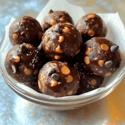 - 1 cup rolled oats - ¼ cup natural peanut butter - ¼ cup honey or maple syrup - ¼ cup dark chocolate chips - 2 tablespoons ground flaxseed - 2 tablespoons chia seeds - 1 teaspoon vanilla extract - A pinch of salt Each ingredient plays a key role in making these energy balls tasty and healthy. - Rolled oats provide fiber. They keep you full and energized. - Natural peanut butter adds protein and healthy fats. It gives a rich, nutty flavor. - Honey or maple syrup serves as a natural sweetener. It binds the mix together. - Dark chocolate chips bring a touch of sweetness and antioxidants. They make each bite enjoyable. - Ground flaxseed is high in omega-3. It supports heart health and digestion. - Chia seeds add more fiber and protein. They also help with hydration. - Vanilla extract gives a warm flavor. It enhances the overall taste. - Salt balances sweetness. A pinch brings out all the flavors. You can easily swap ingredients for dietary needs. Here are some options: - Peanut butter can be replaced with almond or sunflower seed butter for nut allergies. - Honey can be swapped with agave syrup for a vegan option. - Dark chocolate chips can be omitted or replaced with dried fruit for a healthier choice. - Flaxseed and chia seeds can be replaced by hemp seeds for added protein. - Rolled oats can be substituted with gluten-free oats for a gluten-free version. These swaps keep the energy balls tasty while meeting different dietary needs. First, gather all your ingredients for the chocolate peanut butter energy balls. You will need: - 1 cup rolled oats - ¼ cup natural peanut butter - ¼ cup honey or maple syrup - ¼ cup dark chocolate chips - 2 tablespoons ground flaxseed - 2 tablespoons chia seeds - 1 teaspoon vanilla extract - A pinch of salt In a large mixing bowl, add the rolled oats, ground flaxseed, chia seeds, and a pinch of salt. Mix them well until they are evenly combined. This forms the dry base of your energy balls. Next, grab a separate bowl. In this bowl, mix the peanut butter, honey (or maple syrup), and vanilla extract. Stir this mixture until it becomes smooth and creamy. This step is important because it adds sweetness and flavor to your energy balls. Now, pour this wet mixture into your dry ingredients. Don't forget to add the dark chocolate chips at this point! Stir everything together until it all combines. You want the mixture to be sticky but still easy to handle. If it seems too dry, add a bit more peanut butter. Using clean hands, scoop out small portions of the mixture. Roll these portions into balls about 1 inch in diameter. You should make around 12 to 15 energy balls from this recipe. Place the rolled balls on a baking sheet lined with parchment paper. This helps prevent sticking. Now, put the baking sheet in the fridge for at least 30 minutes. This chilling time helps the energy balls firm up nicely. Once they are firm, transfer them to an airtight container. You can store these energy balls in the fridge for up to one week. For longer storage, keep them in the freezer. Enjoy your healthy snack anytime! To get the right texture, your mix must feel sticky. If it feels too dry, add a bit more peanut butter or honey. If it’s too wet, sprinkle in more oats. You want the mix to hold together, but not be gooey. When rolling your energy balls, keep your hands slightly damp. This helps prevent the mixture from sticking to your hands. Aim for about one inch in size. If you want a fun twist, try using a cookie scoop for even balls! You can boost the flavor by adding nuts or seeds. Try chopped almonds or walnuts for crunch. For a sweeter touch, add a pinch of cinnamon or a splash of almond extract. This adds depth and makes each bite more enjoyable. {{image_2}} You can easily switch up the flavors in your energy balls. Different nut butters offer new tastes. Try almond, cashew, or sunflower seed butter for a change. You can also add ingredients like dried fruit or nuts. Chopped walnuts or cranberries add fun textures. Experimenting keeps snack time exciting! If you need a vegan option, substitute honey with maple syrup. This makes the recipe plant-based. For gluten-free energy balls, make sure your oats are certified gluten-free. This small change ensures everyone can enjoy them. These swaps let you cater to different diets easily. Seasonal flavors can truly enhance your energy balls. In fall, add pumpkin spice and some pureed pumpkin. For summer, mix in coconut flakes and citrus zest. These variations bring the season's essence into every bite. Have fun creating your own seasonal twists! After you make your energy balls, store them in an airtight container. This keeps them fresh. Place the container in your fridge. They will stay good for up to one week. If you want to keep them longer, freezing is a great option. To freeze your energy balls, first let them firm up in the fridge. After that, place them in a single layer on a baking sheet. Put the sheet in the freezer for about an hour. Once they are frozen, transfer them to a freezer-safe bag or container. They can last for about three months in the freezer. Check your energy balls for any signs of spoilage before eating. If they look or smell off, it's best to toss them. Always keep them covered to maintain freshness. For the best taste, eat them within the first few weeks if stored in the fridge. Homemade energy balls stay fresh for about one week in the fridge. They hold their flavor and texture well. If you freeze them, they can last up to three months. Just remember to store them in an airtight container. This keeps them safe from freezer burn. Yes, you can make these energy balls in advance! They are great for meal prep. Just roll them into balls and store in the fridge. I often make a batch on Sunday. This way, I have healthy snacks ready for the week. To boost protein in your energy balls, add ingredients like protein powder or nuts. You can use almond powder, whey, or plant-based protein. Chopped nuts, like almonds or walnuts, also add protein. For a tasty twist, try adding nut butter, like almond or cashew. You learned about the basic ingredients and their roles in energy balls. I shared easy steps for mixing and forming them. We covered important tips for perfecting texture and flavor. Variations let you customize these snacks to your taste and diet. Finally, I explained how to store them properly for freshness. Try making energy balls your own. Enjoy them as a tasty and healthy snack!