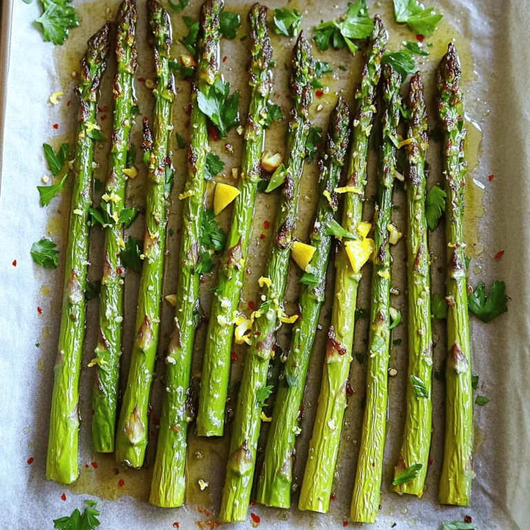- 1 pound fresh asparagus, trimmed - 3 tablespoons olive oil - 3 cloves garlic, minced - Zest of 1 lemon - Juice of 1 lemon - 1 teaspoon sea salt - ½ teaspoon black pepper - ½ teaspoon red pepper flakes (optional for heat) - Fresh parsley, chopped (for garnish) Fresh asparagus gives this dish its crisp texture. Use bright green stalks for the best flavor. Olive oil adds richness and helps the asparagus roast evenly. Garlic brings a savory punch that pairs well with lemon. The lemon zest and juice brighten the dish, making it zesty and fresh. Sea salt enhances all the flavors, while black pepper adds a mild kick. Red pepper flakes can give a touch of heat, but you can skip them if you prefer milder food. Finally, fresh parsley adds a pop of color and freshness when you garnish the dish. When picking asparagus, look for firm and bright green stalks. The tips should be tightly closed. Avoid any yellow or wilted stalks, as they may taste bitter. You can check for freshness by bending a stalk gently. If it snaps easily, it is fresh. If it bends, it is likely old. Always choose asparagus that feels heavy for its size to ensure it is juicy and tender. To make lemon garlic roasted asparagus, start with simple prep. Gather your ingredients: - 1 pound fresh asparagus, trimmed - 3 tablespoons olive oil - 3 cloves garlic, minced - Zest of 1 lemon - Juice of 1 lemon - 1 teaspoon sea salt - ½ teaspoon black pepper - ½ teaspoon red pepper flakes (optional) - Fresh parsley, chopped (for garnish) Having everything ready makes cooking easier. Preheat your oven to 400°F (200°C) so it’s hot when you’re ready to roast. 1. In a mixing bowl, blend olive oil, minced garlic, lemon zest, and lemon juice. 2. Add sea salt, black pepper, and red pepper flakes. Mix well to create a tasty marinade. 3. Lay the trimmed asparagus on a baking sheet lined with parchment paper. 4. Pour the marinade over the asparagus. Make sure every stalk gets coated. 5. Spread the asparagus in a single layer on the sheet. This helps them roast evenly. 6. Roast in the oven for 15-20 minutes. Check their doneness by piercing a stalk with a fork. It should slide in easily. 7. Once roasted, take them out and sprinkle with fresh parsley for a nice finish. 8. Serve warm for a bright and zesty side dish. To get that perfect roasted texture, choose fresh asparagus. Look for bright green color and firm stalks. Trim off the woody ends before cooking. Make sure to coat the asparagus well in the marinade. This adds flavor and helps with browning. Spacing the stalks on the baking sheet is key. They should not touch. This way, each piece gets that lovely crispness. Keep an eye on the time. Roasting for too long can make them mushy. You want tender asparagus with a slight crunch. Enjoy the burst of lemon flavor combined with garlic! To boost the taste of your lemon garlic roasted asparagus, consider these tips: - Fresh Ingredients: Always use fresh asparagus. Look for bright green stalks with firm tips. - Marinating Time: Let the asparagus sit in the marinade for 15-30 minutes. This allows the flavors to soak in well. - Extra Lemon: For a tangy kick, add more lemon zest. It brightens the dish. - Cheese Addition: Sprinkle some Parmesan cheese before serving. It adds a nice salty depth. Avoid these errors to ensure your dish shines: - Overcrowding the Pan: Give asparagus space on the baking sheet. This helps them roast evenly. - Not Trimming Stalks: Always trim the tough ends. This keeps your bites tender. - Ignoring the Oven Temp: Ensure your oven is preheated. A hot oven gives you crispy edges. - Overcooking: Check for doneness at 15 minutes. You want them tender but not mushy. Having the right tools makes cooking easier: - Baking Sheet: Use a rimmed baking sheet. It prevents spills while roasting. - Parchment Paper: Line your baking sheet with parchment. This helps with easy cleanup. - Mixing Bowl: A medium-sized bowl works best for mixing the marinade. - Tongs: Use tongs to toss the asparagus. They help coat each stalk evenly. {{image_2}} You can swap out asparagus for other veggies. Try broccoli, green beans, or zucchini. These vegetables work well with the same marinade. If you want a different flavor, use sesame oil instead of olive oil. Feel free to mix in spices you love. Add Italian herbs like oregano or basil for a twist. For a kick, try cayenne pepper instead of red pepper flakes. You can also sprinkle parmesan cheese on top before serving for extra flavor. Lemon garlic roasted asparagus shines as a side dish. Serve it alongside grilled chicken or fish. Toss it in a salad for added crunch. You can also use it in a pasta dish. Just mix it in with your favorite noodles and sauce for a tasty meal. To keep your roasted asparagus fresh, let it cool first. Use an airtight container. Store it in the fridge for up to three days. If you want to enjoy it later, make sure it’s stored properly. To reheat your asparagus, set your oven to 350°F (175°C). Place the asparagus on a baking sheet. Heat for about 10 minutes, or until warm. This keeps it crispy and tasty. You can also use a microwave. Heat it in short bursts, checking often. This way, it won't get soggy. If you want to freeze your asparagus, do this before cooking. Trim and wash the stalks, then blanch them in boiling water for two minutes. Next, cool them in ice water. Pat them dry and place them in a freezer bag. They can last up to three months in the freezer. When you're ready to use them, just roast straight from the freezer. Yes, you can use frozen asparagus if fresh is not available. However, fresh asparagus gives the best texture. Frozen asparagus may lose some crunch. If you use frozen, adjust your cooking time. Roast it for about 10-15 minutes instead of the usual 15-20. Check for doneness by piercing a stalk with a fork. Asparagus is done when it is tender and slightly crispy. You can test it by piercing a stalk with a fork. It should slide in easily. The color should be bright green, and the tips may start to brown slightly. Keep an eye on it during the last few minutes to avoid overcooking. Lemon garlic roasted asparagus pairs well with many dishes. It complements grilled chicken or fish nicely. You can also serve it with roasted potatoes for a hearty meal. For a lighter option, try it with a fresh salad. The lemon flavor brightens up any dish! This blog post covered everything you need for lemon garlic roasted asparagus. You learned about key ingredients, preparation steps, and tips to avoid mistakes. I shared ways to enhance flavor and creative serving ideas, plus storage tips for leftovers. By following these steps and suggestions, you can make a delicious dish. Enjoy experimenting with variations and pairing it with your favorite meals. Roasted asparagus can be a star on any plate!