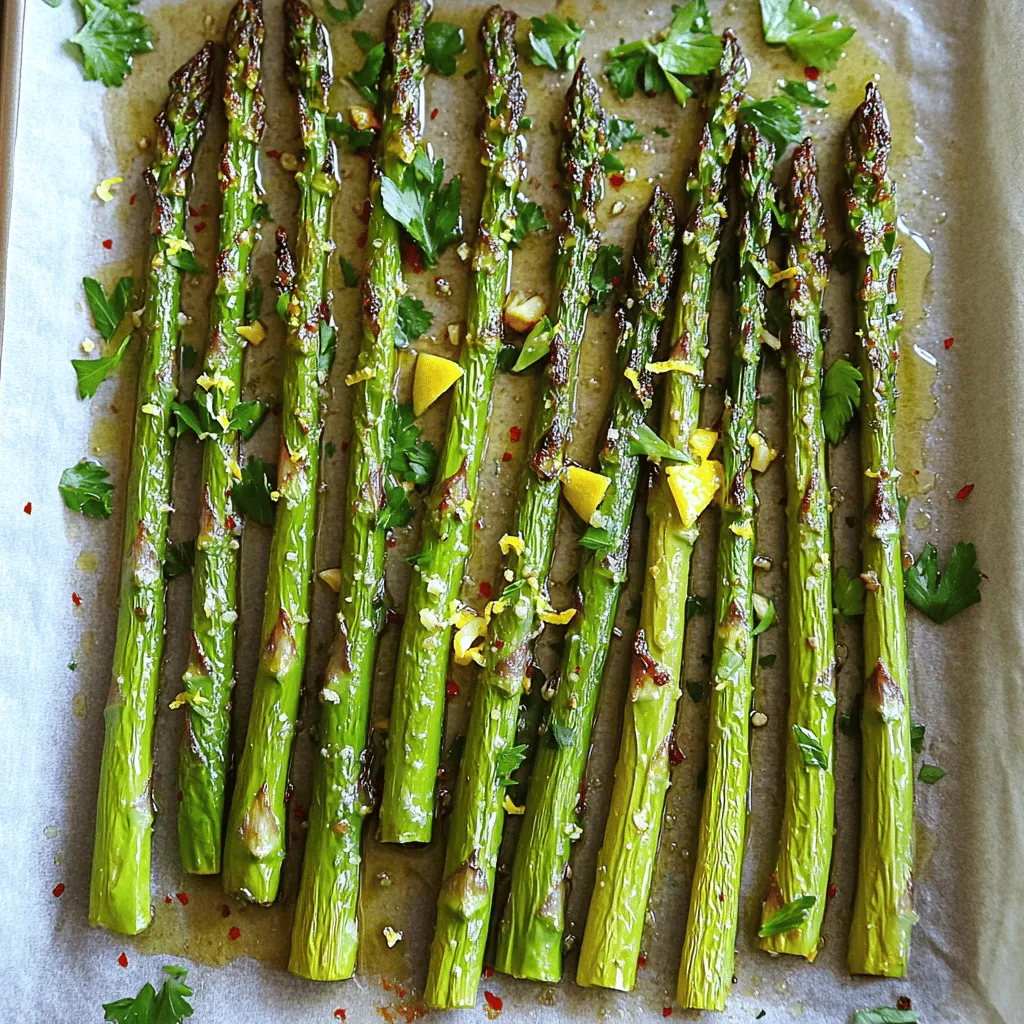 - 1 pound fresh asparagus, trimmed - 3 tablespoons olive oil - 3 cloves garlic, minced - Zest of 1 lemon - Juice of 1 lemon - 1 teaspoon sea salt - ½ teaspoon black pepper - ½ teaspoon red pepper flakes (optional for heat) - Fresh parsley, chopped (for garnish) Fresh asparagus gives this dish its crisp texture. Use bright green stalks for the best flavor. Olive oil adds richness and helps the asparagus roast evenly. Garlic brings a savory punch that pairs well with lemon. The lemon zest and juice brighten the dish, making it zesty and fresh. Sea salt enhances all the flavors, while black pepper adds a mild kick. Red pepper flakes can give a touch of heat, but you can skip them if you prefer milder food. Finally, fresh parsley adds a pop of color and freshness when you garnish the dish. When picking asparagus, look for firm and bright green stalks. The tips should be tightly closed. Avoid any yellow or wilted stalks, as they may taste bitter. You can check for freshness by bending a stalk gently. If it snaps easily, it is fresh. If it bends, it is likely old. Always choose asparagus that feels heavy for its size to ensure it is juicy and tender. To make lemon garlic roasted asparagus, start with simple prep. Gather your ingredients: - 1 pound fresh asparagus, trimmed - 3 tablespoons olive oil - 3 cloves garlic, minced - Zest of 1 lemon - Juice of 1 lemon - 1 teaspoon sea salt - ½ teaspoon black pepper - ½ teaspoon red pepper flakes (optional) - Fresh parsley, chopped (for garnish) Having everything ready makes cooking easier. Preheat your oven to 400°F (200°C) so it’s hot when you’re ready to roast. 1. In a mixing bowl, blend olive oil, minced garlic, lemon zest, and lemon juice. 2. Add sea salt, black pepper, and red pepper flakes. Mix well to create a tasty marinade. 3. Lay the trimmed asparagus on a baking sheet lined with parchment paper. 4. Pour the marinade over the asparagus. Make sure every stalk gets coated. 5. Spread the asparagus in a single layer on the sheet. This helps them roast evenly. 6. Roast in the oven for 15-20 minutes. Check their doneness by piercing a stalk with a fork. It should slide in easily. 7. Once roasted, take them out and sprinkle with fresh parsley for a nice finish. 8. Serve warm for a bright and zesty side dish. To get that perfect roasted texture, choose fresh asparagus. Look for bright green color and firm stalks. Trim off the woody ends before cooking. Make sure to coat the asparagus well in the marinade. This adds flavor and helps with browning. Spacing the stalks on the baking sheet is key. They should not touch. This way, each piece gets that lovely crispness. Keep an eye on the time. Roasting for too long can make them mushy. You want tender asparagus with a slight crunch. Enjoy the burst of lemon flavor combined with garlic! To boost the taste of your lemon garlic roasted asparagus, consider these tips: - Fresh Ingredients: Always use fresh asparagus. Look for bright green stalks with firm tips. - Marinating Time: Let the asparagus sit in the marinade for 15-30 minutes. This allows the flavors to soak in well. - Extra Lemon: For a tangy kick, add more lemon zest. It brightens the dish. - Cheese Addition: Sprinkle some Parmesan cheese before serving. It adds a nice salty depth. Avoid these errors to ensure your dish shines: - Overcrowding the Pan: Give asparagus space on the baking sheet. This helps them roast evenly. - Not Trimming Stalks: Always trim the tough ends. This keeps your bites tender. - Ignoring the Oven Temp: Ensure your oven is preheated. A hot oven gives you crispy edges. - Overcooking: Check for doneness at 15 minutes. You want them tender but not mushy. Having the right tools makes cooking easier: - Baking Sheet: Use a rimmed baking sheet. It prevents spills while roasting. - Parchment Paper: Line your baking sheet with parchment. This helps with easy cleanup. - Mixing Bowl: A medium-sized bowl works best for mixing the marinade. - Tongs: Use tongs to toss the asparagus. They help coat each stalk evenly. {{image_2}} You can swap out asparagus for other veggies. Try broccoli, green beans, or zucchini. These vegetables work well with the same marinade. If you want a different flavor, use sesame oil instead of olive oil. Feel free to mix in spices you love. Add Italian herbs like oregano or basil for a twist. For a kick, try cayenne pepper instead of red pepper flakes. You can also sprinkle parmesan cheese on top before serving for extra flavor. Lemon garlic roasted asparagus shines as a side dish. Serve it alongside grilled chicken or fish. Toss it in a salad for added crunch. You can also use it in a pasta dish. Just mix it in with your favorite noodles and sauce for a tasty meal. To keep your roasted asparagus fresh, let it cool first. Use an airtight container. Store it in the fridge for up to three days. If you want to enjoy it later, make sure it’s stored properly. To reheat your asparagus, set your oven to 350°F (175°C). Place the asparagus on a baking sheet. Heat for about 10 minutes, or until warm. This keeps it crispy and tasty. You can also use a microwave. Heat it in short bursts, checking often. This way, it won't get soggy. If you want to freeze your asparagus, do this before cooking. Trim and wash the stalks, then blanch them in boiling water for two minutes. Next, cool them in ice water. Pat them dry and place them in a freezer bag. They can last up to three months in the freezer. When you're ready to use them, just roast straight from the freezer. Yes, you can use frozen asparagus if fresh is not available. However, fresh asparagus gives the best texture. Frozen asparagus may lose some crunch. If you use frozen, adjust your cooking time. Roast it for about 10-15 minutes instead of the usual 15-20. Check for doneness by piercing a stalk with a fork. Asparagus is done when it is tender and slightly crispy. You can test it by piercing a stalk with a fork. It should slide in easily. The color should be bright green, and the tips may start to brown slightly. Keep an eye on it during the last few minutes to avoid overcooking. Lemon garlic roasted asparagus pairs well with many dishes. It complements grilled chicken or fish nicely. You can also serve it with roasted potatoes for a hearty meal. For a lighter option, try it with a fresh salad. The lemon flavor brightens up any dish! This blog post covered everything you need for lemon garlic roasted asparagus. You learned about key ingredients, preparation steps, and tips to avoid mistakes. I shared ways to enhance flavor and creative serving ideas, plus storage tips for leftovers. By following these steps and suggestions, you can make a delicious dish. Enjoy experimenting with variations and pairing it with your favorite meals. Roasted asparagus can be a star on any plate!