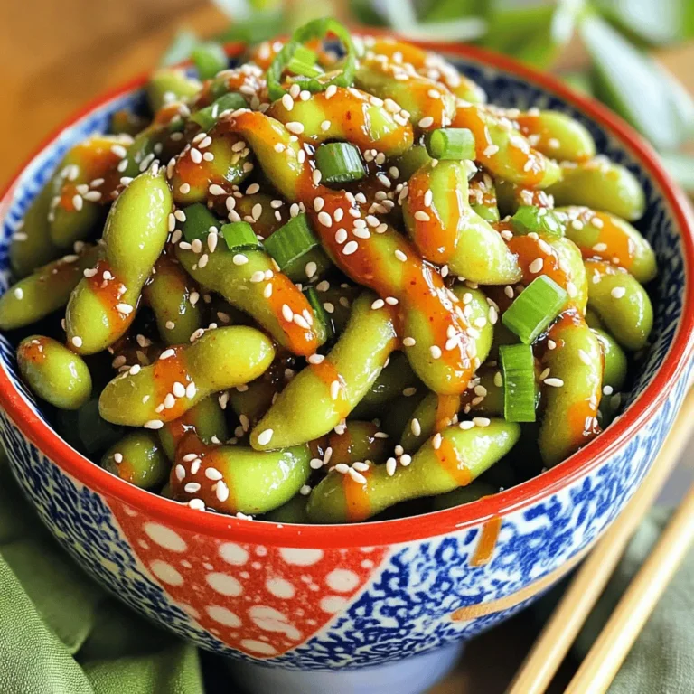 For the Sweet Chili Edamame Snack, you will need: - 2 cups edamame (fresh or frozen, shelled) - 1 tablespoon olive oil - 2 tablespoons sweet chili sauce - 1 tablespoon soy sauce - 1 teaspoon sesame oil - 1 teaspoon minced garlic - 1 teaspoon sesame seeds - 2 green onions, finely chopped - Salt to taste You can change a few items in this recipe. Here are some ideas: - If you can't find edamame, try green peas. - Use avocado oil instead of olive oil for a different taste. - If you want less spice, pick a mild chili sauce. - Coconut aminos can replace soy sauce for a gluten-free option. - You can skip the sesame oil if you don't have it, but it adds great flavor. The main ingredients in this snack offer many benefits: - Edamame is high in protein and fiber. It helps keep you full. - Olive oil is rich in healthy fats and good for your heart. - Sweet chili sauce adds flavor but watch out for sugar content. - Soy sauce contains sodium, so use less if you're watching salt intake. - Garlic is known for its health benefits and adds a nice taste. - Sesame seeds provide essential minerals like calcium and iron. - Green onions are low in calories and add vitamins. This snack is not only tasty but also packs a punch when it comes to nutrition! First, grab your frozen edamame. Boil water in a pot. Add the edamame to the water. Cook them for 3 to 5 minutes. Once cooked, drain the edamame and set them aside. It’s simple, and they taste great! Next, take a large skillet and place it on the stove. Turn the heat to medium. Add one tablespoon of olive oil to the skillet. Let it warm up a bit. Then, add the minced garlic. Sauté it for 1 to 2 minutes. You want the garlic to smell good but not brown. This step adds flavor to your snack. Now, it’s time to mix in the edamame. Toss the cooked edamame into the skillet with garlic. Stir them well to coat them in the garlic oil. Next, pour in two tablespoons of sweet chili sauce and one tablespoon of soy sauce. Mix everything evenly. Let it cook on low heat for about 2 to 3 minutes. This helps the flavors blend nicely. Finally, drizzle one teaspoon of sesame oil over the top. Sprinkle sesame seeds and chopped green onions for a nice touch. If you like, add a pinch of salt to taste. Give it one last gentle toss, and your snack is ready! To make the best sweet chili edamame, adjust the sauces. The sweet chili sauce gives a nice sweetness. The soy sauce adds saltiness. I suggest starting with the amounts in the recipe. Taste as you go. If you like it sweeter, add more sweet chili sauce. For more salt, add a dash of soy sauce. Garlic also plays a big role. It should be fragrant but not burnt. This balance makes every bite delicious. I love serving sweet chili edamame as a snack or appetizer. It pairs well with drinks and is great for parties. If you want a light meal, serve it over rice or noodles. You can also add protein like chicken or tofu for a full dish. For a fresh twist, serve it with a side of sliced cucumbers or carrots. For a fun and colorful look, use a bright bowl. Garnish with extra sesame seeds and green onions. This adds a pop of color. Use chopsticks for serving to enhance the experience. You can even place small bowls with extra sauces on the side for dipping. This makes your snack not only tasty but visually appealing too. {{image_2}} You can change the flavor of your sweet chili edamame in fun ways. Try adding lime juice for a zesty touch. A bit of honey gives a sweet twist. For a spicy kick, mix in some red pepper flakes. You can even add a splash of rice vinegar for tang. Each change will make your snack unique and tasty! Boost the nutrition of your edamame by adding more ingredients. Toss in some chopped bell peppers for vitamins. Peas or corn can add color and crunch. You can also sprinkle in some chopped nuts or seeds for healthy fats. These additions not only taste great but also make the snack more filling. Serving sweet chili edamame with dips can make it even better. Try pairing it with a creamy avocado dip or a spicy sriracha mayo. A light soy sauce dip can enhance the flavor too. This way, you can enjoy different tastes while snacking. Each dip adds a new layer to your edamame experience. To store any leftover sweet chili edamame, place it in an airtight container. Make sure to cool it to room temperature first. You can keep it in the fridge for up to three days. This way, you can enjoy it later without losing flavor. When you’re ready to eat the leftovers, you can reheat them easily. Just warm them in a skillet over medium heat. Stir them often for even heating. You can also microwave them for about one to two minutes. Stir halfway through to avoid hot spots. If you want to save some for later, you can freeze the sweet chili edamame. Place it in a freezer-safe bag or container. Be sure to remove as much air as possible before sealing. It can stay frozen for up to three months. To enjoy, thaw in the fridge overnight and then reheat. This keeps the taste fresh and delightful. Sweet chili sauce is a thick, sweet, and spicy sauce. It often contains red chili peppers, sugar, vinegar, and garlic. The sauce has a sweet taste with a hint of heat. You can use it in many dishes or as a dip. It adds a wonderful flavor to edamame. Yes, you can use other beans! Try black beans, chickpeas, or navy beans. Each type will bring a new taste and texture. Make sure to cook them well before adding them to the sweet chili sauce. This way, they will soak up the flavors nicely. You can find sweet chili edamame snacks at most grocery stores. Look in the frozen food section or the snack aisle. Many stores carry pre-packaged options, too. If you prefer, you can make your own at home with fresh or frozen edamame using the recipe provided. In this blog post, we explored key ingredients and their nutritional details. You learned how to cook edamame, sauté garlic, and mix sauces for great flavor. We shared tips for perfecting balance and serving ideas to impress. Variations like different flavors and nutritious additions were discussed. Lastly, we covered proper storage and reheating methods. I hope this guide helps you enjoy edamame snacks more. Now, go try these easy recipes!
