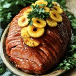 - 1 fully cooked bone-in ham (about 5-7 pounds) - 1 cup pure maple syrup - 1 cup fresh pineapple juice - 1/2 cup brown sugar - 1 tablespoon Dijon mustard - 1 teaspoon ground cinnamon - 1/2 teaspoon ground ginger - Pineapple rings - Fresh parsley To create a delicious maple glazed ham with pineapple, you need quality ingredients. Start with a fully cooked bone-in ham. This type of ham has great flavor and stays juicy. The size matters too; aim for one around 5 to 7 pounds. Maple syrup is the star here. Use pure maple syrup for the best taste. It adds sweetness and a rich flavor. Fresh pineapple juice works wonders, giving a nice tang. The combination of these two will make your glaze pop. For the additional ingredients, brown sugar adds a lovely caramel note. Dijon mustard gives a hint of spice that balances the sweetness. Ground cinnamon and ginger bring warmth and depth to the glaze. Don’t forget your garnishes! Pineapple rings not only look great but add extra flavor. A sprinkle of fresh parsley makes everything look lovely on the plate. Gather these ingredients, and you are on your way to a memorable dish! 1. Preheat your oven to 350°F (175°C). 2. Place the ham in a large roasting pan, cut side down. 1. In a medium saucepan, combine: - 1 cup pure maple syrup - 1 cup fresh pineapple juice - 1/2 cup brown sugar - 1 tablespoon Dijon mustard - 1 teaspoon ground cinnamon - 1/2 teaspoon ground ginger 2. Heat over medium heat, stirring until the sugar fully dissolves. 3. Bring the mixture to a simmer and let it bubble gently for about 5 minutes. This thickens the glaze and blends the flavors. 1. Brush half of the syrup mixture onto the ham's surface, getting it into the crevices. 2. Cover the ham loosely with aluminum foil and place it in the oven. 3. Bake for about 1.5 to 2 hours, basting with the remaining syrup mixture every 30 minutes. 4. About 30 minutes before the ham is done, take off the foil. Arrange pineapple rings on top of the ham, using toothpicks to hold them if needed. 1. Continue baking the ham uncovered until it reaches an internal temperature of 140°F (60°C). The glaze should be caramelized and bubbly. 2. Once done, remove the ham from the oven. Let it rest for 10-15 minutes before slicing. 3. Serve warm, garnished with fresh parsley. The blend of sweet maple and tangy pineapple will delight your guests! To make the glaze just right, watch the heat. If it gets too hot, it can burn. Keep it on low to medium. Stir often and let the sugar melt slowly. You can also adjust the sweetness. If you want it sweeter, add more maple syrup or brown sugar. If you prefer less sweet, add more pineapple juice. Basting is key for a juicy ham. It keeps the meat moist and enhances flavor. I recommend basting every 30 minutes. This helps the glaze stick and caramelize. Use a brush or spoon to coat the ham evenly. Each time you open the oven, it loses heat. So, work quickly! For great sides, think about roasted veggies or mashed potatoes. Green beans and cornbread also pair well. For presentation, place the ham on a large platter. Surround it with pineapple rings and fresh parsley. This makes it look festive and inviting. Serve warm for the best flavor and texture. {{image_2}} You can switch up the glaze for your ham. A honey mustard glaze gives a sweet and tangy taste. Mix equal parts honey and Dijon mustard. Brush this mix over your ham, just like the maple glaze. Another fun option is a brown sugar and bourbon glaze. Combine brown sugar and bourbon in a pot. Heat until the sugar dissolves. This creates a rich, deep flavor that pairs well with ham. You can choose different types of ham for your recipe. A spiral-cut ham is easy to serve. It has nice slices, ready to go. A bone-in ham gives a richer taste but needs more work. Adjust your baking time based on the size of your ham. A smaller ham cooks faster, while a larger one takes longer. Aim for an internal temperature of 140°F to be sure it's ready. Not a fan of pineapple? You can use peaches or apples instead. Both add a sweet and fruity touch to the ham. Just slice them and place them on top like you would with pineapple. For a savory twist, try using herbs. Thyme or rosemary can add a nice flavor. Mix them with your glaze for a unique taste. These options let you customize your ham to your liking. To store leftover ham, let it cool first. Wrap it tightly in plastic wrap or aluminum foil. You can also place it in an airtight container. This keeps the ham fresh for up to four days in the fridge. Always label the container with the date. This way, you know when to use it. To freeze ham, cut it into smaller slices. This makes it easier to thaw later. Wrap each piece in plastic wrap, then in aluminum foil. You can also use freezer bags for extra protection. Frozen ham will stay good for up to six months. For thawing, move it to the fridge for a day before you eat it. To reheat your ham, the oven is best. Preheat it to 325°F (165°C). Place the ham in a baking dish and cover it with foil. Heat for about 20 minutes per pound. This keeps it moist. You can also use a microwave, but be careful to not overheat. Serve reheated ham with fresh pineapple rings or a side of green beans for a colorful plate. Bake the ham for about 1.5 to 2 hours. The key is to check the temperature. Use a meat thermometer to ensure it reaches 140°F (60°C). This way, the ham stays juicy and tasty. Yes, you can use canned pineapple. It saves time and is easy to find. However, fresh pineapple tastes brighter and more vibrant. Canned pineapple can be softer and less flavorful than fresh. Choose based on your taste and what you have on hand. Basting is very helpful! It keeps the ham moist and adds flavor. Baste your ham every 30 minutes with the glaze. This helps create a sticky, sweet crust that everyone loves. You can use other syrups, like honey or agave. Each syrup brings its own flavor. Honey is sweeter, while agave is milder. Experiment to find what you like best! This blog post covered everything you need to make a delicious ham. We discussed the main and additional ingredients, including bone-in ham and maple syrup. You learned how to prepare, glaze, and bake the ham to perfection. Tips for basting and serving added extra flair. We also explored variations, storage, and answered your top FAQs. With these steps, you can create a dish that delights everyone. Enjoy your cooking and impress your guests!