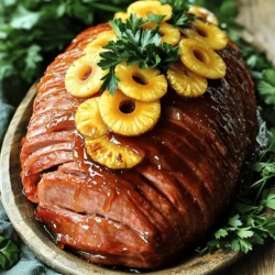 - 1 fully cooked bone-in ham (about 5-7 pounds) - 1 cup pure maple syrup - 1 cup fresh pineapple juice - 1/2 cup brown sugar - 1 tablespoon Dijon mustard - 1 teaspoon ground cinnamon - 1/2 teaspoon ground ginger - Pineapple rings - Fresh parsley To create a delicious maple glazed ham with pineapple, you need quality ingredients. Start with a fully cooked bone-in ham. This type of ham has great flavor and stays juicy. The size matters too; aim for one around 5 to 7 pounds. Maple syrup is the star here. Use pure maple syrup for the best taste. It adds sweetness and a rich flavor. Fresh pineapple juice works wonders, giving a nice tang. The combination of these two will make your glaze pop. For the additional ingredients, brown sugar adds a lovely caramel note. Dijon mustard gives a hint of spice that balances the sweetness. Ground cinnamon and ginger bring warmth and depth to the glaze. Don’t forget your garnishes! Pineapple rings not only look great but add extra flavor. A sprinkle of fresh parsley makes everything look lovely on the plate. Gather these ingredients, and you are on your way to a memorable dish! 1. Preheat your oven to 350°F (175°C). 2. Place the ham in a large roasting pan, cut side down. 1. In a medium saucepan, combine: - 1 cup pure maple syrup - 1 cup fresh pineapple juice - 1/2 cup brown sugar - 1 tablespoon Dijon mustard - 1 teaspoon ground cinnamon - 1/2 teaspoon ground ginger 2. Heat over medium heat, stirring until the sugar fully dissolves. 3. Bring the mixture to a simmer and let it bubble gently for about 5 minutes. This thickens the glaze and blends the flavors. 1. Brush half of the syrup mixture onto the ham's surface, getting it into the crevices. 2. Cover the ham loosely with aluminum foil and place it in the oven. 3. Bake for about 1.5 to 2 hours, basting with the remaining syrup mixture every 30 minutes. 4. About 30 minutes before the ham is done, take off the foil. Arrange pineapple rings on top of the ham, using toothpicks to hold them if needed. 1. Continue baking the ham uncovered until it reaches an internal temperature of 140°F (60°C). The glaze should be caramelized and bubbly. 2. Once done, remove the ham from the oven. Let it rest for 10-15 minutes before slicing. 3. Serve warm, garnished with fresh parsley. The blend of sweet maple and tangy pineapple will delight your guests! To make the glaze just right, watch the heat. If it gets too hot, it can burn. Keep it on low to medium. Stir often and let the sugar melt slowly. You can also adjust the sweetness. If you want it sweeter, add more maple syrup or brown sugar. If you prefer less sweet, add more pineapple juice. Basting is key for a juicy ham. It keeps the meat moist and enhances flavor. I recommend basting every 30 minutes. This helps the glaze stick and caramelize. Use a brush or spoon to coat the ham evenly. Each time you open the oven, it loses heat. So, work quickly! For great sides, think about roasted veggies or mashed potatoes. Green beans and cornbread also pair well. For presentation, place the ham on a large platter. Surround it with pineapple rings and fresh parsley. This makes it look festive and inviting. Serve warm for the best flavor and texture. {{image_2}} You can switch up the glaze for your ham. A honey mustard glaze gives a sweet and tangy taste. Mix equal parts honey and Dijon mustard. Brush this mix over your ham, just like the maple glaze. Another fun option is a brown sugar and bourbon glaze. Combine brown sugar and bourbon in a pot. Heat until the sugar dissolves. This creates a rich, deep flavor that pairs well with ham. You can choose different types of ham for your recipe. A spiral-cut ham is easy to serve. It has nice slices, ready to go. A bone-in ham gives a richer taste but needs more work. Adjust your baking time based on the size of your ham. A smaller ham cooks faster, while a larger one takes longer. Aim for an internal temperature of 140°F to be sure it's ready. Not a fan of pineapple? You can use peaches or apples instead. Both add a sweet and fruity touch to the ham. Just slice them and place them on top like you would with pineapple. For a savory twist, try using herbs. Thyme or rosemary can add a nice flavor. Mix them with your glaze for a unique taste. These options let you customize your ham to your liking. To store leftover ham, let it cool first. Wrap it tightly in plastic wrap or aluminum foil. You can also place it in an airtight container. This keeps the ham fresh for up to four days in the fridge. Always label the container with the date. This way, you know when to use it. To freeze ham, cut it into smaller slices. This makes it easier to thaw later. Wrap each piece in plastic wrap, then in aluminum foil. You can also use freezer bags for extra protection. Frozen ham will stay good for up to six months. For thawing, move it to the fridge for a day before you eat it. To reheat your ham, the oven is best. Preheat it to 325°F (165°C). Place the ham in a baking dish and cover it with foil. Heat for about 20 minutes per pound. This keeps it moist. You can also use a microwave, but be careful to not overheat. Serve reheated ham with fresh pineapple rings or a side of green beans for a colorful plate. Bake the ham for about 1.5 to 2 hours. The key is to check the temperature. Use a meat thermometer to ensure it reaches 140°F (60°C). This way, the ham stays juicy and tasty. Yes, you can use canned pineapple. It saves time and is easy to find. However, fresh pineapple tastes brighter and more vibrant. Canned pineapple can be softer and less flavorful than fresh. Choose based on your taste and what you have on hand. Basting is very helpful! It keeps the ham moist and adds flavor. Baste your ham every 30 minutes with the glaze. This helps create a sticky, sweet crust that everyone loves. You can use other syrups, like honey or agave. Each syrup brings its own flavor. Honey is sweeter, while agave is milder. Experiment to find what you like best! This blog post covered everything you need to make a delicious ham. We discussed the main and additional ingredients, including bone-in ham and maple syrup. You learned how to prepare, glaze, and bake the ham to perfection. Tips for basting and serving added extra flair. We also explored variations, storage, and answered your top FAQs. With these steps, you can create a dish that delights everyone. Enjoy your cooking and impress your guests!
