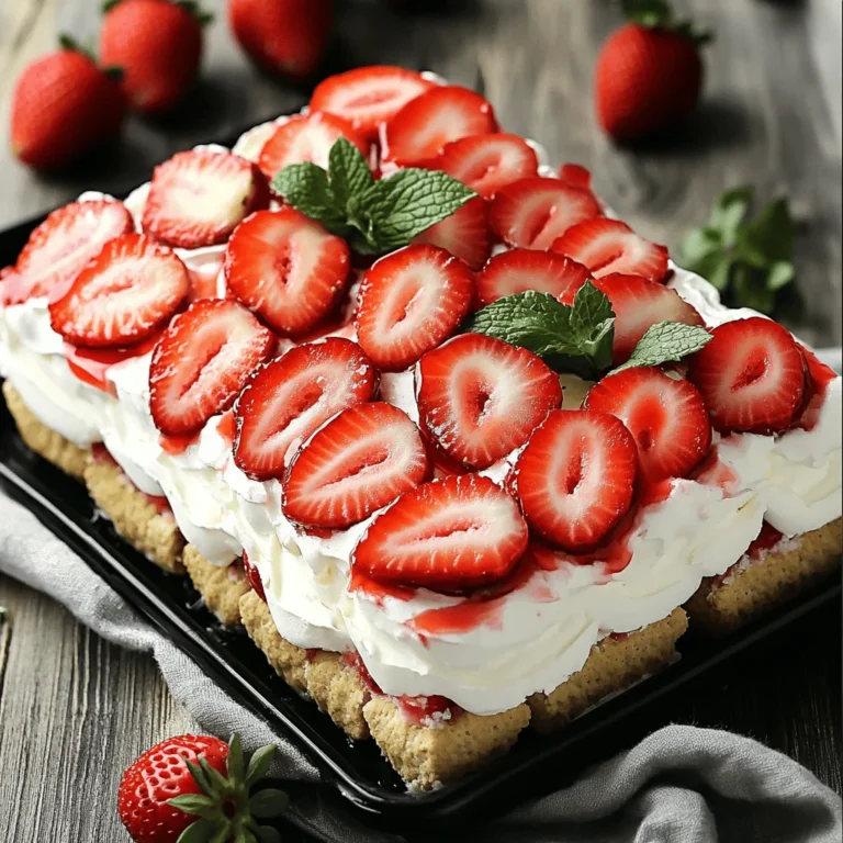 To make Strawberry Shortcake Icebox Cake, you need a few key items. Here’s what you’ll need: - 2 cups fresh strawberries, hulled and sliced - 3 tablespoons granulated sugar - 2 cups heavy whipping cream - 1 teaspoon vanilla extract - 1 tablespoon powdered sugar - 1 box (14 oz) of graham crackers - Fresh mint leaves for garnish (optional) Fresh strawberries are the star of this cake. They add sweetness and color. Use ripe strawberries for the best flavor. The granulated sugar helps bring out their juices. You will mix the sugar with the strawberries and let them sit. This process is called macerating, and it makes the berries juicy and sweet. Next, you have heavy whipping cream. This makes the cake light and creamy. The vanilla extract adds a nice flavor. The powdered sugar sweetens the cream. Together, they create a fluffy whipped cream that layers beautifully in the cake. Graham crackers serve as the base. They give the cake a nice crunch. When you dip them in strawberry juice, they soften just right. This adds to the cake’s texture. Finally, you can use mint leaves as a garnish. They look pretty and add a fresh taste. You don’t have to use them, but they make the cake pop! With these simple ingredients, you're on your way to a delicious treat. First, we need to prepare the strawberries. Take 2 cups of fresh strawberries, hulled and sliced. Place them in a medium bowl. Next, add 3 tablespoons of granulated sugar. Stir gently to coat the strawberries. Let them sit for 15-20 minutes. This process is called macerating. It helps the strawberries release their sweet juices. Now, let’s whip the cream. In a large bowl, pour in 2 cups of heavy whipping cream. Use a hand mixer or a stand mixer. Start mixing on medium speed. When soft peaks form, add 1 teaspoon of vanilla extract and 1 tablespoon of powdered sugar. Keep whipping until you get stiff peaks. This means the cream holds its shape well. Time to assemble the cake! Take each graham cracker and dip it quickly into the macerated strawberry juice. Don’t soak them; just a quick dip to moisten. On a serving plate, lay down the first layer of dipped graham crackers. Spread a generous layer of whipped cream on top. Then, add a layer of the macerated strawberries. Repeat these steps until you reach your desired height. Finish with a layer of whipped cream on top. Chilling is key for this cake. Cover the assembled cake with plastic wrap. Chill it in the fridge for at least 4 hours, or overnight. This helps the flavors blend and softens the graham crackers. Before serving, add some leftover strawberry slices and mint leaves for garnish. This gives a fresh look to your delicious cake! To get the perfect texture in your Strawberry Shortcake Icebox Cake, focus on the cream. Whip the heavy cream until stiff peaks form. This gives the cake a light, airy feel. For flavor balance, use fresh strawberries. Make sure to let them sit with sugar. This step helps release their juices and enhances their sweetness. When whipping cream, choose a strong mixer. A stand mixer works well, but a hand mixer is fine, too. Both will help you reach those fluffy peaks. For serving, a clear glass dish looks nice. It shows off the layers of cream and strawberries. You can also use a simple cake plate for a classic look. One big mistake is over-soaking the graham crackers. Just a quick dip is enough. If they soak too long, they become mushy. Another mistake is not chilling the cake long enough. Let it chill for at least four hours. Overnight is even better. This time helps all the flavors mix well. {{image_2}} You can change this cake for each season. In summer, use fresh blueberries or peaches instead of strawberries. Blueberries add a nice burst of flavor. Peaches bring sweetness and a soft texture. For fall, consider using sliced apples or pears. You can spice them with cinnamon for a warm taste. For festive occasions, try using cranberries. They give a tart kick and look beautiful. You can layer them with whipped cream for a holiday twist. If you need gluten-free options, use gluten-free graham crackers. They work just as well in this cake. For those who want dairy-free, try coconut cream instead of heavy cream. It whips up nicely and adds a hint of coconut flavor. You can also use almond milk whipped topping. This keeps the dessert light and fluffy without dairy. To make the cake even more special, add chocolate or caramel. Drizzle chocolate sauce between layers for a rich taste. You can also mix in some cocoa powder with the whipped cream. For a caramel twist, layer in some caramel sauce. It gives a sweet contrast to the fruit. Also, try adding spices like nutmeg or cardamom. These spices can bring warmth and depth to the flavors. To keep your Strawberry Shortcake Icebox Cake fresh, use a few simple methods. The best way is to store it in an airtight container. If you don't have one, cover the cake tightly with plastic wrap. This helps prevent it from absorbing any odors from the fridge. - Containers: Use glass or plastic containers with tight lids. - Keeping Fresh: Always cover the cake well to keep it moist and tasty. Yes, you can freeze Strawberry Shortcake Icebox Cake! Freezing it is great for saving leftovers or if you want to make it ahead of time. Just remember to wrap it well. Use plastic wrap first, then place it in a freezer bag or container. This keeps it fresh for up to two months. - Thawing: To serve, take it out of the freezer and place it in the fridge. Let it thaw overnight for best results. You can also leave it at room temperature for a couple of hours. Just be careful not to rush the thawing. Enjoy the cake when it's cool and soft! Strawberry Shortcake Icebox Cake keeps well in the fridge for about 3 to 4 days. The flavors stay fresh, and the cake remains tasty. After this time, the graham crackers may become too soggy. It's best to eat it sooner for the best texture. Yes, you can make this cake a day ahead. In fact, chilling it overnight helps all the flavors blend. Just follow these steps: - Assemble the cake as directed. - Cover it well with plastic wrap. - Chill it in the fridge for at least 4 hours or overnight. This prep helps you save time and impress guests with a delicious treat. If you want to change up the base, you have options. Here are some alternatives: - Vanilla wafers - Digestive biscuits - Ladyfingers These options work well. Just remember to adjust the dipping time in the strawberry juice as needed. Enjoy trying out different flavors! This blog post covers making a Strawberry Shortcake Icebox Cake. We discussed important ingredients, step-by-step instructions, and helpful tips. You learned how to prep strawberries, whip cream, and assemble layers. I also shared ways to customize the cake and ensure proper storage. Remember, practice makes perfect. With these tips, you’ll impress everyone with your dessert. Enjoy your tasty creation!