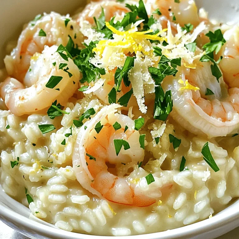 - Shrimp: Use 1 pound of peeled and deveined shrimp. I prefer medium or large shrimp for a satisfying bite. - Arborio Rice: You need 1 cup of Arborio rice. This rice is key for a creamy risotto due to its high starch content. - Broth: Choose between 4 cups of chicken or vegetable broth. Both options add rich flavor to the dish. - Onion and Garlic: You will need 1 medium onion, finely chopped, and 4 cloves of minced garlic. These aromatics bring depth to your risotto. - Cheese: Use 1 cup of freshly grated Parmesan cheese. This cheese adds a nutty flavor and creaminess. - Seasoning: Don't forget salt and pepper to taste. These essentials enhance all the other flavors in the dish. - Fresh Parsley: Chopped parsley adds freshness and a pop of color on your plate. - Lemon Zest: Zest of 1 lemon is vital. It brightens the dish and balances the richness of the shrimp and cheese. 1. First, heat the chicken or vegetable broth in a saucepan over low heat. Keep it warm. 2. In a large skillet, add olive oil and 1 tablespoon of butter. Heat over medium. 3. Next, add the chopped onion to the skillet. Sauté it for about 3 to 4 minutes until it turns translucent. 4. Stir in the minced garlic and cook for another minute. The garlic should smell great. 1. Now, add the Arborio rice to the skillet. Stir it continuously for 2 to 3 minutes. This toasts the rice and coats it well. 2. Begin adding the warm broth a ladle at a time. Stir constantly. Let the rice absorb the liquid before you add more. 3. Keep this up for 15 to 20 minutes. The rice should be creamy and al dente when done. 1. While the risotto cooks, melt the remaining tablespoon of butter in a separate pan over medium heat. 2. Add the shrimp and season them with salt and pepper. Cook for 2 to 3 minutes on each side. They should turn pink and be fully cooked. 1. Once the risotto is ready, stir in the cooked shrimp. Add the grated Parmesan cheese and lemon zest next. 2. Mix everything well and taste. Adjust the seasoning if needed. 3. Finally, remove the skillet from heat and let the risotto rest for a couple of minutes before serving. To make creamy risotto, use Arborio rice. This rice has a high starch content, which helps create that lovely creaminess. Always keep your broth warm while cooking. This helps the rice absorb the liquid better. Stir constantly while adding broth. This action releases more starch from the rice. The more you stir, the creamier your risotto will be. Add more flavor with seasonings. Try adding a pinch of red pepper flakes for some heat. Fresh herbs like basil or thyme can brighten the dish. A splash of lemon juice can also add freshness. Pair your risotto with white wine. A light Pinot Grigio or Sauvignon Blanc works well. The acidity in the wine balances the richness of the dish. Serve your risotto in a shallow bowl for a nice look. Top it with extra grated Parmesan and a sprinkle of fresh parsley. This adds color and freshness. Consider side items for a complete meal. A simple green salad or crusty bread pairs well. These items complement the risotto and create a balanced dinner. {{image_2}} You can swap shrimp for other seafood. Try scallops or lobster for a richer dish. Both options cook quickly and add a lovely flavor. If you prefer a vegetarian version, use mushrooms or tofu. Both provide a nice texture and soak up flavors well. Herbs and spices can elevate your risotto. Consider adding fresh basil or thyme for depth. A pinch of red pepper flakes can add some heat. You can also mix in vegetables like spinach or peas. They boost nutrition and color, making the dish pop. For gluten-free risotto, ensure your broth is gluten-free. Arborio rice is naturally gluten-free, so you’re safe here. If you need a dairy-free option, use nutritional yeast instead of Parmesan. It adds a cheesy flavor without the dairy. Coconut cream can replace butter for a rich texture. To store leftovers, place the Garlic Parmesan Shrimp Risotto in an airtight container. Make sure it cools to room temperature first. This helps avoid extra moisture inside the container. You can keep it in the fridge for up to three days. After that, it may lose its taste and texture. The best way to reheat risotto is on the stove. Add a splash of broth or water to help it become creamy again. Stir it often to heat it evenly. If you use a microwave, place the risotto in a bowl, cover it, and heat it in short bursts. Stir in between to keep it from drying out. To maintain creaminess, avoid high heat. Instead, warm it gently to bring back its rich texture. Can I use frozen shrimp? Yes, you can use frozen shrimp. Just thaw them first. Place them in cold water for about 15 minutes. This helps them cook evenly and quickly. How do I know when the risotto is done? The risotto is done when the rice is creamy and al dente. It should have a slight bite but not be hard. Taste it to check the texture. Can I use regular rice instead of Arborio? You can use other types of rice, but Arborio is best. It gives that creamy texture you want. Other options may not absorb broth well. What can I substitute for Parmesan cheese? If you don't have Parmesan, try Pecorino Romano or nutritional yeast for a vegan option. Both can add a nice flavor to the dish. How to make risotto ahead of time? You can cook the risotto and cool it. Store it in the fridge for up to two days. When ready, heat it on low. Add a bit of broth to bring back creaminess. What to do if the risotto is too thick? If your risotto is too thick, add more warm broth. Stir well to combine. This will help loosen it and make it creamy again. This post shared how to make a tasty shrimp risotto. We looked at key ingredients like shrimp, Arborio rice, and broth. I gave you steps for cooking, along with useful tips for creamy texture. You may try fun variations or dietary adjustments too. Remember, the best risotto needs patience and love. Enjoy making this dish for yourself or your loved ones!