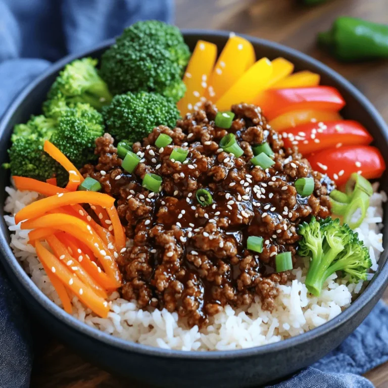- 1 lb ground beef - 3 tablespoons soy sauce - 2 tablespoons brown sugar - 1 tablespoon gochujang (Korean chili paste) - 1 tablespoon sesame oil - 2 cloves garlic, minced - 1 teaspoon fresh ginger, grated - 1 cup broccoli florets - 1 cup carrot, julienned - 1 bell pepper, sliced To create a tasty Spicy Korean Beef Bowl, start with fresh ground beef. The beef cooks quickly and absorbs the bold flavors. Use soy sauce, brown sugar, and gochujang for a sweet and spicy kick. Fresh veggies like broccoli, carrots, and bell pepper add color and crunch. The balance of these ingredients makes the dish both savory and satisfying. - Chopped green onions - Sesame seeds Garnishes boost flavor and add a beautiful touch. Chopped green onions give a fresh taste. A sprinkle of sesame seeds adds crunch and a nutty flavor. You can adjust these garnishes to your own taste. - Jasmine rice - Alternative rice options (brown rice, cauliflower rice) Serve your Korean beef over fluffy jasmine rice for the best experience. Jasmine rice absorbs the sauce well. If you prefer, brown rice is a healthy choice. For a low-carb option, try cauliflower rice instead. This dish fits any meal and satisfies any craving. 1. Start by heating 1 tablespoon of sesame oil in a skillet over medium heat. 2. Add 2 cloves of minced garlic and 1 teaspoon of grated ginger. Sauté them for about 30 seconds until fragrant. 3. Now, increase the heat to medium-high. Add 1 pound of ground beef to the skillet. 4. Break the beef apart with a spatula. Cook it for 5 to 7 minutes until it turns brown. 5. If needed, drain any excess fat from the skillet. 6. Stir in 3 tablespoons of soy sauce, 2 tablespoons of brown sugar, and 1 tablespoon of gochujang. 7. Mix thoroughly and cook for another 2 to 3 minutes. This helps the sauce thicken slightly. 1. In a separate pot, quickly steam or blanch 1 cup of broccoli florets, 1 cup of julienned carrots, and 1 cup of sliced bell pepper. 2. Aim for a tender-crisp texture, about 3 to 5 minutes of cooking. This keeps the veggies fresh and vibrant. 1. Serve 2 cups of cooked jasmine rice in bowls as a base. 2. Top the rice with the spicy beef mixture. 3. Arrange the steamed vegetables over the beef for a colorful look. 4. For garnishing, sprinkle with chopped green onions and sesame seeds. 5. Adjust the seasoning with salt and pepper to suit your taste. To make your Spicy Korean Beef Bowls even tastier, you can adjust the spice level. If you crave more heat, add a bit more gochujang. This chili paste gives a rich flavor and heat. You can also mix in extra seasonings for depth. Try adding a splash of rice vinegar or a sprinkle of sesame seeds. These small touches will boost the overall taste. When cooking the beef, browning it well is key. Use medium-high heat and break it apart with a spatula. This helps it cook evenly and adds flavor. If you see excess fat, drain it before adding sauces. For the veggies, steaming is the best method. Place them in a pot with a bit of water. Cook them for just 3-5 minutes until they are tender-crisp. This keeps them bright and fresh. Meal prepping is a great way to save time. You can cook the beef and chop the veggies ahead of time. Store them in the fridge until you’re ready to cook. This cuts down on cooking time during busy nights. You can also use frozen vegetables. They are quick to steam and still taste great. This helps you make your Spicy Korean Beef Bowls in no time. {{image_2}} You can easily switch the ground beef for ground turkey or chicken. Both options work well and keep the dish light. They still absorb the flavors from the gochujang and sauces. If you're looking for a vegetarian option, tofu is a great choice. It soaks up the sauce nicely when you press and cube it. You can stir-fry it just like the beef for a tasty twist. Feel free to add different sauces or spices to shake things up. A splash of sesame sauce can add depth. You might even try a dash of sriracha for extra heat. Seasonal vegetables can enhance your dish too. Try adding zucchini or snap peas for a fresh crunch. They not only taste great but also add color to your bowl. If you're watching carbs, consider low-carb alternatives like cauliflower rice. It pairs well with the beef and adds a light touch. You could also add side dishes or salads. A simple cucumber salad adds a refreshing crunch. This keeps your meal balanced and vibrant. To store leftovers, let them cool down first. Place the beef bowls in airtight containers. This helps keep the flavors fresh. I recommend using glass or BPA-free plastic containers. These materials keep food safe and are easy to clean. For freezing Spicy Korean Beef Bowls, pack them in freezer-safe containers. Make sure to leave some space for expansion. You can also use freezer bags; just remove as much air as possible. When ready to eat, thaw the bowls in the fridge overnight. Reheat in the microwave or a pan until hot. This keeps the flavors and texture nice. In the fridge, your bowls last about 3 to 4 days. If you freeze them, they can last for up to 3 months. Always check for spoilage. Signs include a sour smell or unusual colors. If you notice these signs, it’s best to throw them away. Eating spoiled food can make you sick. Making Spicy Korean Beef Bowls takes about 25 minutes. You will need 10 minutes to prep the ingredients. Cooking takes about 15 minutes. This quick meal is perfect for busy nights. Yes, you can make these bowls ahead of time. The beef mixture stores well in the fridge. It is great for meal prep and reheating. Just store each part separately. This helps keep the rice and veggies fresh. If you can't find gochujang, try using red chili paste or sriracha. These options add heat but will change the flavor a bit. You can mix them with a touch of sugar to mimic the sweetness of gochujang. In this blog post, we explored how to make spicy Korean beef bowls from start to finish. You learned about the key ingredients, like ground beef and fresh veggies, and got step-by-step cooking instructions. I shared tips for enhancing flavor and offered variations for proteins and serving suggestions. Remember to store your leftovers properly for later enjoyment. With these insights, you can create delicious bowls that fit your taste. Enjoy your cooking journey!