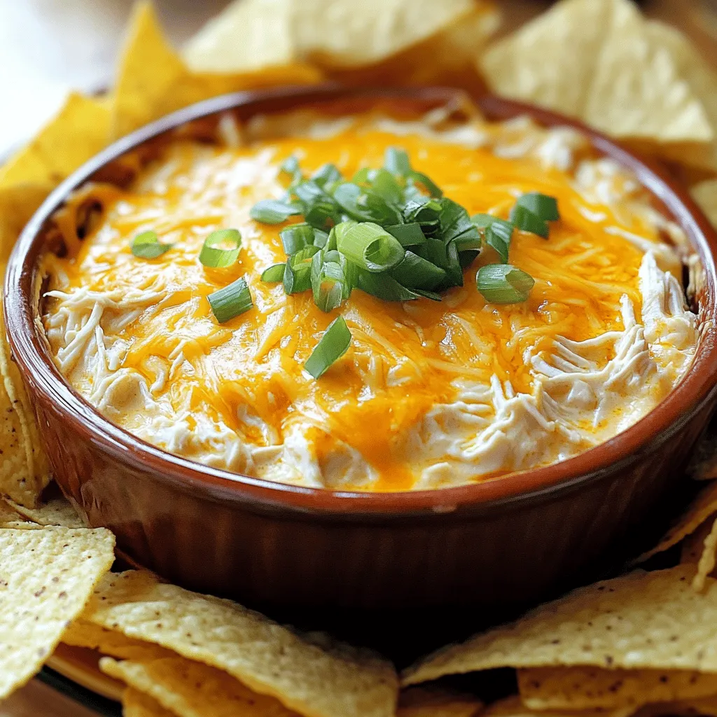 - 2 cups cooked chicken, shredded - 1 cup cream cheese, softened - 1/2 cup ranch dressing - 1/2 cup buffalo sauce - 1 cup shredded cheddar cheese - 1/2 cup crumbled blue cheese (optional) - 1/4 cup green onions, chopped You can swap ranch dressing for a yogurt-based dressing. This keeps the dip creamy but adds a tang. If you want, you can try other dressings, like Caesar or Italian. For the cheese, you can use Monterey Jack or pepper jack instead of cheddar. This gives a new twist to the flavor. If you like your dip spicy, add more buffalo sauce. For less heat, use less buffalo sauce or a milder kind. You can also mix in some diced jalapeños for extra kick. With these options, you can make the dip fit your taste. Enjoy experimenting! First, preheat your oven to 350°F (175°C). This step is key for even cooking. While the oven heats, grab a baking dish. A 9x9 inch dish works best for this dip. In a medium mixing bowl, mix the softened cream cheese, ranch dressing, and buffalo sauce. Stir until it is smooth and well combined. Next, add in the shredded chicken. Mix until the chicken is coated. Now, fold in the shredded cheddar cheese. If you like, add crumbled blue cheese for extra flavor. Transfer the mix to your baking dish. Spread it evenly across the bottom. If you love cheese, sprinkle extra shredded cheddar on top. Bake it in the preheated oven for 20-25 minutes. Check for doneness by looking for bubbles. When it’s hot and bubbling, it’s ready! Let it cool for a couple of minutes. Before serving, garnish with chopped green onions for a fresh touch. To get the right creaminess, start with softened cream cheese. This makes mixing easier. I mix it with ranch dressing and buffalo sauce until smooth. You want a dip that spreads well. If it's too thick, add a bit more ranch dressing. For even flavor, combine ingredients in a large bowl. Mix well after adding the shredded chicken. This helps every bite taste great. Don’t forget to fold in the cheeses gently. This keeps the dip fluffy and creamy. Tortilla chips are perfect for dipping. They add a nice crunch. You can also use celery sticks and carrot sticks. These add freshness and color to your spread. For presentation, use a colorful dish. Top the dip with extra cheddar cheese and green onions. This makes it look inviting. You can also serve it with a side of extra ranch dressing. It gives people a choice for dipping. You can prepare this dip a day in advance. Just follow the recipe and store it in the fridge. On the day of your party, just bake it. This saves time and stress. When reheating, place the dip in the oven at 350°F (175°C). Heat it until it’s warm and bubbly. Stir it halfway through to avoid hot spots. This keeps the dip creamy and tasty. {{image_2}} You can turn up the heat in your dip. Add fresh chopped peppers, like jalapeños or serranos. You can also mix in some spicy hot sauce. This gives a nice kick without overpowering the flavor. If you love spice, try using a hotter buffalo sauce. You can even blend in some cayenne pepper for more heat. This dip will wow your guests with its bold taste! Want a lighter dip? Swap out the cream cheese for low-fat cream cheese or Greek yogurt. This keeps the dip creamy but cuts calories. For the ranch dressing, look for a low-fat version. These simple swaps still keep the flavor strong. You can enjoy a guilt-free snack that tastes just as good! If you want a meatless dip, you can easily change it up. Replace the chicken with plant-based proteins like shredded jackfruit or chickpeas. Both options add texture and flavor. You can also use tofu for a creamy element. This makes the dip just as tasty and suitable for everyone. Don't forget to keep the creamy cheese and ranch flavors for that classic taste! To store your Buffalo Ranch Chicken Dip, first let it cool. Place the dip in an airtight container. This helps keep it fresh. The dip stays good in the fridge for about 3 to 4 days. Make sure to seal the container tightly. This keeps out air and moisture. You can freeze Buffalo Ranch Chicken Dip for later use. To do this, put the cooled dip in a freezer-safe container. Leave some space at the top for expansion. It will last for about 2 to 3 months in the freezer. When you are ready to use it, thaw it in the fridge overnight. To maintain texture, reheat it gently. You can add a little extra cream cheese or ranch dressing if it looks dry after thawing. This helps keep it creamy. Reheat your dip slowly to avoid drying it out. The best method is to use the oven. Preheat the oven to 350°F (175°C). Place the dip in an oven-safe dish. Cover it with foil to keep moisture in. Heat it for about 15 to 20 minutes, or until hot. You can also use a microwave. Heat in short bursts, stirring in between, until warm. Enjoy your dip hot and delicious! Yes, you can make this dip ahead of time. I suggest preparing it up to a day in advance. Mix all the ingredients and store them in the fridge. When you're ready to serve, just bake it until hot. This dip stays fresh and tasty for about 3 days in the fridge. You have many great choices for dippables. Here are some ideas: - Tortilla chips - Celery sticks - Carrot sticks - Pita chips - Crackers - Bread slices These options add crunch and freshness. You can even add some sliced veggies for a healthy twist. To change the spice in your dip, adjust the buffalo sauce. If you want it milder, use less sauce. You can also mix in some cream cheese to tone it down. For more heat, add extra buffalo sauce or even some chopped jalapeños. Taste as you go to find your perfect heat level. This blog post covered how to make a tasty Buffalo Ranch Chicken Dip. You learned the key ingredients needed and some helpful substitutions. I shared step-by-step instructions to prep, combine, and bake your dip perfectly. You also found tips on serving, storing, and variations to try. Try making the dip ahead for gatherings or adjust it to fit your taste. With these methods, you’ll impress your friends or family at your next get-together. Enjoy your cooking, and have fun with this delicious recipe!