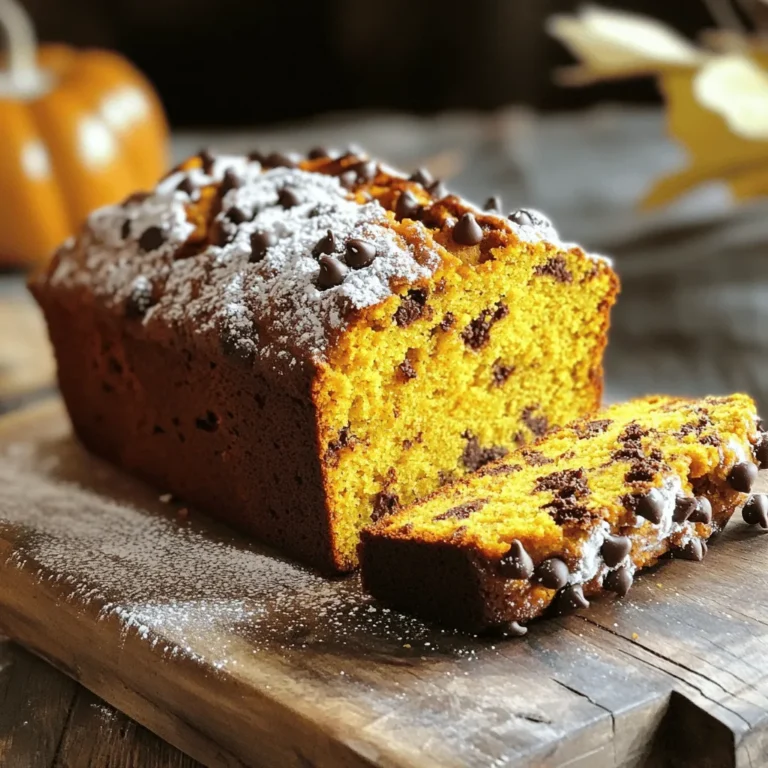 To make a delicious Chocolate Chip Pumpkin Bread, gather the following ingredients: - 1 ½ cups pure pumpkin puree - 1 cup granulated sugar - ½ cup brown sugar, packed - ½ cup vegetable oil - 2 large eggs - 1 teaspoon vanilla extract - 2 cups all-purpose flour - 1 teaspoon baking soda - ½ teaspoon baking powder - 1 teaspoon ground cinnamon - ½ teaspoon ground nutmeg - ½ teaspoon ground ginger - ½ teaspoon salt - 1 cup semi-sweet chocolate chips Each ingredient plays a key role. The pumpkin puree gives moisture and flavor. The sugars add sweetness and help with browning. Vegetable oil keeps the bread soft. Eggs provide structure, while vanilla enhances taste. Flour forms the base of the bread. Baking soda and baking powder help it rise. Spices like cinnamon, nutmeg, and ginger create a cozy fall aroma. Salt balances the sweetness. Finally, chocolate chips add a rich, sweet surprise. With these ingredients, you will create a tasty treat perfect for fall. Enjoy the sweet and spicy flavors in every bite! - Preheat to 350°F (175°C). - Grease or line a 9x5 inch loaf pan. - Combine pumpkin puree, sugars, oil, eggs, and vanilla. - Whisk until smooth. Start by grabbing a large bowl. Add the pumpkin puree, granulated sugar, and brown sugar. Next, pour in the vegetable oil. Crack the eggs in and add the vanilla extract. Use a whisk to blend everything together. Mix until the mixture is smooth and creamy. This step is key for a tasty bread. - Sift flour, baking soda, baking powder, and spices. - Mix into the wet ingredients. In another bowl, sift the flour, baking soda, baking powder, cinnamon, nutmeg, ginger, and salt. Sifting helps to mix and aerate the flour. Now, add this dry mix to your pumpkin mixture. Stir gently until just combined. It’s okay if there are small lumps. Overmixing can make the bread tough. - Fold in semi-sweet chocolate chips. Now for the fun part! Grab your semi-sweet chocolate chips. Gently fold them into the batter. Make sure they are evenly spread throughout. The chocolate will melt as the bread bakes, adding a delicious richness. - Pour batter into the loaf pan. - Bake for 60-70 minutes until a toothpick comes out clean. Pour the batter into your prepared loaf pan. Smooth the top with a spatula for even baking. Place it in the oven and set a timer for 60 minutes. Check your bread with a toothpick. If it comes out clean with a few crumbs, it’s done! - Cool in the pan for 10 minutes. - Transfer to a wire rack. Once baked, take the bread out of the oven. Let it cool in the pan for 10 minutes. This helps it set and makes it easier to remove. After that, move it to a wire rack. Let it cool completely before slicing. Enjoy the wonderful aroma while you wait! Mixing is key for great bread. You want to mix just enough. Overmixing can make your bread tough. Gentle mixing keeps the bread soft and light. When you add dry ingredients, stir slowly. It’s okay if small lumps remain. This will help keep the bread fluffy. To check if your bread is done, use a toothpick. Insert it into the center. If it comes out clean or with few crumbs, it’s ready. The baking time can change. If your oven runs hot or cold, adjust as needed. Start checking at 60 minutes to avoid overbaking. For a lovely presentation, slice the bread and place it on a wooden board. A sprinkle of powdered sugar can add charm. You might also drizzle chocolate glaze on top. This adds a nice touch. Serve it warm or at room temperature. A dollop of whipped cream on the side makes it special. Enjoy your tasty fall delight! {{image_2}} You can add nuts to your chocolate chip pumpkin bread for a nice crunch. Try using walnuts or pecans. I suggest adding about ½ cup of chopped nuts. This will give your bread a lovely texture. Make sure to mix them in gently with the chocolate chips. This helps keep the bread soft and moist. If you want to lower the sugar, use alternative sweeteners. Stevia or coconut sugar are great choices. They can make your bread a bit different in taste. Coconut sugar adds a hint of caramel flavor, while stevia is sweeter. Adjust the amount according to your taste. Just a little can go a long way! You can make your pumpkin bread even better by adding spices. Try allspice or clove for a warm touch. Just a pinch can change the flavor and make it pop! You can also mix in dried fruits like cranberries or raisins. This adds a burst of sweetness and texture, making every bite exciting. To keep your chocolate chip pumpkin bread fresh, store it at room temperature. Wrap the bread tightly in plastic wrap or place it in an airtight container. This helps keep the moisture in and prevents it from drying out. It’s best to eat the bread within three days for optimal taste. If you want to save your pumpkin bread for later, freezing is a great option. First, let the bread cool completely. Then, wrap it tightly in plastic wrap and aluminum foil. This prevents freezer burn and keeps it fresh. You can freeze it for up to three months. When you’re ready to enjoy it, thaw the bread in the fridge overnight. This gives it a nice texture. If you're in a hurry, you can thaw it at room temperature for a few hours. To revive the flavor and texture, you can reheat the bread. The best method is to slice it and warm it in the oven. Set your oven to 350°F (175°C) and heat the slices for about 5-10 minutes. This brings back the soft, warm feeling. The ideal serving temperature is warm but not hot. This way, you can fully enjoy the chocolate chips melting in your mouth. You might even want to add a dollop of whipped cream for a nice touch! You want to look for a few signs. First, the top should be golden brown. A toothpick inserted in the center should come out clean or with a few moist crumbs. The bread should feel firm but springy when you press it gently. If the edges pull away from the pan, that’s a good sign too. These clues help you bake the perfect loaf every time. Yes, you can! To make it dairy-free, use a dairy-free milk in place of eggs. You can use flaxseed meal mixed with water as an egg substitute. For the butter, swap it with coconut oil or a dairy-free butter spread. This way, you keep the rich texture without dairy. When stored at room temperature, it stays fresh for about three days. If you want it to last longer, wrap it tightly and refrigerate it. In the fridge, it can last up to a week. For even longer storage, freeze the bread. When wrapped well, it can last for three months. Just thaw it overnight in the fridge before serving. Definitely! Fresh pumpkin gives a great flavor. Start by baking or steaming the pumpkin until soft. Then, blend it into a smooth puree. This may take a bit longer, but the taste is worth it. Just be sure to measure out 1 ½ cups of the fresh puree to match the recipe. You have all you need to make delicious chocolate chip pumpkin bread. You learned about the ingredients, step-by-step instructions, and helpful tips. With options to store or customize your bread, there’s plenty of room for creativity. Baking is fun, so enjoy the process. Whether you share it or keep it all to yourself, this bread is a treat. I hope you enjoy every bite!