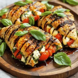 - 4 boneless, skinless chicken breasts - 1 cup fresh mozzarella cheese, cubed - 2 medium tomatoes, diced - 1/2 cup fresh basil leaves, chopped - 3 cloves garlic, minced - 2 tablespoons balsamic glaze - 1 teaspoon dried oregano - Salt and pepper to taste - 2 tablespoons olive oil - Toothpicks or kitchen twine for securing chicken Each ingredient plays a big role in this dish. The chicken breast is the main part, acting as a tasty pocket for the filling. Fresh mozzarella brings a creamy texture and rich flavor. Diced tomatoes add freshness, while basil gives it that classic Caprese taste. Minced garlic adds a nice kick, and oregano rounds out the flavors. Balsamic glaze adds a sweet and tangy finish when drizzled on top. Olive oil helps with cooking and adds flavor. Don't forget to secure the chicken with toothpicks or twine to keep everything in. Choosing fresh ingredients makes a huge difference in taste, so go for quality when you can! 1. Preheating and Mixing Ingredients: First, preheat your oven to 375°F (190°C). In a bowl, mix diced tomatoes, cubed mozzarella, chopped basil, minced garlic, oregano, salt, and pepper. Stir well until all ingredients blend nicely. 2. Preparing the Chicken Breast: Take each chicken breast and place it on a cutting board. Using a sharp knife, create a pocket in the side. Be careful not to cut through the other side of the breast. This pocket will hold the tasty filling. 3. Stuffing and Securing the Chicken: Generously stuff each chicken breast with the Caprese mixture you made. Make sure to pack it in well. Use toothpicks or kitchen twine to secure the openings. This keeps the filling from spilling out while cooking. 1. Searing the Chicken: Heat olive oil in a large skillet over medium-high heat. Once the oil is hot, add the stuffed chicken breasts. Sear for about 3-4 minutes on each side until they turn golden brown. This step adds a nice color and flavor. 2. Baking Instructions: After searing, transfer the chicken breasts to a baking dish. Drizzle balsamic glaze over them. Sprinkle a little more salt and pepper if you want extra flavor. Bake in the preheated oven for 20-25 minutes. The chicken should reach an internal temperature of 165°F (75°C). 3. Final Resting Time: Once the chicken is cooked, remove it from the oven. Let it rest for about 5 minutes. This allows the juices to redistribute, making the chicken moist and tasty. After resting, slice the chicken and serve. Achieving Perfectly Juicy Chicken To get juicy chicken, start with thin breasts. If they are thick, use a mallet to pound them. This helps them cook evenly. Always check the internal temperature. You want it to reach 165°F (75°C). Letting the chicken rest for five minutes also keeps it moist. Best Practices for Stuffing Chicken When stuffing the chicken, make sure to pack the filling tight. Use fresh ingredients for the best flavor. Secure the openings well with toothpicks or twine to avoid spills. This ensures all the tasty filling stays inside while cooking. Serving Suggestions Slice the stuffed chicken breasts before serving. This allows guests to see the colorful filling. Serve on a clean plate with a drizzle of balsamic glaze. A side salad pairs well for a fresh touch. Garnishing Ideas Garnish with fresh basil leaves for a pop of color. You can also add a sprinkle of extra mozzarella on top. A few slices of fresh tomato can add a nice touch, too. These simple garnishes make your meal look gourmet! {{image_2}} Alternative Cheeses You can switch out fresh mozzarella for other cheeses. Try using provolone for a sharper taste. Feta adds a tangy twist. Goat cheese gives a creamy texture. Each cheese changes the flavor, so feel free to explore. Different Herbs and Seasonings While basil is classic, you can use parsley or thyme. These herbs bring a fresh taste. Also, try adding red pepper flakes for a bit of heat. Experimenting with spices can lead to exciting new flavors. Accompaniments Caprese stuffed chicken pairs well with many sides. A crisp salad balances the meal nicely. Roasted vegetables add color and nutrients. Garlic bread is always a hit. Choose sides that enhance the flavors. Meal Pairing Ideas For a complete meal, serve with rice or quinoa. These grains soak up the chicken juices. A light white wine, like Pinot Grigio, complements the dish. Try pairing with a simple dessert for a perfect finish. To store leftovers, let the chicken cool first. Place your Caprese stuffed chicken in an airtight container. This helps keep it fresh. You can also wrap it tightly with plastic wrap. Store it in the fridge for up to three days. If you want to keep it longer, freeze it. In the freezer, it can last for two to three months. When you’re ready to enjoy leftovers, there are a few ways to reheat them. You can use the oven, microwave, or stovetop. If using the oven, preheat it to 350°F (175°C). Place the chicken in a baking dish and cover it with foil. This keeps it moist while reheating. Heat for about 15-20 minutes or until warm. For the microwave, place the chicken on a plate. Cover it with a damp paper towel. Heat for 1-2 minutes, checking often to avoid drying it out. If you want to use the stovetop, heat a skillet over medium heat. Add a little olive oil or broth to the pan. Cook for about 5-7 minutes, turning to heat evenly. To retain moisture, always cover the chicken while reheating. Enjoy your tasty meal again! Yes, you can use frozen chicken breasts. Just remember to thaw them first. Thawing helps cook them evenly. You can do this in the fridge overnight or use the microwave. Once thawed, follow the same steps to stuff and cook them. You can serve Caprese Stuffed Chicken with many sides. A fresh salad pairs well. You can also try garlic bread or roasted veggies. Pasta with olive oil and herbs works nicely too. These sides balance the flavors of the chicken. To check if the chicken is fully cooked, use a meat thermometer. Insert it into the thickest part of the chicken. The internal temperature should reach 165°F (75°C). If you don’t have a thermometer, cut into the chicken. The meat should be white with no pink inside. In this post, we covered how to make delicious Caprese Stuffed Chicken Breast. We explored the key ingredients like chicken, cheese, and fresh veggies. I guided you through step-by-step prep and cooking, ensuring juicy results. You learned tips for presenting and serving this dish. I also shared storage info and answered common questions. This recipe not only impresses guests but is simple to make at home. Try it, enjoy it, and get creative with your own twists!