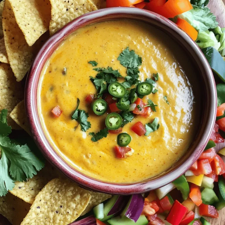 To make a delicious vegan cashew queso dip, you need a few simple ingredients. Here’s the list: - 1 cup raw cashews, soaked for at least 4 hours - 1/2 cup nutritional yeast - 1/2 cup water (adjust for desired consistency) - 1 tablespoon lemon juice - 1 teaspoon garlic powder - 1 teaspoon onion powder - 1 teaspoon smoked paprika - 1/2 teaspoon cumin - 1/2 teaspoon cayenne pepper (optional for extra heat) - Salt to taste - 1 diced jalapeño (seeds removed for less heat) - 1 medium tomato, diced - 1/4 cup chopped fresh cilantro for garnish Each ingredient plays a key role. The raw cashews give the dip its creamy base. Soaking them is crucial to soften their texture. Nutritional yeast adds a cheesy flavor, while lemon juice brings brightness. Spices like smoked paprika and cumin add warmth and depth. Jalapeños add a kick, but you can leave them out for less heat. Finally, fresh cilantro gives a fresh touch and a burst of color. This dip is not only tasty but also packed with nutrients. You can enjoy it with chips, veggies, or as a topping on tacos. Each bite brings rich flavor and a creamy texture that everyone will love! Soaking cashews is key. You need to soak them for at least 4 hours. This softens them and makes blending easy. Soaking also helps release natural flavors. Rinse the cashews well after soaking. Draining them removes any excess water. This step ensures a smooth dip. Now, it’s time to blend! Place the soaked cashews in a high-speed blender. Add the following: - 1/2 cup nutritional yeast - 1/2 cup water (adjust for desired consistency) - 1 tablespoon lemon juice - 1 teaspoon garlic powder - 1 teaspoon onion powder - 1 teaspoon smoked paprika - 1/2 teaspoon cumin - 1/2 teaspoon cayenne pepper (optional for extra heat) - Salt to taste Start blending on high until the mix is smooth and creamy. You might need to stop and scrape down the sides. If it’s too thick, add a bit more water. For a thinner dip, increase the water a little at a time. Transfer your creamy mix to a bowl. Now, stir in the veggies. Add: - 1 diced jalapeño (seeds removed for less heat) - 1 medium tomato, diced Mix well and taste it. You can add more salt or lemon juice if you want. Cover and chill it for at least 30 minutes. This lets the flavors blend better. Serve with tortilla chips, fresh veggies, or drizzle it over tacos. Enjoy your tasty vegan cashew queso dip! You can make this queso dip thick or thin based on your taste. For a thick dip, use less water when blending. If you prefer it runny, slowly add more water until you reach the right texture. You can also try adding more soaked cashews for thickness or a splash of water for a smoother dip. Spices make a big difference in flavor. I suggest using smoked paprika and cumin for warmth. Garlic powder and onion powder add depth. Always taste your dip as you mix. If it needs more zing, add a touch more lemon juice or salt. You can also adjust the heat with cayenne pepper or more jalapeños. This dip pairs perfectly with tortilla chips or fresh veggies. For a fun twist, try drizzling it over tacos or nachos. You can even use it as a creamy sauce in wraps or burrito bowls. Get creative and enjoy this dip in many ways! {{image_2}} You can heat things up by adding more jalapeños or hot sauce. If you love spice, go for it! Dice extra jalapeños and mix them in. You can add a splash of your favorite hot sauce. This will give your dip a nice kick. Adjust the spice to match your taste. Just remember, start small and add more as needed. To make your dip taste cheesier, use different spices. Try adding a pinch of turmeric for color. A bit of smoked salt can mimic a cheese flavor too. You can also mix in some onion powder or garlic powder for depth. Nutritional yeast already adds a cheesy vibe, but feel free to experiment! Incorporating roasted peppers or corn adds texture and flavor. Roasted peppers bring a sweet and smoky taste. You can use red or yellow bell peppers for a pop of color. Corn adds a nice crunch and sweetness. Just fold these veggies into the dip before serving for a fresh twist. Store your leftover vegan cashew queso dip in an airtight container. This keeps it fresh. Make sure to let it cool to room temperature before sealing. Place it in the fridge. It should be good for about 4 to 5 days. When you're ready to eat, give it a good stir. If it seems thick, add a little water to thin it out. To freeze the dip, use a freezer-safe container. Leave some space at the top for expansion. It’s best to freeze it in small portions. This way, you can thaw just what you need. To thaw, place it in the fridge overnight. If you need it fast, use the microwave on low power. Stir well after thawing to regain that creamy texture. In the fridge, the dip lasts 4 to 5 days. In the freezer, it can last up to 2 months. After that, the taste may change. Always check for signs of spoilage. If it smells off or shows mold, it’s best to throw it away. Enjoy your dip while it’s fresh for the best flavor! Yes, you can make this dip nut-free! Use sunflower seeds instead of cashews. Soak them for about four hours, just like the cashews. This keeps the texture smooth. You can also try using white beans. They blend well and add creaminess too. To add heat, use more jalapeños. Diced, they bring a fresh kick. You can also add a few dashes of hot sauce. Another option is to increase the cayenne pepper. Start with a little more, then taste as you go. To enhance creaminess, add more water while blending. This will give you a smoother dip. You can also throw in a bit of coconut cream. It adds richness without dairy. Lastly, ensure you blend until the mixture is super smooth. This helps achieve that creamy texture. This blog post covered a delicious cashew queso dip. We discussed the simple ingredients, from cashews to fresh cilantro. You learned how to prepare cashews, blend them, and mix in veggies. We shared tips for adjusting the dip’s texture and flavor. Variations like spicy and cheesy options were highlighted. Storage instructions ensure your dip stays fresh. Enjoy experimenting with this recipe! You can make it your own with simple changes.