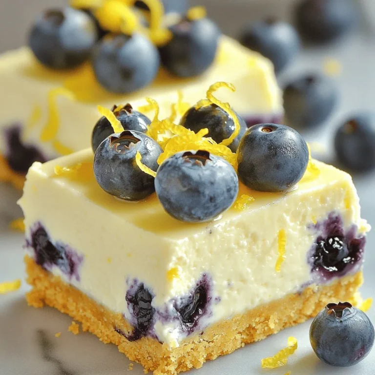 To make these lemon blueberry cheesecake bars, you will need: - 1 ½ cups graham cracker crumbs - ½ cup unsalted butter, melted - 2 tablespoons sugar - 16 oz cream cheese, softened - 1 cup sugar - 2 large eggs - 1 teaspoon vanilla extract - 2 tablespoons lemon juice - Zest of 1 lemon - 1 cup fresh blueberries Each ingredient plays a key role. The graham cracker crumbs form a crunchy crust. The cream cheese gives a rich and creamy texture. Fresh blueberries add vibrant color and a sweet burst of flavor. To make your bars even more special, consider these garnishes: - Lemon zest for a fresh touch - Extra blueberries for added color - Whipped cream for a creamy finish These garnishes bring a nice visual appeal and enhance the taste. If you need to swap ingredients, here are some options: - Use coconut oil instead of butter for a dairy-free version. - Substitute Greek yogurt for cream cheese for a lighter taste. - Try honey or maple syrup instead of sugar for natural sweetness. These substitutions can help you customize the recipe to fit your dietary needs or preferences. Start by preheating your oven to 350°F (175°C). I like to line an 8x8 inch baking dish with parchment paper. Leave some paper hanging over the sides. This helps with easy removal later. In a mixing bowl, combine 1 ½ cups of graham cracker crumbs, ½ cup of melted unsalted butter, and 2 tablespoons of sugar. Mix until it looks like wet sand. Press this crumb mixture into the bottom of the baking dish. Use the back of a measuring cup to make it even. Bake the crust for 10 minutes. Once done, let it cool for a few minutes. In another bowl, beat 16 oz of softened cream cheese with 1 cup of sugar. Mix until it is smooth and creamy. Next, add 2 large eggs, one at a time. Make sure to mix well after each one. Now, add 1 teaspoon of vanilla extract, 2 tablespoons of lemon juice, and the zest of 1 lemon. Mix until everything is combined. Gently fold in 1 cup of fresh blueberries. This ensures they spread evenly in the filling. Pour the cheesecake mixture over the pre-baked crust. Spread it out evenly in the dish. Bake in the oven for 30-35 minutes. The center should be set but a bit jiggly. After baking, remove it from the oven and let it cool at room temperature. Once cool, refrigerate the bars for at least 2 hours. This helps the cheesecake firm up. After chilling, lift the bars out using the parchment paper. Cut into squares and serve! To get a creamy texture, start with softened cream cheese. Cold cream cheese will not mix well. Beat the cream cheese and sugar until smooth. This step is key to avoid lumps. Make sure to mix in the eggs one at a time. This helps keep the mixture light and airy. Folding in the blueberries gently will also keep your bars soft. Use a hand mixer or stand mixer for best results. Mix on low speed to prevent splatters. Scrape down the bowl often to ensure even mixing. Don’t overbeat the batter. Overmixing can add air, making the bars puff up. Achieving a smooth batter is important for a nice finish. Once chilled, cut the bars into equal squares. Serve with a sprinkle of lemon zest for color. Adding fresh blueberries on top brightens the dish. You can also pair them with whipped cream for extra creaminess. These bars are perfect for parties or family gatherings. They are best served cold, so keep them in the fridge until ready to enjoy. {{image_2}} You can swap out blueberries for other fruits. Raspberries add a nice tartness. Strawberries bring a sweet and juicy flavor. If you prefer tropical tastes, try mango or pineapple. Each fruit gives a new twist to your cheesecake bars. Just make sure the fruit is fresh for the best taste. If you like your dessert less sweet, cut back on sugar. Start with half a cup instead of a full cup. You can always taste and add more sugar if needed. You can also use honey or maple syrup for a different sweetness. These options can change the flavor and add a unique touch. The crust can change your cheesecake game. Instead of graham crackers, use crushed cookies like Oreos or vanilla wafers. You can also try almond flour for a gluten-free option. Adding nuts to the crust can give it a crunchy texture. Each choice adds its own flavor and personality to the bars. To keep your cheesecake bars fresh, place them in an airtight container. This helps avoid drying out. Make sure to chill them in the fridge. They can last up to five days in the fridge. If you want to keep them longer, consider freezing. To freeze the bars, let them cool completely first. Then, cut them into squares. Wrap each square tightly in plastic wrap. Place the wrapped squares in a freezer-safe bag. You can freeze them for up to three months. When you are ready to eat, just thaw them in the fridge overnight. You can enjoy cheesecake bars cold or warm. If you prefer them warm, preheat your oven to 250°F (120°C). Place the bars on a baking sheet. Heat them for about 10 minutes. This warms them gently without overcooking. Enjoy the fresh, creamy taste! Yes, you can use frozen blueberries. They work well in this recipe. Just make sure to thaw and drain them first. This helps keep the cheesecake bars from getting too watery. Frozen blueberries might burst while mixing, giving a nice color to your bars. These cheesecake bars last about 5 days in the fridge. Store them in an airtight container to keep them fresh. If you want them to last longer, consider freezing them. They can last up to 2 months in the freezer. Just remember to wrap them well to prevent freezer burn. Yes, you can make this recipe dairy-free. Use a dairy-free cream cheese alternative. Also, choose a plant-based butter for the crust. The taste and texture will change a bit, but they will still be delicious. Make sure to check the labels for added sugars or flavors. You now have all you need to create delicious Lemon Blueberry Cheesecake Bars. We covered the key ingredients, baking steps, and useful tips. You learned how to mix for the best texture and explore fun variations. Remember to store leftovers correctly for the best taste later. With simple answers to your questions, you feel ready to make these bars. Enjoy the process and share your tasty treats with others. You’ll impress everyone with your skills!