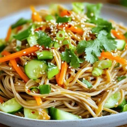 To make tasty sesame ginger soba noodles, gather these key items: - 200g soba noodles - 2 tablespoons sesame oil - 3 tablespoons soy sauce (or tamari for gluten-free) - 1 tablespoon fresh ginger, grated - 2 tablespoons honey or maple syrup - 1 tablespoon rice vinegar - 1 carrot, julienned - 1 cucumber, julienned - 4 green onions, sliced - 1 tablespoon sesame seeds (lightly toasted) - Fresh cilantro for garnish - Chili flakes (optional, for heat) For those with dietary needs, there are great options. Use tamari instead of soy sauce for gluten-free noodles. Maple syrup works well if you want a vegan dish. You can swap the soba noodles with rice noodles too. This change keeps the dish light and gluten-free. Enjoy exploring these alternatives while making your meal! To start, bring a large pot of salted water to a boil. This step is key. The salt helps the noodles absorb flavor. Once boiling, add 200g soba noodles. Cook them for about 4-5 minutes, following the package instructions. Timing is crucial. If you overcook them, they turn mushy. Drain the noodles and rinse them under cold water. This stops the cooking and keeps them firm. Set them aside while you prepare the sauce. In a large bowl, mix together the following for the sauce: - 2 tablespoons sesame oil - 3 tablespoons soy sauce (or tamari for gluten-free) - 1 tablespoon fresh ginger, grated - 2 tablespoons honey or maple syrup - 1 tablespoon rice vinegar Whisk these ingredients until they blend well. The ginger adds a nice kick, while the honey or maple syrup balances the saltiness. Taste the sauce as you mix. If you want it sweeter, add more honey. If you prefer it saltier, add a splash of soy sauce. Now, it’s time to combine everything. Add the cooked soba noodles to the sauce and toss gently. Make sure every noodle is coated. Then, fold in: - 1 carrot, julienned - 1 cucumber, julienned - 4 green onions, sliced Mix until everything is well combined. The veggies add crunch and color. For serving, transfer the noodles to a platter or individual bowls. Sprinkle with 1 tablespoon of toasted sesame seeds and garnish with fresh cilantro. If you like some heat, add chili flakes. This adds a fun kick to the dish. To get the best texture for soba noodles, follow these steps: - Cook Time: Boil the noodles for just 4-5 minutes. Check the package for exact times. - Rinse: After boiling, rinse them under cold water. This stops the cooking and keeps them firm. - Texture: The ideal soba noodles should be chewy, not mushy. To enhance flavors, you can: - Fresh Ingredients: Use fresh ginger for a bright taste. - Balance: Adjust the soy sauce and honey to find your perfect mix of salty and sweet. - Add Heat: If you like spice, add chili flakes for a kick. A few common mistakes can ruin your dish: - Overcooking Noodles: This makes them soft and sticky. Always set a timer. - Skipping the Rinse: This step is key to keeping the noodles separate. Rinsing removes excess starch. By avoiding these mistakes and following my tips, you will make perfect sesame ginger soba noodles every time! {{image_2}} You can change the vegetables in this dish easily. Instead of carrot and cucumber, try bell peppers, snap peas, or zucchini. These options add color and crunch. You can also use frozen veggies to save time. Just thaw them before mixing in. Adjusting the sauce can give you different flavors. If you want a spicy kick, add sriracha or chili paste. For a sweeter sauce, increase the honey or maple syrup. You can swap soy sauce for coconut aminos for a lighter taste. This keeps the dish tasty and fun! Want to make this dish heartier? You can add proteins like tofu, chicken, or shrimp. For tofu, choose firm or extra-firm. Just cube it and sauté it until golden. If you prefer chicken, cook it with some ginger for extra flavor. Shrimp cooks quickly, so add it to the pan just before finishing the veggies. For a vegetarian-friendly option, consider chickpeas or edamame. These options add protein and fiber while keeping the dish light. You can mix and match different proteins to suit your taste. Enjoy exploring these variations! To store your sesame ginger soba noodles, place them in an airtight container. This keeps them fresh and tasty. Make sure the noodles are cool before sealing the container. Leftover noodles stay good for about 3 to 5 days in the fridge. If you see any moisture, it’s best to discard them. Yes, you can freeze soba noodles! Just make sure they are completely cool. Place the noodles in a freezer-safe bag. Remove as much air as possible before sealing. They will keep well for up to 2 months. When ready to eat, take them out and thaw in the fridge overnight. For quick reheating, place them in hot water for a few minutes. This way, they regain their chewy texture without cooking too much. Enjoy your noodles again without losing flavor! You can use rice noodles for a gluten-free option. Another choice is quinoa noodles. These alternatives cook similarly to soba noodles. They also provide a nice texture and flavor. Just check the cooking times, as they may differ. Yes, preparing these noodles ahead is easy. You can cook the soba noodles and store them in the fridge for up to three days. Make the sauce and keep it separate for the best flavor. When ready to eat, toss the chilled noodles with the sauce. Add your veggies fresh for a crunch. Garnishes can really elevate your dish. Fresh cilantro adds bright flavor. Toasted sesame seeds give a nice crunch. Sliced green onions add color and taste too. If you like heat, sprinkle chili flakes on top for a spicy kick. You can also add avocado for creaminess. Enjoy experimenting with your favorite toppings! This blog post covered all you need for Sesame Ginger Soba Noodles. We explored the key ingredients and shared alternatives for dietary needs. I guided you through cooking the noodles, making the sauce, and combining them. We also highlighted tips to improve your dish and avoid common errors. Whether you change ingredients or try different proteins, there are endless ways to enjoy this meal. Remember, storing leftovers is easy. With practice, you’ll perfect your version. Enjoy your cooking journey!