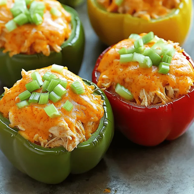 For Air Fryer Buffalo Chicken Stuffed Peppers, you will need: - 4 large bell peppers (any color) - 2 cups cooked shredded chicken - 1/2 cup buffalo sauce (adjust to taste) - 1/2 cup cream cheese, softened - 1/2 cup shredded cheddar cheese - 1/2 cup diced celery - 1/4 cup diced green onions - Salt and pepper to taste - Olive oil spray for coating You can switch out some ingredients if needed: - Use ground chicken or turkey instead of shredded chicken. - Swap buffalo sauce for barbecue sauce for a milder flavor. - Greek yogurt can replace cream cheese for a lighter option. - Try different cheeses like pepper jack for a spicy kick. - Replace celery with diced bell peppers for extra crunch. When picking bell peppers, look for these traits: - Choose firm peppers without soft spots or wrinkles. - Check for bright, shiny skin with no blemishes. - Select peppers that feel heavy for their size. - Consider color; green peppers are less sweet, while red, yellow, or orange are sweeter. - Try to pick peppers that stand upright for better stuffing. 1. Preheat your air fryer to 375°F (190°C). This takes about 5 minutes. 2. Grab 4 large bell peppers. Cut the tops off and remove seeds and membranes. 3. In a bowl, mix together 2 cups of cooked shredded chicken and 1/2 cup of buffalo sauce. Adjust the sauce to your taste. 4. Add 1/2 cup of softened cream cheese, 1/2 cup of shredded cheddar cheese, 1/2 cup of diced celery, and 1/4 cup of diced green onions. Stir until everything is well mixed. 5. Season with salt and pepper to your liking. 1. Stuff each bell pepper with the chicken mixture. Press it down to fill well. 2. Lightly spray the outside of the peppers with olive oil spray. This helps them crisp up nicely. 3. Place the stuffed peppers upright in the air fryer basket. 4. Cook for 15 to 18 minutes. Look for tender peppers and golden tops. 5. Once done, carefully remove the peppers. Let them cool for a few minutes before serving. Serve these stuffed peppers warm. They are great on their own or with a side salad. You can also pair them with ranch or blue cheese dressing for dipping. Enjoy the burst of flavors and the fun of eating with your hands! To stuff peppers well, start with fresh bell peppers. I like to choose large ones for a hearty meal. Cut the tops off and remove all seeds. Make sure to press the filling down firmly. This helps each pepper hold more of that delicious chicken mixture. Fill them generously, but don't overstuff. You want the tops to stay intact during cooking. Buffalo sauce packs a punch! If you want less heat, use less sauce. You can also mix in some cream cheese to tone it down. For extra spice, add more buffalo sauce or some hot sauce. Always taste your filling before stuffing. Adjusting spice levels is easy and makes a big difference. Preheating your air fryer is key. I set mine to 375°F (190°C) for five minutes. This helps the peppers cook evenly. Spray the outside lightly with olive oil. This helps them crisp up nicely. Arrange the stuffed peppers in the basket, standing upright. Cook them for 15-18 minutes until tender and golden. If they look dry, spritz them with a bit more oil halfway through. {{image_2}} You can switch up the chicken in this recipe. Ground turkey works well. It has a mild taste and takes on flavors easily. Shredded rotisserie chicken is another great choice. You can save time and enjoy that rich flavor. For a spicy twist, use shredded pork. Just remember to adjust the buffalo sauce to match your protein choice. If you want a meat-free option, try using jackfruit. It has a similar texture to chicken. Simply shred it and mix with buffalo sauce. For a creamy base, use vegan cream cheese. You can also combine black beans and corn for a hearty filling. Both options make for a tasty stuffed pepper that everyone will love. Get creative with your flavors! Try adding some ranch dressing for a creamy kick. You can mix in diced jalapeños for extra heat. If you like sweet and spicy, add some pineapple chunks. For a Mediterranean twist, mix in feta cheese and olives. These variations can make your stuffed peppers unique and exciting. To keep your Air Fryer Buffalo Chicken Stuffed Peppers fresh, store them in an airtight container. Let the peppers cool down before sealing them. This keeps moisture from building up inside. You can store them in the fridge for up to three days. Make sure to label the container with the date for easy tracking. When you want to eat your leftovers, you can reheat them easily. Preheat your air fryer to 350°F (175°C). Place the stuffed peppers in the basket and heat them for about 5 to 7 minutes. This method helps keep the peppers crispy. You can also use a microwave if you're short on time. Just heat them for 1 to 2 minutes until they are warm. If you want to save them for later, freezing is a great option. Wrap each stuffed pepper in plastic wrap, then place them in a freezer-safe bag. Make sure to remove as much air as possible. They can stay frozen for up to three months. When you’re ready to eat, thaw them in the fridge overnight before reheating. No, you cannot use raw chicken in this recipe. The filling needs cooked chicken for safety. Raw chicken must reach 165°F (74°C) to be safe. Cooking it inside the peppers can lead to uneven cooking. Always use cooked shredded chicken for the best results in flavor and safety. To keep the peppers firm, choose fresh ones with thick walls. Cut the tops off and remove seeds, but do not soak them. Lightly spray the outside with olive oil. This helps crisp the skin during cooking. Air fry them at a high temperature for even better results. Many sauces pair well with these stuffed peppers. Classic ranch or blue cheese dressing adds creaminess. You can also try a spicy mayonnaise for extra heat. Honey mustard works too, balancing the spice with sweetness. Experiment to find your favorite combination! In this article, we explored how to make Buffalo Chicken Stuffed Peppers. We covered key ingredients, substitutes, and tips for selecting the best bell peppers. You learned step-by-step instructions for prep and cooking in an air fryer. We also shared ways to perfect your stuffing and customize flavors. Finally, we discussed storage techniques and answered common questions. Remember, experimenting can make your dish even better. Enjoy your cooking!