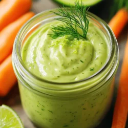 - 1 ripe avocado - 1/2 cup Greek yogurt - 1/4 cup mayonnaise The main stars of this dressing are the ripe avocado, Greek yogurt, and mayonnaise. The avocado adds a creamy texture and rich flavor. Greek yogurt brings a slight tang and boosts the creaminess. Mayonnaise adds depth and smoothness to the mix. - 1 tablespoon lime juice (freshly squeezed) - 1 teaspoon garlic powder - 1 teaspoon onion powder Fresh lime juice gives a zesty kick. Garlic powder adds warmth and a savory note. Onion powder enhances the overall flavor without overpowering it. - 1 tablespoon fresh dill, chopped (or 1 teaspoon dried dill) - 1/2 teaspoon salt (adjust to taste) - 1/4 teaspoon black pepper Fresh dill adds a bright herbal taste. Salt brings out all the flavors, making each bite pop. Black pepper adds a gentle heat that rounds out the dressing. This mix of ingredients creates a rich and vibrant dressing. Each ingredient plays a role in making it fresh and flavorful. Start by cutting the ripe avocado in half. Use a sharp knife to slice through the skin. Make sure to cut all the way around the pit. Once you have two halves, gently twist them apart. Next, you need to remove the pit safely. To do this, hold one half in your hand. Use the knife to carefully strike the pit. Twist the knife to pop it loose. Be careful not to cut your hand. Once the pit is out, scoop the green flesh into your blender. Now, it’s time to add the other ingredients. In the blender, put the avocado flesh first. Next, add half a cup of Greek yogurt. Then, pour in a quarter cup of mayonnaise. Don’t forget the freshly squeezed lime juice, one tablespoon. Sprinkle in the garlic powder and onion powder, each one teaspoon. Add the chopped dill, half a teaspoon of salt, and a quarter teaspoon of black pepper. Blend everything until it’s smooth and creamy. If the dressing is too thick, add buttermilk or regular milk a little at a time. Blend again until you reach the right consistency. Once blended, taste the dressing. This is the best time to adjust the flavor. If you want more salt or lime, add it now. You can also add more dill if you like. After you’re happy with the taste, transfer the dressing to a jar or airtight container. Refrigerate it for at least 30 minutes. This helps the flavors blend well together. Enjoy your fresh and tasty Avocado Lime Ranch Dressing! To thin your dressing if it's too thick, simply add buttermilk or regular milk. Start with a tablespoon. Blend again until smooth. This helps you reach the right texture without losing flavor. For creaminess without excess calories, Greek yogurt is key. It adds creaminess while keeping fat and calories lower than sour cream. Mixing avocado and yogurt gives you a rich base that feels indulgent yet healthy. Balancing tanginess and creaminess is essential. Lime juice offers a bright kick, while avocado and yogurt bring smoothness. Adjust lime juice to taste; you want it fresh but not overbearing. Using fresh ingredients is crucial for the best flavor. Fresh dill adds a unique taste that dried herbs can’t match. Always choose ripe avocados for a rich, buttery texture. Incorporate this dressing into meals in many ways. Drizzle it over salads for a refreshing twist. It also works great as a dip for fresh veggies or chips. Get creative! Use it as a spread on sandwiches or wraps. You can even mix it into grain bowls for added flavor. This dressing is versatile and enhances many dishes. {{image_2}} Making it dairy-free: You can swap Greek yogurt and mayonnaise for dairy-free options. Use vegan yogurt and a plant-based mayo. This keeps the flavor but removes dairy. Keto-friendly adjustments: To make this dressing keto-friendly, replace Greek yogurt with full-fat sour cream. This change lowers carbs while keeping it creamy and rich. Adding spices or herbs for a twist: Get creative with spices! Try adding a pinch of cayenne for heat or smoked paprika for a smoky taste. Fresh herbs like cilantro or basil can also add a nice touch. Using different citrus juices: If you want a different zing, try using lemon or orange juice instead of lime. Each citrus brings its unique flavor to the dressing. Alternatives for Greek yogurt and mayo: No Greek yogurt? Use silken tofu or cashew cream as smooth alternatives. For mayo, an avocado puree works well, adding extra creaminess. How to adjust the recipe for different avocados: If you use a smaller avocado, adjust the other ingredients to keep the balance. For larger ones, you might need to add a bit more lime juice or seasoning for flavor. For the best storage, use a glass jar or an airtight container. These keep the dressing fresh. Make sure the lid seals tightly. This helps avoid air exposure. You can also press plastic wrap onto the surface. This limits air contact and keeps it tasty longer. You can store this dressing in the fridge for about a week. After that, it might not taste as good. Look for changes in color or smell. If it smells sour or looks brown, it’s time to toss it. You can use leftover dressing in many ways. Drizzle it on tacos or use it as a dip. Try it on grilled chicken or fish for added flavor. You can even mix it into pasta salads for a creamy twist. Be creative and enjoy the leftovers! Yes, you can make this dressing ahead of time. It tastes even better after chilling. Store it in the fridge for up to five days. Just keep it in an airtight container. The flavors will blend nicely and get richer. No, this dressing has yogurt and mayonnaise. However, you can make it vegan. For a vegan version, use plant-based yogurt and vegan mayo. You can also substitute buttermilk with almond milk or soy milk. This way, you keep the taste while making it vegan-friendly. You can pair this dressing with many salads. It works great with green salads, taco salads, or even grain bowls. You can also use it as a dip for fresh veggies like carrots, cucumbers, or bell peppers. It's a tasty way to enjoy healthy snacks! This blog post guides you through making Avocado Lime Ranch Dressing from start to finish. We covered the key ingredients, how to prepare and blend them, and tips for perfecting texture and flavor. You can adjust for dietary needs or serve it in new ways. Remember to store leftovers properly to maintain freshness. Have fun with this versatile dressing, whether on salads or other dishes. The right balance of flavors can elevate your meals. Enjoy creating this tasty addition to your kitchen!