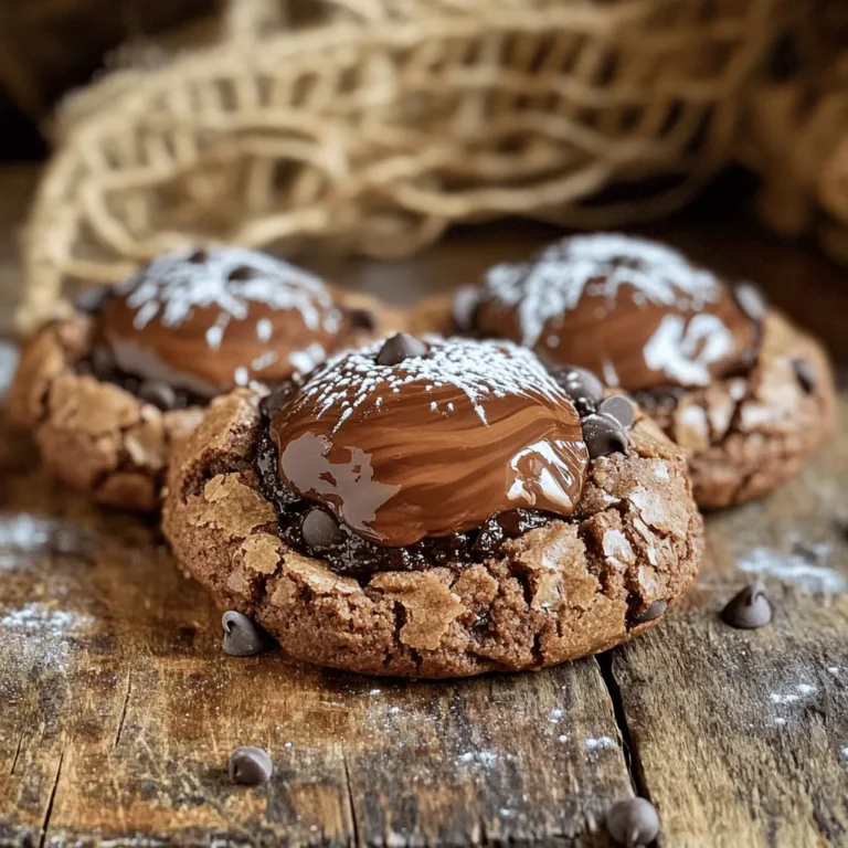 To make these cookies, you will need: - 1 cup (2 sticks) unsalted butter, softened - 1 cup granulated sugar - 1 cup brown sugar, packed - 2 large eggs - 1 teaspoon vanilla extract - 1 ¾ cups all-purpose flour - ½ cup unsweetened cocoa powder - ½ teaspoon baking soda - ½ teaspoon salt - 1 cup semi-sweet chocolate chips - ½ cup Nutella (or more for extra stuffing) These ingredients create a rich and gooey cookie. The butter gives it moisture, while the sugars add sweetness. Cocoa powder and chocolate chips bring the chocolate flavor. Nutella adds a creamy and luscious center. You can enhance the cookies with a few optional ingredients: - 1 teaspoon espresso powder for a coffee kick - ½ cup chopped nuts like walnuts or pecans - A pinch of sea salt on top for contrast Adding espresso deepens the chocolate flavor. Nuts give a nice crunch, and sea salt balances sweetness. If you need to make changes, here are some substitutions you can try: - Coconut oil instead of butter for a dairy-free option - Maple syrup instead of granulated sugar for a natural sweetener - Almond flour instead of all-purpose flour for a gluten-free version These swaps allow you to cater to dietary needs without losing flavor. Experiment and find what works best for you! Start by preheating your oven to 350°F (175°C). This step ensures even baking. Next, line a baking sheet with parchment paper. This helps prevent sticking and makes for easy cleanup. In a large bowl, add 1 cup of softened unsalted butter, 1 cup of granulated sugar, and 1 cup of packed brown sugar. Beat these together until the mix is light and fluffy. This should take about 2 to 3 minutes. Creaming the butter and sugars well helps give your cookies a nice texture. Now, add 2 large eggs to the butter-sugar mix, one at a time. Make sure to mix well after each egg. Stir in 1 teaspoon of vanilla extract. This adds wonderful flavor to your cookies. In a separate bowl, whisk together 1 ¾ cups of all-purpose flour, ½ cup of unsweetened cocoa powder, ½ teaspoon of baking soda, and ½ teaspoon of salt. Gradually add this dry mix to your wet ingredients. Stir until just combined. Be careful not to overmix; this keeps your cookies soft. Cover your dough with plastic wrap and chill it in the fridge for about 30 minutes. Chilling helps the cookies hold their shape. While the dough chills, spoon ½ cup of Nutella into a small bowl. You can also use a piping bag for easy filling later. After chilling, take the dough out of the fridge. Use a cookie scoop to grab about a tablespoon of dough. Flatten it slightly in your palm and add about 1 teaspoon of Nutella in the center. Enclose the dough around the Nutella to form a ball. Place these on the prepared baking sheet, spacing them about 2 inches apart. Bake the cookies for 10 to 12 minutes. The edges should look set while the center remains soft. Let them cool on the baking sheet for 5 minutes before moving them to a wire rack. Enjoy your cookies warm, maybe with some extra chocolate drizzled on top or a scoop of vanilla ice cream! To get the best cookie texture, follow these steps: - Use room temperature butter: Softened butter mixes better and helps with the dough. - Chill the dough: Letting the dough rest in the fridge for 30 minutes helps it hold shape and stay thick. - Don’t overmix: Stir gently when combining wet and dry ingredients. Overmixing can make cookies tough. To make sure your Nutella center is just right: - Scoop Nutella: Use a small spoon or piping bag to scoop out Nutella. - Use a good amount: Fill each cookie with about 1 teaspoon of Nutella. More is often better! - Seal well: Make sure to fully encase the Nutella with dough to avoid leaks during baking. Watch out for these common mistakes: - Not preheating the oven: Always preheat your oven to 350°F. This helps cookies bake evenly. - Skipping the chilling step: Chilling the dough is vital. It helps the cookies stay thick and chewy. - Overbaking: Bake just until the edges are set. The center should look soft. They will firm up as they cool. {{image_2}} You can mix things up with your Nutella stuffed brownie cookies. Try adding caramel or peanut butter as a filling. These options give each bite a unique taste. You can also use fruit preserves like raspberry or cherry for a fruity twist. Simply replace Nutella with your chosen filling. The process remains the same, and you’ll still get that soft, chewy cookie. Want gluten-free cookies? Swap all-purpose flour with a gluten-free blend. Make sure the blend has xanthan gum for the best texture. You can also use almond flour or coconut flour. Each option may slightly change the taste, but they still work great! Just be sure to check labels, as some products may have gluten. You can enhance your cookies by adding nuts or other mix-ins. Chopped walnuts or pecans add a nice crunch. You can also mix in extra chocolate chips or even crushed candy bars. Just fold them into the dough after adding the chocolate chips. This way, each bite surprises you! To store your Nutella stuffed brownie cookies, place them in an airtight container. Make sure they are completely cool before sealing. This helps keep them soft and fresh. You can keep them at room temperature for about four days. If you want to keep them longer, refrigerate them. They will last up to a week in the fridge. If you want to save time later, freeze the cookie dough. First, scoop the dough into balls and place them on a baking sheet. Freeze the balls for about an hour until firm. Then, transfer the cookie dough balls to a freezer bag. Be sure to label the bag with the date. The dough can stay fresh in the freezer for up to three months. When you're ready to bake, just bake them directly from the freezer, adding a couple of extra minutes to the baking time. To reheat leftover cookies, preheat your oven to 350°F (175°C). Place the cookies on a baking sheet lined with parchment paper. Heat them for about 5-7 minutes. This will help them regain their soft texture. You can also use the microwave. Heat them for about 10-15 seconds. Just be careful not to overheat, or they will become hard. Enjoy your warm cookies! To stop cookies from spreading, chill your dough. After mixing, cover it and place it in the fridge for about 30 minutes. This helps the cookies hold their shape while baking. Also, make sure to space the cookies well on the baking sheet, about 2 inches apart. Yes, you can use different chocolates. Dark chocolate or white chocolate can add a fun twist. Just make sure the chocolate you choose has a smooth texture. This way, it melts nicely inside the brownie cookie. These cookies stay fresh for about a week when stored in an airtight container. If you want to keep them longer, freeze them. They can last up to three months in the freezer. Just thaw them at room temperature before eating. Absolutely! You can make the dough ahead of time and chill it. You can also bake the cookies a day before your event. Just store them properly. This makes it easy to enjoy freshly baked cookies without the last-minute rush. Nutella stuffed brownie cookies are simple and fun to make. We covered key ingredients and some tasty options to mix in. The step-by-step guide helps you bake perfect cookies every time. Remember these tips for great texture and a gooey Nutella center. You can explore fun variations to suit your taste, and I shared how to store and reheat cookies. Whether for a treat or gathering, these cookies will impress. Enjoy baking and sharing these delicious treats with friends and family.