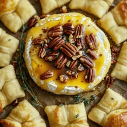 - Brie cheese specifications: You need one round of brie cheese. An 8-ounce wheel works best for this recipe. - Detailed measurement of pecans, maple syrup, spices, and egg wash: - 1 cup chopped pecans - 1/2 cup maple syrup - 1 teaspoon cinnamon - 1/2 teaspoon nutmeg - 1 egg, beaten for egg wash - Crescent roll dough information and alternatives: Use one package of crescent roll dough, which is about 8-10 ounces. If you prefer, you can use puff pastry as a tasty alternative. Just make sure to cut it into similar-sized squares for even baking. Every ingredient plays a key role in making this dish special. The brie melts beautifully, while the pecans and maple syrup add a lovely crunch and sweetness. The dough holds everything together and creates that fun pull-apart texture. 1. Preheat your oven to 350°F (175°C). This heat will melt the brie and crisp the dough. Make sure your oven is ready before you start mixing. 2. In a small bowl, combine the chopped pecans, maple syrup, cinnamon, and nutmeg. Mix well until the pecans are evenly coated in the syrup. This mixture gives the dish its sweet and nutty flavor. 3. Open the crescent roll dough and unroll it on a clean surface. Be careful not to tear the dough as you open it. 4. Cut the dough into small squares, about 2 inches in size. You will need around 16-20 squares for this recipe. These pieces will wrap around the brie and create the pull-apart effect. 1. Take your round of brie and place it in the center of a baking dish or cast-iron skillet. The brie should sit proudly in the middle, ready for toppings. 2. Spoon the maple pecan mixture generously over the top of the brie. Let some of the mixture spill over the sides for extra sweetness. 3. Take the squares of crescent dough and arrange them around the brie. Overlap them slightly to create a pull-apart effect. This means each piece will pull off easily after baking. 4. Brush the tops of the crescent dough with the beaten egg. This will give them a golden color when they bake. Use a pastry brush for an even coat. 1. Bake in the preheated oven for 25-30 minutes. Keep an eye on them to ensure they don’t burn. 2. Look for indicators of doneness. The crescent dough should be golden brown, and the brie should be gooey and melted. A nice golden color means it’s ready to enjoy! - Prepping ingredients in advance: Gather all your ingredients before you start cooking. This makes everything smoother and more fun. Measure out your pecans, maple syrup, and spices. Keep the brie cheese ready to go. It helps to have your crescent roll dough unrolled and cut into squares too. This way, you save time when putting it all together. - How to choose the best brie cheese: Look for brie that feels soft and creamy. It should have a nice white rind. Choose a round of cheese that is around 8 ounces. Make sure it is fresh, as this will give you the best flavor. If you can, buy it from a trusted cheese shop or a local market. - Ensuring even baking: To bake evenly, arrange your dough squares closely around the brie. This helps all parts cook at the same time. Keep an eye on the oven. If you notice uneven browning, you can rotate the dish halfway through baking. Aim for a golden color on the dough and a gooey brie center. - Pairings with drinks or sides: This dish pairs well with sweet drinks like apple cider or sparkling wine. For sides, try serving it with fresh fruit like apples or pears. They add a nice crunch and freshness. You could also add crackers or sliced baguette for more options. - Presentation tips for gatherings: Use a nice baking dish or a cast-iron skillet for serving. This adds a rustic touch. Before serving, garnish with fresh thyme leaves. It looks pretty and adds a hint of flavor. Make sure to place a knife next to the brie for spreading. This makes it easy for guests to enjoy every bite. {{image_2}} You can change the nuts in this recipe. Try walnuts or almonds for a new taste. If you're looking for a different sweetener, use honey or brown sugar. These swaps can add unique flavors. For those needing dairy-free options, choose vegan brie. There are brands made from nuts or soy. You can also skip the egg wash. Brush the dough with almond milk instead. This keeps the golden look without dairy. Adding herbs or spices can take this dish to the next level. Try rosemary or sage for an earthy twist. A pinch of cayenne pepper adds a nice kick. You can also mix in fruits. Sliced apples or pears pair well with brie. They add freshness and balance the sweetness. Consider adding dried cranberries or figs as a topping. These will complement the maple and nuts nicely. To keep your Maple Pecan Baked Brie fresh, store it in the fridge. Use an airtight container or wrap it tightly in plastic wrap. This helps keep the cheese soft and tasty. Always refrigerate within two hours of serving. This prevents bacteria from growing. For reheating, the microwave is quick but may make the dough soggy. Instead, use an oven at 350°F (175°C) for about 10-15 minutes. This warms the brie and keeps the crescent dough crisp. Cover it lightly with foil if you worry about browning too much. Yes, you can freeze baked brie, but it’s best not to freeze it after baking. Freezing may change its texture, making it less creamy. Instead, freeze the prepared brie before baking. To prepare for freezing, assemble the dish without baking. Wrap it well in plastic wrap, then foil. Label it with the date. You can freeze it for up to three months. When ready to bake, thaw it in the fridge overnight before cooking. This way, you’ll enjoy that gooey brie and crunchy dough! What is the best cheese for this recipe? The best cheese for this recipe is brie. It has a soft texture and creamy flavor. You can also try camembert if you want a different taste. Both cheeses melt well and pair nicely with maple and pecans. Can I make this in advance? Yes, you can prepare the dish in advance. Assemble it, cover it, and store it in the fridge. Bake it just before serving for warm, gooey goodness. How do I know when the brie is fully melted? You can tell the brie is fully melted when it bubbles and looks gooey. The crescent dough should be golden brown. Use a knife to check if the center is soft. What to do if the dough doesn’t rise? If the dough doesn’t rise, check if your oven is preheated properly. Also, make sure you are using fresh dough. If it is old, it may not rise well. Fixing burnt or undercooked brie If the brie is burnt, lower the oven temperature next time. For undercooked brie, bake it longer until it is soft and bubbly. Keep an eye on the dough to avoid burning. Suggested serving sizes This recipe serves about 8 to 10 people. If you have a small gathering, cut smaller pieces. Each guest can enjoy a few pull-apart pieces. How to increase servings for larger gatherings To increase servings, double the recipe. Use two rounds of brie and more dough. Make sure to use a larger baking dish to fit everything. Enjoy the fun of sharing! This blog post covered everything you need to make the perfect baked brie. We discussed ingredients and provided step-by-step instructions. I shared tips for perfecting your dish, from choosing the right cheese to ensuring even baking. You learned about variations and how to store or freeze leftovers, plus answers to common questions. Enjoy experimenting with flavors and making this tasty treat for friends and family. Happy baking!