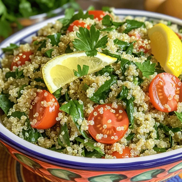 To create a delightful Zesty Lemon Herb Quinoa Pilaf, you need the following ingredients: - 1 cup quinoa, rinsed and drained - 2 cups vegetable broth - 1 tablespoon olive oil - 1 small onion, finely chopped - 2 garlic cloves, minced - 1 teaspoon cumin - 1 teaspoon dried oregano - 1/2 teaspoon red pepper flakes (optional) - Zest and juice of 1 large lemon - 1 cup fresh spinach, chopped - 1/2 cup cherry tomatoes, halved - 1/4 cup fresh parsley, chopped - Salt and pepper to taste Each ingredient plays a key role in building flavor. Quinoa serves as the base, providing a nutty taste and fluffy texture. Vegetable broth adds rich flavor, while olive oil offers a smooth mouthfeel. The onion and garlic create a savory foundation. Spices like cumin and oregano enhance the dish with warmth. Lemon zest and juice brighten the flavor, making it zesty and refreshing. Fresh spinach and cherry tomatoes add color and nutrients. Parsley brings a fresh finish. Salt and pepper round out the taste, making every bite delightful. Using fresh ingredients ensures a vibrant dish that stands out on your table. Start by heating olive oil in a medium saucepan over medium heat. Once hot, add the finely chopped onion. Sauté the onion until it turns translucent, which takes about 4 to 5 minutes. This step adds a nice sweetness to the dish. Next, stir in the minced garlic, cumin, oregano, and red pepper flakes if you want some heat. Cook this mixture for about one minute. You want to release the spices' aroma. Now it’s time to add the quinoa. Pour the rinsed and drained quinoa into the saucepan. Stir it for 1 to 2 minutes to toast it slightly. This will enhance the flavor. After toasting, pour in the vegetable broth along with the zest and juice of a large lemon. Bring this mixture to a boil. Once boiling, reduce the heat, cover, and let it simmer for about 15 minutes. You want the quinoa to absorb all the liquid and become fluffy. After the quinoa cooks, take the pan off the heat. Stir in the chopped spinach and halved cherry tomatoes. Cover the pan again for a few minutes. This helps the spinach wilt perfectly and adds color to the dish. Finally, use a fork to fluff the quinoa. Stir in the fresh parsley and season with salt and pepper to taste. Your zesty lemon herb quinoa pilaf is now ready to serve! Toasting quinoa brings out its nutty taste. Start by rinsing the quinoa under cold water. This removes the saponins, which can taste bitter. Heat a pan over medium heat. Add the rinsed quinoa to the dry pan. Stir it often for about 2-3 minutes. You want the quinoa to smell fragrant but not burn. To achieve fluffy quinoa, use the right water ratio. For every cup of quinoa, add two cups of vegetable broth. This helps the quinoa cook evenly. Once the broth boils, reduce the heat and cover the pot. Let it simmer for about 15 minutes. After that, remove it from the heat, but keep it covered for a few minutes. This lets the steam finish the cooking process. You can switch up the spices for new flavors. Try adding smoked paprika or coriander for a warm taste. If you like heat, increase the red pepper flakes or add fresh chili. Adding protein or veggies makes the dish heartier. Chickpeas or cooked chicken work well. You can also toss in seasonal vegetables like zucchini or bell peppers. This adds color and nutrition to your pilaf. {{image_2}} You can change your Zesty Lemon Herb Quinoa Pilaf based on the season. Use fresh vegetables that are in season for extra flavor and nutrition. In the spring, add asparagus or peas. Summer is great for zucchini or bell peppers. In the fall, you might enjoy roasted butternut squash. Winter can bring in hearty root veggies like carrots or turnips. Changing the herbs can also make a big difference. Fresh basil or mint can brighten the dish in summer. In colder months, try thyme or rosemary for warmth. Each choice adds a new twist to the pilaf. This recipe is easy to tweak for different diets. It is already vegan and vegetarian friendly, as it uses vegetable broth and no animal products. If you want to add protein, consider chickpeas or lentils. These additions keep the dish filling and nutritious. For those who need gluten-free options, quinoa is naturally gluten-free. Just ensure your vegetable broth is also gluten-free. This way, everyone can enjoy this tasty pilaf without worry. To store leftover Zesty Lemon Herb Quinoa Pilaf, let it cool first. Place it in an airtight container. Refrigerate it within two hours of cooking. This helps keep it fresh. You can enjoy it for up to three days. When you want to reheat the pilaf, use a microwave or a skillet. If using a microwave, heat it for about one to two minutes. Stir it halfway through to ensure even heating. If using a skillet, add a splash of vegetable broth or water. Heat over medium-low heat, stirring until warmed through. This will help keep the quinoa moist. You can freeze Zesty Lemon Herb Quinoa Pilaf for longer storage. To do this, let it cool completely. Spoon the pilaf into freezer-safe bags or containers. Remove as much air as possible before sealing. It helps prevent freezer burn. Frozen quinoa pilaf can last for about three months in the freezer. When ready to eat, simply thaw it in the fridge overnight. Reheat it as mentioned above. Enjoy the flavors as if it were freshly made! Can quinoa be cooked in advance? Yes, you can cook quinoa ahead of time. This is great for meal prep. Cooked quinoa lasts in the fridge for about five days. Store it in an airtight container. You can easily reheat it when needed. How do I know when quinoa is cooked? Quinoa is cooked when it becomes fluffy. You will see tiny white tails around each grain. This means the quinoa has absorbed all the liquid. It usually takes about 15 minutes to cook. If there is still water, let it simmer longer. Is this dish gluten-free? Yes, this dish is gluten-free. Quinoa is a wonderful grain alternative. It is perfect for those with gluten sensitivity. Always check the labels to ensure no cross-contamination occurs. Can I substitute olive oil with another oil? Yes, you can use other oils. Avocado oil or canola oil works well too. Each oil adds a different flavor. Choose one that suits your taste. This recipe for quinoa pilaf brings together simple, healthy ingredients. You learned how to sauté vegetables, cook quinoa, and add fresh flavors. I shared tips for variations and storage, so you can enjoy this dish anytime. Quinoa is versatile, making it perfect for any meal and dietary need. Keep exploring flavors and make this dish your own. Enjoy cooking!