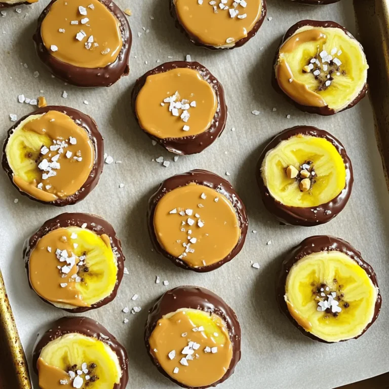 - 2 ripe bananas - 1/2 cup creamy peanut butter - 1 cup semi-sweet chocolate chips - 1 tablespoon coconut oil - Sea salt for sprinkling - Optional toppings: Chopped nuts or shredded coconut You will need just a few simple items for these tasty treats. Start with ripe bananas. Ripe bananas are naturally sweet and soft. They make the bites creamy and delicious! Next, grab some creamy peanut butter. This will give your bites a rich flavor. You will also need semi-sweet chocolate chips. These will cover your banana slices in a sweet layer. A bit of coconut oil helps the chocolate melt smoothly. Don't forget sea salt for a touch of flavor. It will enhance the sweetness of the chocolate. If you want to get creative, you can add toppings like chopped nuts or shredded coconut. These toppings add crunch and taste to your bites. With these ingredients, you can make an easy and fun treat that everyone will enjoy! - Peel and slice bananas into 1/2-inch rounds. - Place banana slices on a parchment-lined baking sheet. First, make sure your bananas are ripe. Ripe bananas are sweeter and easier to work with. When you slice them, aim for even pieces to keep each bite balanced. - Spoon peanut butter onto banana slices. Next, take a small spoon and put a dollop of peanut butter on each slice. About a teaspoon is just right, but you can adjust this. The creamy peanut butter will add richness and flavor to each bite. - Microwave chocolate chips and coconut oil. Now, grab a microwave-safe bowl. Combine the chocolate chips and coconut oil in it. Heat in 30-second bursts, stirring in between. The goal is to melt the chocolate until it is smooth and shiny. - Dip banana slices in melted chocolate. - Place coated bites back on baking sheet. With a fork or toothpick, dip each banana slice into the melted chocolate. Make sure to coat it well. After dipping, return each piece to the lined baking sheet. This step makes them look great and adds a sweet crunch. - Freeze banana bites until solid. Finally, put the baking sheet in the freezer for at least 30 minutes. This will help the chocolate harden. Once they are solid, you can enjoy these tasty treats or save them for later! To make the best chocolate peanut butter banana bites, start with ripe bananas. The riper the bananas, the sweeter they will be. For peanut butter, you can change the amount based on your taste. If you love peanut butter, add more! If you prefer less, use just a little. These bites work great as a dessert, snack, or party treat. They are fun to eat and look great on a platter. You can also serve them with fruit or yogurt for a balanced snack. Having the right tools makes cooking easier. Use a fork to dip the banana slices into the chocolate. A toothpick also helps if you want to avoid messy hands. Don’t forget to line your baking sheet with parchment paper for easy cleanup! {{image_2}} You can make these bites even better. Adding spices like cinnamon gives a warm kick. Just sprinkle a little on the peanut butter. If you want a richer taste, use dark chocolate. It pairs well with the banana and peanut butter. If you don’t have peanut butter, no worries! You can use almond or cashew butter instead. Both options bring unique flavors. Almond butter is nutty and light. Cashew butter is creamy and sweet. Choose your favorite! Toppings can change the game! Try adding crushed pretzels for a salty crunch. You can also use chopped nuts or shredded coconut. Each topping adds a fun texture and taste. Experiment and find your perfect mix! To keep your Chocolate Peanut Butter Banana Bites fresh, store them in the freezer. First, place the bites on a parchment-lined baking sheet. Make sure they are not touching. Freeze them until the chocolate is hard. After that, transfer them to an airtight container. This helps prevent freezer burn and keeps them tasty. When storing, add a layer of parchment paper between layers of bites. This way, they won't stick together. If you want to keep them extra fresh, use a vacuum-sealed bag. This protects the bites from air and moisture. In the freezer, these treats can last up to three months. However, they taste best within the first month. After that, the banana may change in texture. It may get a bit mushy, but they will still taste good. Just remember to label your container with the date. This will help you keep track of their freshness. Yes, you can use frozen bananas. They will be soft and sweet. However, fresh bananas hold their shape better. If you use frozen ones, thaw them first. This way, you can still layer on the peanut butter. To make these bites vegan, choose dairy-free chocolate chips. You can also use a nut butter that has no added milk. This keeps your treat plant-based and still tasty. The best way to melt chocolate is in a microwave. Use a microwave-safe bowl. Heat chocolate chips and coconut oil in 30-second bursts. Stir after each interval until smooth. This method is easy and quick. Yes, these bites can be healthy snacks. They have ripe bananas, which provide potassium. Peanut butter adds protein and healthy fats. Just watch the chocolate amount to keep sugar low. Absolutely! You can prepare these bites ahead of time. Freeze them after coating in chocolate. They will stay fresh for a few weeks. Just take them out when you want a treat! These banana bites are a fun treat that anyone can make. By using ripe bananas, creamy peanut butter, and melted chocolate, you create a tasty snack. Remember to freeze the bites until they're solid. You can add your favorite toppings or switch nut butters for a new flavor. Store them well, and they'll last for weeks. Whether for dessert or a party, these bites will impress everyone. Enjoy making your own yummy snacks at home!