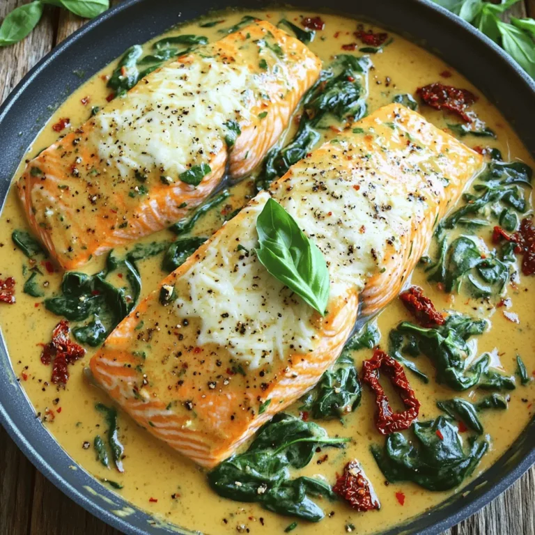 Here’s what you need for Creamy Tuscan Salmon with Spinach. Gather these items to create a rich and tasty meal. - 4 salmon fillets (about 6 oz each) - 2 tablespoons olive oil - 3 cloves garlic, minced - 2 cups fresh spinach, roughly chopped - 1 cup heavy cream - 1/2 cup chicken broth (or vegetable broth) - 1/2 teaspoon Italian seasoning - 1/4 cup sun-dried tomatoes, chopped - 1/4 cup grated Parmesan cheese - Salt and pepper, to taste - Fresh basil or parsley, for garnish Each ingredient plays an important role. The salmon is your star. It brings a rich flavor and healthy fats. Olive oil adds a smooth base for cooking. Garlic gives a nice kick that you’ll love. Fresh spinach adds color and nutrition. Heavy cream makes the sauce rich and creamy. Chicken broth deepens the flavor. Italian seasoning brings a taste of the Mediterranean. Sun-dried tomatoes add a nice sweetness. Parmesan cheese gives a salty, savory boost. Salt and pepper help you balance all these flavors. Finally, fresh herbs like basil or parsley brighten your dish. With these ingredients, you can make a meal that tastes like a five-star dish at home. Enjoy the process of cooking and tasting as you go! - Seasoning the salmon fillets: Start by seasoning your salmon fillets with salt and pepper. Make sure to cover both sides. This step helps enhance the fish's natural flavor. - Searing the salmon in a skillet: Heat olive oil in a large skillet over medium-high heat. Place the seasoned salmon fillets in the hot oil. Sear for about 4-5 minutes on each side. Look for a golden-brown color and ensure the fish is cooked through. Remove the salmon from the skillet and set it aside. - Sautéing garlic and adding spinach: In the same skillet, lower the heat to medium. Add minced garlic and sauté for about 30 seconds. The garlic will smell amazing, but don't burn it! Next, toss in the chopped spinach. Cook it until it wilts, which takes about 2-3 minutes. - Incorporating chicken broth and making the cream sauce: Pour in the chicken broth and stir. Let it cook for an extra minute. This will lift the flavor from the skillet. Now, add the heavy cream, Italian seasoning, and chopped sun-dried tomatoes. Let the mixture simmer gently for 2-3 minutes until it thickens. - Finishing the sauce with cheese: Stir in the grated Parmesan cheese until it melts completely. Taste the sauce and add salt and pepper if needed. - Plating and garnishing the dish: Return the salmon fillets to the skillet. Spoon the creamy sauce over them and heat everything through for about a minute. To serve, plate the salmon and ladle more sauce on top. Garnish with fresh basil or parsley for a beautiful finish. When choosing salmon, look for fillets that are bright and shiny. Fresh salmon has a moist surface and doesn't smell fishy. The best thickness is around one inch. This thickness helps the salmon cook evenly. If you can, buy salmon with the skin on. The skin protects the flesh and adds flavor. To make a thick cream sauce, start by simmering the broth first. This helps reduce the liquid. When you add the heavy cream, keep the heat low. Stir often to avoid burning. A good tip is to use a whisk to mix in the cheese. This keeps the sauce smooth and creamy. Adjust the salt and pepper to your taste. Use a non-stick skillet for searing salmon. This type of pan helps prevent sticking and makes cleanup easy. Preheat the skillet well before adding oil. A hot skillet gives the salmon a nice golden crust. Sear the salmon for about four to five minutes on each side. This method locks in the flavor and keeps the fish moist. {{image_2}} You can swap heavy cream for Greek yogurt. This change cuts calories and adds protein. Greek yogurt gives a nice tangy flavor, too. Mix it in slowly over low heat. This helps keep it creamy and smooth. For a boost in taste, add capers or olives. Both bring a briny flavor that contrasts well with the cream. Just toss in a handful when you add the spinach. This small change makes the dish more exciting. If you need gluten-free choices, check your broth. Use a gluten-free broth to keep it safe. Also, double-check the sun-dried tomatoes. Most are fine, but some brands may add gluten. Enjoy this meal without worry! To keep your creamy Tuscan salmon fresh, follow these tips: - Let the dish cool down to room temperature. - Place the leftovers in an airtight container. - Store the container in the fridge. - Use the leftovers within 2-3 days for best taste. To reheat and keep the creaminess, do this: - Place the salmon in a skillet over low heat. - Add a splash of chicken broth or cream to keep it moist. - Heat gently for about 5-7 minutes until warmed through. - Avoid high heat to prevent the sauce from separating. If you want to freeze your creamy Tuscan salmon, try these steps: - Wrap the salmon tightly in plastic wrap. - Place it in a freezer-safe bag or container. - Label it with the date for easy tracking. - Use it within 2 months for the best quality. - To thaw, move it to the fridge overnight before reheating. Yes, you can use frozen salmon. Just make sure to thaw it first. Thawing helps the salmon cook evenly. It is best to thaw in the fridge for several hours. This method keeps the fish fresh and safe. If you are short on time, you can thaw it in cold water for quicker results. The texture may change slightly, but it still tastes great in the creamy sauce. Pair this dish with sides that complement its rich flavors. Here are some great options: - Rice: White or brown rice soaks up the sauce well. - Pasta: Fettuccine or spaghetti adds a nice touch. - Vegetables: Steamed broccoli or green beans add color and crunch. - Potatoes: Mashed or roasted potatoes make a hearty addition. These sides enhance the meal and balance the creaminess of the salmon. To make this dish dairy-free, swap the heavy cream and cheese. Here are some options: - Cream: Use coconut cream or cashew cream for a rich texture. - Parmesan: Nutritional yeast adds a cheesy flavor without dairy. - Broth: Ensure the broth is also dairy-free, which most are. These swaps keep the flavor while making it suitable for a dairy-free diet. This blog covered a delicious Creamy Tuscan Salmon dish. We discussed the key ingredients, detailed preparation steps, and helpful tips. You learned about healthy variations and storage methods too. Enjoying this meal isn't just about taste; it's about using quality ingredients. You can adapt these steps for your needs. Explore the flavors and impress your loved ones with your cooking skills. Happy cooking!