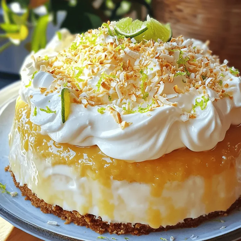 To make a Coconut Lime Tres Leches Cake, you need specific ingredients. Here’s what you will need: - 1 cup all-purpose flour - 1 ½ teaspoons baking powder - ½ teaspoon salt - 1 cup granulated sugar - ¼ cup unsalted butter, softened - 3 large eggs - ½ teaspoon vanilla extract - ½ cup coconut milk - 1 cup sweetened condensed milk - ½ cup evaporated milk - Juice and zest of 2 limes - 1 cup heavy cream - 2 tablespoons powdered sugar - Toasted coconut flakes for garnish These ingredients blend to create a moist and rich cake that bursts with flavor. Adding garnishes gives your cake a beautiful touch. Here are some fun options: - Toasted coconut flakes - Lime zest - Fresh lime slices These add color and texture. They make each slice even more inviting. To bake this cake, you need some tools. Make sure you have: - A 9x13 inch baking dish - Mixing bowls - A whisk or mixer - A fork or skewer for poking holes - Measuring cups and spoons These tools help you create the perfect Coconut Lime Tres Leches Cake. With these ingredients and tools, you're ready to make a delightful treat! Start by preheating your oven to 350°F (175°C). Grease and flour a 9x13 inch baking dish. In a medium bowl, whisk together 1 cup all-purpose flour, 1 ½ teaspoons baking powder, and ½ teaspoon salt. Set this bowl aside. In a large bowl, cream ¼ cup softened unsalted butter and 1 cup granulated sugar until light and fluffy. Use a hand mixer for the best results. Next, add 3 large eggs, one at a time, mixing well after each. Stir in ½ teaspoon vanilla extract. Gradually mix in the dry ingredients until just combined. Then, add ½ cup coconut milk and stir until smooth. Pour the batter into the prepared baking dish. Bake for 25-30 minutes or until a toothpick comes out clean. Let the cake cool completely. While the cake cools, it's time to make the tres leches mixture. In a mixing bowl, whisk together 1 cup sweetened condensed milk, ½ cup evaporated milk, the juice and zest of 2 limes. This mixture gives the cake its rich flavor. Once your cake has cooled, poke holes all over the top using a fork or skewer. Pour the tres leches mixture evenly over the cake. Make sure it seeps into the holes. Let it sit for at least 1 hour, or better yet, overnight in the fridge. This allows the cake to absorb all that creamy goodness. When you are ready to serve, whip 1 cup heavy cream with 2 tablespoons powdered sugar until soft peaks form. Spread or pipe the whipped cream over the top of the soaked cake. For a lovely finish, garnish with toasted coconut flakes and a sprinkle of lime zest. This adds a nice crunch and flavor contrast. Enjoy your Coconut Lime Tres Leches Cake! To get a moist cake, you must soak it well. After baking, poke holes all over the top with a fork. This helps the tres leches mixture seep in. Use a mix of sweetened condensed milk, evaporated milk, lime juice, and zest. Pour it evenly over the cake. Let it sit for at least one hour. Overnight is even better. This long soak is key to achieving that delightful, creamy texture. When whipping cream, start with cold equipment. Chill your mixing bowl and beaters. Use heavy cream for the best results. Beat on medium speed until soft peaks form. This means the cream holds its shape but is still soft. Add powdered sugar gradually to sweeten it. Avoid over-whipping, or it may turn grainy. The goal is to have a smooth and fluffy topping for your cake. One common mistake is not letting the cake cool before soaking. If the cake is warm, it won't absorb the milk mixture properly. Another mistake is using the wrong milk types. Stick to the recipe for the best flavor. Also, be careful not to overmix the batter. This can lead to a dense cake. Finally, don't skip the garnishing! Toasted coconut flakes and lime zest make a big difference in flavor and look. {{image_2}} You can give your Coconut Lime Tres Leches Cake a fun twist by adding pineapple. Use crushed pineapple for this variation. Simply mix in about 1 cup of crushed pineapple into the batter. This adds a sweet, fruity flavor. It pairs well with the coconut and lime. You can also sprinkle some pineapple bits on top for garnish. This will make your cake even more tropical and delightful. If you want a dairy-free version, try using coconut cream instead of heavy cream. Whip the coconut cream until fluffy. This keeps the cake rich and creamy without dairy. Also, make sure to use dairy-free condensed milk. You can find this at most grocery stores. This way, everyone can enjoy the cake without worries. To change the flavor profile, you can use different citrus zests. Try adding orange or lemon zest instead of lime. Each zest brings its own unique taste. For a fun mix, use a combination of zests. This will add depth and brightness to the cake. The change in flavor can be a nice surprise for your guests. Explore different zests and find your favorite! To store leftover Coconut Lime Tres Leches Cake, cover it well. Use plastic wrap or foil. This keeps the cake moist and fresh. Place it in the fridge for up to five days. Always serve chilled for the best taste. You can freeze this cake if you have extra. First, let the cake cool completely. Cut it into slices or keep it whole. Wrap each piece in plastic wrap, then foil. Label the package with the date. You can freeze it for up to three months. Thaw it in the fridge overnight before serving. Reheat the cake gently if you prefer it warm. Place a slice on a microwave-safe plate. Heat it for about 10-15 seconds. This warms it without drying it out. Serve with fresh whipped cream and extra lime zest on top. Toasted coconut flakes add a nice crunch. Enjoy this delightful treat with friends and family! Tres leches cake is a moist dessert from Latin America. It means "three milks" in Spanish. The cake absorbs a mix of three types of milk: evaporated, condensed, and heavy cream. This gives it a rich, creamy texture. The Coconut Lime version adds coconut milk and lime juice, creating a tropical twist. Yes, you can make this cake ahead of time. It tastes best after chilling overnight. Make the cake and let it cool. Then, soak it with the milk mixture and refrigerate. This helps the cake absorb the flavors well. To fix a dry cake, you can add more liquid. If you find your cake is dry, soak it with extra tres leches mixture. Use a fork to poke more holes. Pour the mixture slowly and let it soak in. This will help make it moist again. If you don’t have coconut milk, you can use whole milk or almond milk. Whole milk will keep the creaminess. Almond milk is a good option for a lighter taste. Just remember, it will change the flavor slightly. No, this cake is not gluten-free as it uses all-purpose flour. If you need a gluten-free option, try using a gluten-free flour blend. This will change the texture a bit, but it can still taste great. In this blog post, we covered the ingredients, steps, and tips for making Coconut Lime Tres Leches Cake. You learned about essential ingredients, baking tools, and how to ensure a moist cake. We also explored fun variations and how to store leftovers properly. Remember, baking a great tres leches cake takes practice. Follow these steps closely, and you'll impress everyone at your next gathering. Enjoy the sweet blend of coconut and lime in every bite!