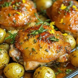 - 4 bone-in, skin-on chicken thighs - 4 cloves garlic, minced - 2 tablespoons fresh rosemary, chopped - 2 tablespoons fresh thyme, chopped - 1 tablespoon fresh parsley, chopped - 1 lemon, zested and juiced I love using bone-in, skin-on chicken thighs because they stay juicy and tender. Fresh herbs like rosemary, thyme, and parsley add great flavor. Garlic gives a wonderful aroma. The lemon zest and juice brighten the dish. - 3 tablespoons olive oil - Salt and pepper, to taste - 1 teaspoon paprika - 1 cup low-sodium chicken broth Using olive oil helps the skin crisp up nicely. Salt, pepper, and paprika add warmth and depth. Low-sodium chicken broth keeps it tasty without being too salty. - 1 cup baby potatoes, halved - Additional herbs for garnish Baby potatoes are a perfect side. They soak up the delicious broth. Extra herbs for garnish make the dish look fresh and vibrant. 1. Preheat the oven and prepare the marinade: Start by setting your oven to 400°F (200°C). This will ensure even cooking. In a small bowl, mix together minced garlic, chopped rosemary, thyme, parsley, lemon juice, lemon zest, olive oil, salt, pepper, and paprika. This mix is your flavorful marinade. 2. Patting the chicken thighs dry and applying the marinade: Take four chicken thighs and dry them with paper towels. This step is key for a crispy skin. Rub the marinade all over the chicken, making sure to get some under the skin. This will give you the best flavor. 3. Arranging potatoes and adding chicken broth: In a large oven-safe skillet, place halved baby potatoes at the bottom. Pour one cup of low-sodium chicken broth over the potatoes. This will keep them moist and full of flavor. 4. Placing chicken in the oven and initial cooking time: Lay the marinated chicken thighs skin-side up on the potatoes. Now, put the skillet in the preheated oven. Roast for 35 to 40 minutes. You want the chicken to reach an internal temperature of 165°F (75°C) and the skin to turn golden and crispy. 5. Basting halfway through cooking: About halfway through, take a spoon and baste the chicken and potatoes with the broth. This step is important to keep everything juicy and flavorful. 6. Resting the chicken before serving: Once the chicken is done, take it out of the oven and let it rest for about five minutes. This helps the juices settle, making each bite tender and tasty. To get the best flavor, it’s key to marinate under the skin. This helps the herbs and garlic soak into the meat. I recommend marinating the chicken thighs for at least one hour. If you have time, let them sit overnight in the fridge. This extra time makes a big difference in taste. For crispy skin, make sure the chicken is dry before cooking. Pat it with paper towels to remove moisture. Roasting at 400°F (200°C) also helps achieve that golden brown skin. The chicken is perfectly cooked when it reaches an internal temperature of 165°F (75°C). Use a meat thermometer to check this. Presentation is important for a great meal. I suggest serving the chicken thighs over a bed of roasted baby potatoes. Drizzle the pan juices on top for added flavor. Garnish with extra fresh herbs to make the dish pop. For sides, consider a fresh salad or steamed veggies. A nice white wine pairs well with this dish, adding to the overall experience. {{image_2}} You can change the flavor of your garlic herb roasted chicken thighs easily. Try using different herbs. For a fresh twist, mix basil, oregano, and sage. You can even add some dill for a unique taste. Adding spices can also make a big difference. A pinch of cayenne pepper gives it a nice kick. You might also like smoked paprika for a deep flavor. Experiment and find what you love! You have choices for cooking your chicken. The air fryer is a quick method. It will give you crispy skin and juicy meat in less time. Just set it to 380°F and cook for about 25-30 minutes. If you prefer slow cooking, use a slow cooker. Cook on low for 6-8 hours for tender, flavorful chicken. This method is great if you want to set it and forget it. Want to switch out the chicken thighs? Chicken breasts work well, too. They may cook faster, so check the temperature sooner. You can also use other meats, like drumsticks or even pork chops. If you want a veggie option, try roasted mushrooms or tofu. They soak up the flavors well. Use the same marinade to keep the taste strong. To store your leftover garlic herb roasted chicken thighs, you have two good options: refrigerate or freeze. If you plan to eat the leftovers soon, refrigeration works best. Place the chicken in an airtight container and store it in the fridge. It will stay fresh for up to four days. If you want to keep it longer, freezing is the way to go. Wrap the chicken tightly in plastic wrap and aluminum foil, or use a freezer-safe bag. This method helps prevent freezer burn. When you're ready to enjoy your leftovers, reheating them properly keeps the chicken juicy. You can use an oven or microwave. For the oven, preheat it to 350°F (175°C). Place the chicken in a baking dish, cover it with foil, and heat for about 20-25 minutes. This method helps keep the skin crispy. If using a microwave, heat on medium power for 2-3 minutes, checking often to avoid drying out the meat. Got extra chicken? Use it in salads, wraps, or pasta dishes. Shredding the chicken adds a tasty twist to your meals. Cooked chicken thighs last up to four days in the fridge. In the freezer, they stay good for up to three months. Always label your containers with the date to keep track of freshness. Enjoying your garlic herb roasted chicken thighs at their best means knowing when they are still good to eat! The best temperature to cook chicken thighs is 400°F (200°C). This high heat helps the skin get crispy while cooking the meat evenly. Cooking at this temperature allows the chicken to reach a safe internal temperature of 165°F (75°C) without drying out. Yes, you can use boneless chicken thighs. They will cook faster than bone-in thighs. Adjust the cooking time to about 25-30 minutes. Make sure the internal temperature still reaches 165°F (75°C) for safety. You can know chicken thighs are fully cooked by checking the internal temperature with a meat thermometer. It should read 165°F (75°C). The juices should run clear, and the meat should no longer be pink. You can serve garlic herb roasted chicken thighs with various sides. Here are some great ideas: - Roasted vegetables, like carrots and Brussels sprouts. - A fresh green salad with lemon vinaigrette. - Creamy mashed potatoes or rice for a hearty meal. - Crusty bread to soak up the delicious juices. This blog post covered how to make garlic herb roasted chicken thighs. We explored the main ingredients like chicken, herbs, garlic, and lemon. I shared tips for marinating and ensuring crispy skin. You learned variations in flavor and cooking methods. Lastly, we discussed how to store leftovers. In conclusion, mastering this recipe gives you a tasty, versatile dish. Experiment with flavors to find your favorite. Enjoy cooking and sharing your delicious meals!