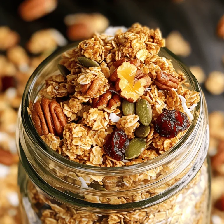 - 2 cups rolled oats - 1 cup pecans, chopped - 1/2 cup pumpkin seeds - 1/4 cup shredded coconut (unsweetened) - 1/2 teaspoon cinnamon - 1/4 teaspoon salt - 1/2 cup maple syrup - 1/4 cup coconut oil or melted butter - 1 teaspoon vanilla extract - 1/2 cup dried cranberries or raisins (optional) These ingredients come together to create a tasty treat. The rolled oats serve as a healthy base, while the chopped pecans add crunch. Pumpkin seeds bring a nice texture and boost of nutrients. Unsweetened coconut gives a hint of sweetness without being overpowering. Cinnamon and salt enhance the flavors, making each bite more delicious. Maple syrup acts as a natural sweetener and binds everything together. Coconut oil or melted butter adds richness. Vanilla extract gives a warm, inviting aroma. Lastly, dried cranberries or raisins add a fruity twist, but they are optional. - Calories per serving: About 200 calories - Key vitamins and minerals: Rich in healthy fats, protein, and fiber. - Health benefits of ingredients: - Pecans: High in antioxidants and good for heart health. - Maple syrup: Contains minerals like zinc and manganese. This granola is not just tasty; it is also packed with nutrition. You get a good mix of energy and health benefits from every bite. 1. Preheat your oven to 325°F (165°C). This helps the granola bake evenly. 2. Line a baking sheet with parchment paper. This keeps the granola from sticking. 3. In a large bowl, combine the dry ingredients: - 2 cups rolled oats - 1 cup pecans, chopped - 1/2 cup pumpkin seeds - 1/4 cup shredded coconut (unsweetened) - 1/2 teaspoon cinnamon - 1/4 teaspoon salt 1. In another bowl, whisk the wet ingredients: - 1/2 cup maple syrup - 1/4 cup coconut oil or melted butter - 1 teaspoon vanilla extract Mix until it’s well combined. 2. Pour the wet mixture over the dry ingredients. Stir well until everything is coated and clumps start to form. 3. Spread the mixture onto the baking sheet. Press it down firmly to help form clusters. 4. Bake for 20-25 minutes. Stir halfway through to ensure even baking. It's done when it's golden brown and smells amazing. 1. Let the granola cool completely on the baking sheet. This step is key for cluster formation. 2. Once cool, mix in any optional ingredients like dried cranberries or raisins. 3. Store the granola in an airtight container. It will stay fresh for up to two weeks at room temperature. To make your granola just how you like it, adjust the sweetness. If you want it sweeter, add more maple syrup. You can also try honey or agave syrup. This way, you find the perfect balance for your taste. For clumpy granola clusters, press the mixture firmly onto the baking sheet. The more you press, the better the clusters form. Stir halfway through baking, but be gentle. If you break the clusters, they won’t stick together well. You can enjoy granola clusters in many fun ways. They are great with yogurt, milk, or even ice cream. You could also sprinkle them on top of oatmeal or smoothies. Try adding fresh fruit as a topping. Sliced bananas, berries, or apples work well. For extra crunch, add some extra nuts or seeds. A drizzle of honey or maple syrup on top adds a sweet touch. One common mistake is overbaking or underbaking. Keep an eye on your granola while it bakes. It should be golden brown, not dark or burnt. If it’s still soft, give it a few more minutes. Be careful with ingredient substitutions. If you swap maple syrup, it can change the flavor. Not all oils work the same, so choose wisely. Stick to coconut oil or butter for the best results. {{image_2}} You can easily change the flavor of your granola. Try adding different nuts or seeds. Almonds and sunflower seeds work well. They add crunch and taste. You can also mix in spices. Nutmeg or ginger can give it a warm flavor. Just a pinch can change everything. If you need a gluten-free version, use gluten-free oats. They taste just as good. For vegan options, swap the butter for coconut oil. This keeps the flavor rich without dairy. You can enjoy this granola while sticking to your diet. Make your granola special with seasonal fruits. In fall, try adding diced apples or pumpkin spice. This will give your granola a cozy feel. For holidays, mix in cinnamon or nutmeg. These flavors make it perfect for sharing with friends and family. To keep your maple pecan granola clusters fresh, use airtight containers. Glass jars or plastic bins work well. Make sure they seal tightly to keep air out. This helps maintain crunchiness and flavor. Avoid using paper bags or boxes, as they let air in and make the granola soft. Store the granola clusters at room temperature. A cool, dry place is best. This way, you’ll enjoy them for longer. For added freshness, you can layer parchment paper between clusters. This prevents them from sticking together. You can freeze granola clusters to enjoy later. First, let them cool completely. Then, transfer them to a freezer-safe bag or container. Remove as much air as possible before sealing. This helps prevent freezer burn. When you’re ready to eat, simply take out the amount you want. Allow them to thaw at room temperature for a few hours. For quicker thawing, you can use the microwave. Heat in short bursts until they soften. At room temperature, your granola clusters last about two weeks. Keep an eye on them for signs of spoilage. If they smell off or taste stale, it’s time to toss them. Look for any changes in color or texture as well. If they become too soft or lose their crunch, they might not be enjoyable. Storing them properly helps you enjoy this tasty treat longer! To make granola clusters, follow these easy steps: 1. Mix Dry Ingredients: In a bowl, stir rolled oats, chopped pecans, pumpkin seeds, shredded coconut, cinnamon, and salt. 2. Combine Wet Ingredients: In another bowl, whisk together maple syrup, coconut oil, and vanilla extract. 3. Combine: Pour the wet mix over the dry mix. Stir until all ingredients are coated. Look for clumps. 4. Spread and Press: Place the mix on a baking sheet. Press down firmly to form clusters. 5. Bake: Cook at 325°F for 20-25 minutes. Stir halfway through for even cooking. 6. Cool: Let it cool completely on the baking sheet. This step helps the clusters form well. You can use honey, agave syrup, or brown rice syrup instead of maple syrup. Each sweetener offers a unique taste: - Honey: Adds a floral note and sweetness. - Agave Syrup: Has a mild flavor, perfect for light sweetness. - Brown Rice Syrup: Slightly nutty, less sweet than maple syrup. These alternatives change the flavor slightly but still taste great! Yes, you can make granola clusters ahead of time. Here are some tips: - Batch Prep: Make a large batch on the weekend. Store it in an airtight container. - Portion Control: Divide clusters into smaller containers for quick snacks. - Longer Storage: Granola clusters last up to two weeks at room temperature. This makes breakfast or snacks easy and quick! You can mix in many tasty add-ins to enhance your granola: - Seeds: Sunflower seeds or chia seeds add crunch and nutrition. - Nuts: Almonds or walnuts provide different flavors. - Dried Fruits: Raisins, cranberries, or apricots give sweetness. - Spices: A pinch of nutmeg or ginger can add warmth. These ingredients boost flavor and nutrition! Homemade granola is often healthier than store-bought options. Here’s why: - Control Ingredients: You choose what goes in. Avoid added sugars and preservatives. - Nutritional Value: You can add nuts, seeds, and dried fruits for more vitamins. - Customization: Adjust sweetness and flavors according to your taste. This lets you enjoy a delicious and healthy snack! You now have a solid recipe for making your own tasty granola clusters. We covered key ingredients, nutritional benefits, and easy step-by-step instructions. Remember to cool your granola to make nice clusters and store it properly for freshness. Feel free to experiment with flavors and ingredients to suit your taste. Homemade granola offers health benefits that store-bought options might lack. Get ready to enjoy a healthy snack that you made yourself!