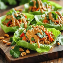 - 1 pound ground chicken - 2 cloves garlic, minced - 1 inch ginger, grated - 1 red bell pepper, finely diced - 1 carrot, grated - 1 tablespoon vegetable oil - 1 tablespoon soy sauce - 2 tablespoons peanut butter - 1 tablespoon lime juice - 1 tablespoon honey In this dish, ground chicken serves as the main protein. It cooks quickly and soaks up all the flavors. Garlic and ginger add a fragrant kick, while red bell pepper and carrot bring color and crunch. The sauce combines soy sauce, peanut butter, lime juice, and honey to create a perfect blend of sweet and savory. - Fresh cilantro - 1/4 cup chopped roasted peanuts - Lettuce leaves (butter or iceberg) For garnishes, fresh cilantro adds brightness. Roasted peanuts give a satisfying crunch. I recommend using butter or iceberg lettuce for the cups. They hold the filling well and make each bite refreshing. 1. Start by heating 1 tablespoon of vegetable oil in a large skillet over medium heat. 2. Add 2 minced cloves of garlic and 1 inch of grated ginger. Sauté these for about 1 minute until they smell good. 3. Next, add 1 pound of ground chicken to the skillet. Break it apart with a spatula. Cook until it turns brown and is fully cooked. This takes about 5 to 7 minutes. 4. Now, stir in 1 finely diced red bell pepper and 1 grated carrot. Cook for another 3 to 4 minutes until the veggies soften. 1. In a small bowl, mix together 1 tablespoon of soy sauce, 2 tablespoons of peanut butter, 1 tablespoon of lime juice, and 1 tablespoon of honey. Whisk until it is smooth. 2. Pour this sauce mixture into the skillet. Stir well to coat the chicken and vegetables evenly. 3. Cook for another 2 to 3 minutes. This helps the flavors blend together. Remove from heat and add 1 tablespoon of chopped fresh cilantro. 1. To serve, take a leaf from a head of butter or iceberg lettuce. Spoon the chicken mixture into the lettuce leaf. 2. Top each cup with 1/4 cup of chopped roasted peanuts for an extra crunch. This makes your dish not only tasty but also fun to eat! To ensure the chicken is cooked fully, use a meat thermometer. The internal temperature should reach 165°F. This will keep your dish safe and tasty. For sautéing, heat your skillet to medium. This helps the garlic and ginger release their flavors without burning. Want a kick in your dish? Add chili flakes to the sauce or mix them in with the chicken. You can also try different sauces. A sweet chili sauce or sesame dressing can add a new twist to your cups. Think about sides that pair well. Fresh cucumber slices or a light salad balance the richness of the chicken. For dips, a spicy peanut sauce or a tangy lime dressing works great. When presenting your cups, use a platter. Arrange the lettuce leaves neatly and fill them with the chicken mix. Top with roasted peanuts for a crunchy finish. {{image_2}} You can switch ground chicken for ground beef or turkey. Both options work well. Beef gives a richer taste. Turkey is leaner and lighter. For a vegetarian meal, use tofu or tempeh instead. Tofu absorbs flavors well. Tempeh adds a nutty taste and firm texture. Both give you a tasty, protein-rich option. Feel free to mix in other veggies. Cucumbers add a nice crunch. Radishes add a peppery zing. You can adjust your mix based on the season. Fresh vegetables from local markets can elevate your dish. Try adding seasonal veggies like zucchini or snap peas for variety. To make this dish gluten-free, use tamari instead of soy sauce. It has a similar taste and works well. For a low-carb option, skip the honey or use a sugar substitute. You can also serve the chicken mix in bell pepper halves instead of lettuce. This way, you cut carbs while enjoying fresh flavors. Store leftover Thai Peanut Chicken in the fridge. Use an airtight container for best results. This keeps the flavors fresh. I recommend glass containers for easy cleaning. Make sure to cool the chicken mixture first before sealing. You can keep it in the fridge for up to three days. To reheat, use the stovetop or microwave. If using the stovetop, warm it slowly on low heat. Stir often to keep the texture nice. For the microwave, heat in short bursts. Check every 30 seconds and stir. To keep lettuce fresh, store it separately. Wrap the leaves in a damp paper towel and place them in a plastic bag. This helps them stay crisp. You can freeze the chicken mixture for later meals. Let it cool completely before putting it in a freezer-safe bag. Remove as much air as possible to avoid freezer burn. It can last up to three months. When ready to eat, thaw it overnight in the fridge. Reheat it on the stovetop, adding a splash of water if needed. This keeps it from drying out. You can swap ground chicken with ground turkey or ground beef. Both choices work well. For a vegetarian option, try crumbled tofu or tempeh. These substitutes add protein and flavor. Just cook them as you would the ground chicken. Yes, you can make the filling ahead of time. Cook the chicken and vegetables, then store them in the fridge. This makes it easy to assemble the cups later. Just reheat the filling in a skillet before serving. It saves time for busy days. You can use almond butter or sunflower seed butter as a lighter choice. These nut butters have fewer calories. Another option is to use a peanut butter powder mixed with water. This gives a similar flavor with fewer calories. This blog post covered tasty chicken lettuce cups. I shared ingredients, step-by-step cooking, and storage tips. You learned how to mix flavors and present your dish well. Remember, you can swap proteins and modify veggies to suit your taste. Don’t forget about reheating and storing to enjoy leftovers later. With these insights, you can bring delightful meals to your table with ease. Enjoy cooking!